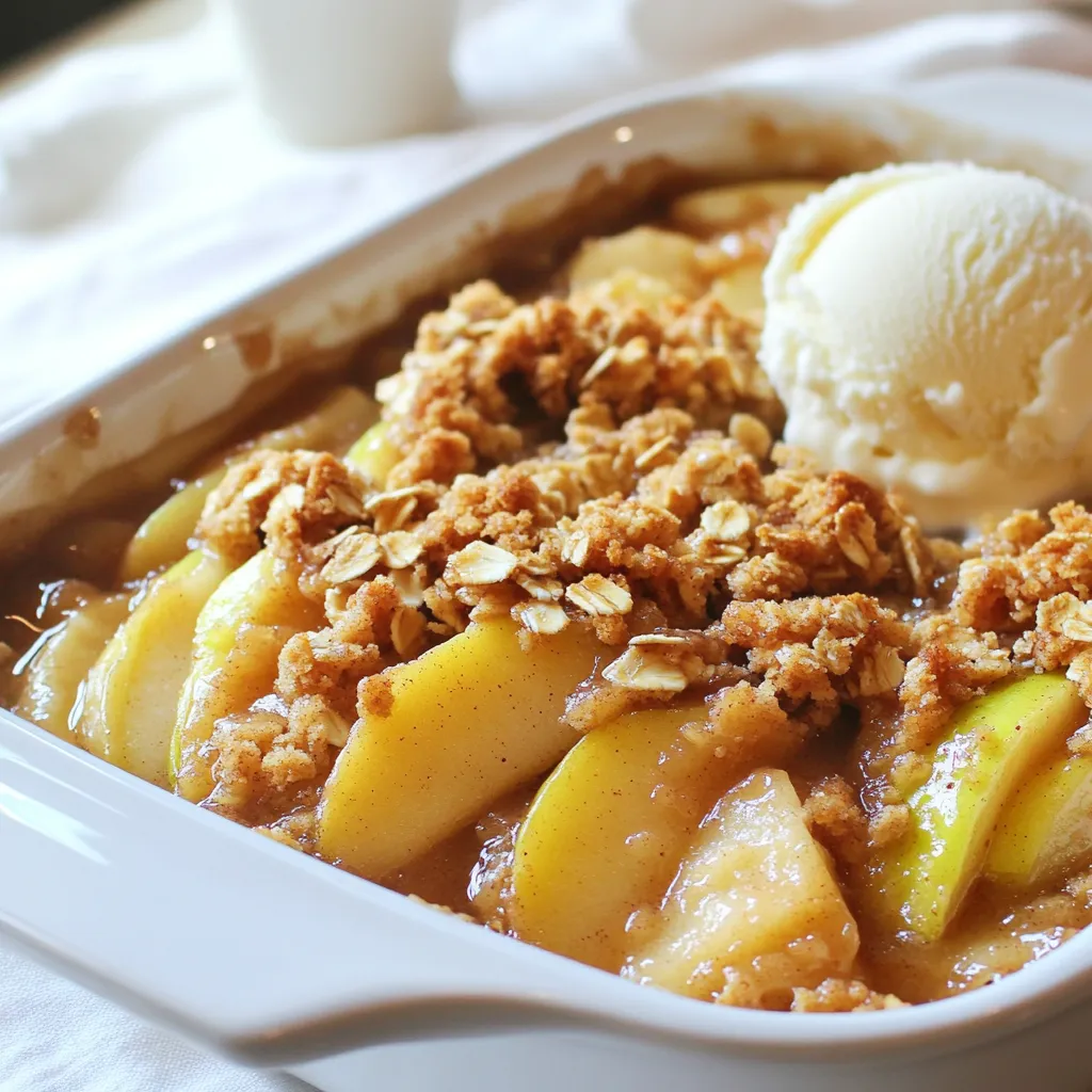 To make the best apple crisp, you need some simple ingredients. Here’s what you will use: - 6 medium Granny Smith apples, peeled and sliced - 1 tablespoon lemon juice - 1 cup rolled oats - 1 cup all-purpose flour - 1 cup packed brown sugar - 1/2 cup granulated sugar - 1 teaspoon ground cinnamon - 1/2 teaspoon ground nutmeg - 1/2 cup unsalted butter, melted - 1/4 teaspoon salt - Optional: Vanilla ice cream for serving Granny Smith apples work best. They give a nice tartness that balances the sweetness. The lemon juice adds brightness and keeps the apples from browning. The oats and brown sugar in the topping make it crunchy and sweet. The spices, like cinnamon and nutmeg, bring warmth to the dish. The melted butter binds everything together. Lastly, serving with vanilla ice cream makes this dessert extra special. This is a classic and comforting recipe for any occasion! {{ingredient_image_1}} First, peel and slice six medium Granny Smith apples. These apples are tart, which works great in a crisp. In a large bowl, toss the apple slices with one tablespoon of lemon juice. This helps keep the apples fresh and bright. Add 1/4 cup of granulated sugar, one teaspoon of ground cinnamon, and 1/4 teaspoon of salt. Toss well to coat the apples in the mix. Next, transfer the apple mixture to a greased 9x13-inch baking dish, spreading them evenly. In another bowl, mix together one cup of rolled oats, one cup of all-purpose flour, one cup of packed brown sugar, and the remaining granulated sugar. Add one teaspoon of ground cinnamon and 1/2 teaspoon of ground nutmeg for extra flavor. Pour in 1/2 cup of melted unsalted butter. Use a fork to mix until the topping looks crumbly. This mix will give your crisp its crunchy texture. Preheat your oven to 350°F (175°C). Once your oven is hot, evenly distribute the crumble topping over the apples in the baking dish. Bake the apple crisp for 40 to 45 minutes. Look for bubbly apples and a golden-brown topping. After baking, let it cool for a few minutes. Serve it warm, ideally topped with a scoop of vanilla ice cream. The cold ice cream melts slightly, adding a creamy touch to the warm apples. Enjoy! The best apples for apple crisp are Granny Smith. These apples are tart, crisp, and hold their shape well during baking. You can mix in some Honeycrisp or Fuji apples for sweetness. This blend gives a nice balance of flavors. To achieve the perfect balance of tartness and sweetness, use about two-thirds Granny Smith and one-third sweet apples. This mix makes every bite exciting. The tartness from Granny Smith cuts through the sweetness of the sugars in the recipe. For mixing the crumble topping, I recommend using cold butter. This helps create small clumps in the topping. Use your hands or a fork to mix until it looks crumbly. Don’t over-mix; you want some texture! Baking tips for a crispy topping include spreading the crumble evenly over the apples. This helps it cook evenly. If you want to avoid a soggy topping, bake until the apples bubble and the topping is golden brown. Keep an eye on it during the last few minutes. If the topping browns too fast, cover it with foil. This keeps it from burning while the apples finish cooking. Pro Tips Choose the Right Apples: Granny Smith apples are tart and hold up well during baking, making them perfect for this crisp. You can also mix in some sweeter apples for a more complex flavor. Let It Rest: Allow the apple crisp to cool for about 10-15 minutes before serving. This helps the juices thicken up and makes for easier slicing and serving. Customize Your Topping: Feel free to add nuts, such as walnuts or pecans, to the oat topping for added crunch and flavor. You can also mix in some dried fruits for extra sweetness. Serving Suggestions: For an indulgent treat, serve warm with a scoop of vanilla ice cream or whipped cream on top. The contrast of warm and cold is absolutely delightful! {{image_2}} For a gluten-free version, swap out regular flour for gluten-free flour. You can find blends made from rice, almond, or coconut. These work well and keep the crisp texture. When it comes to sweeteners, consider using honey or maple syrup. They add a nice flavor and keep it healthy. Just remember to adjust the amount since these sweeteners are sweeter than sugar. To make this dish vegan, replace the unsalted butter with coconut oil or vegan butter. Both options give a rich taste and nice texture. You can skip the eggs entirely, as this recipe does not need them. The apple mixture holds everything together beautifully without eggs. Want to jazz up your apple crisp? Add chopped nuts like walnuts or pecans. They give a nice crunch and extra flavor. Consider adding dried fruits like cranberries or raisins. They bring a chewiness and a hint of sweetness. Spices are great for a twist, too. Add a pinch of ginger or allspice for more warmth. You can even mix in some citrus zest for a fresh kick. Get creative! Try adding a scoop of peanut butter or almond butter into the topping. It adds richness and a unique taste. To keep your apple crisp fresh, store it in the fridge. Use an airtight container to prevent it from drying out. You can also cover it tightly with plastic wrap. For longer storage, freeze your apple crisp. Place it in a freezer-safe container or wrap it well in aluminum foil. This way, it stays fresh for future cravings. When reheating, the oven gives the best results. Preheat your oven to 350°F (175°C). Place the apple crisp in an oven-safe dish. Cover it with foil to keep it moist. Heat for about 15 to 20 minutes. If you are in a hurry, you can use the microwave. Heat it for 30 seconds to 1 minute. Just make sure to check it often. Apple crisp lasts for about 3 to 5 days in the fridge. If you freeze it, it can last up to 3 months. After that, the taste and texture may change. To enjoy it at its best, try to eat it within this time frame. Yes, you can prepare the apple crisp ahead. First, follow the recipe steps up to the baking part. Mix the apples with lemon juice, sugar, and spices. Then, layer the oat topping over the apples in the dish. Cover it with plastic wrap and store it in the fridge. When you're ready to bake, take it out, remove the wrap, and bake as directed. This method saves time and still gives you a fresh dessert. To reheat leftover apple crisp, the oven is best. Preheat your oven to 350°F (175°C). Place the crisp in an oven-safe dish and cover it with foil. Heat for about 15-20 minutes until warm. This helps keep the topping crisp. If you're in a hurry, you can use the microwave. Heat it in short bursts of 30 seconds. Check after each burst to avoid overheating. However, the topping may not stay as crunchy. Yes, you can use other apples. Some good options are Honeycrisp, Fuji, or Braeburn. Honeycrisp apples are sweet and juicy, which adds great flavor. Fuji apples are also sweet but a bit firmer. Braeburn apples mix sweet and tart flavors well. Using a mix of apples can make your crisp even better. The key is to have a balance of sweet and tart for the best taste. This blog post shared how to make a delicious apple crisp using simple ingredients like Granny Smith apples, oats, and spices. I guided you through prepping the apples, making the crumble topping, and baking it all to perfection. You learned tips for choosing the right apples and ensuring a crispy texture. Variations like gluten-free and vegan options let you explore different flavors. If you follow these steps, you’ll create a dessert everyone will love! Enjoy your baking adventure!