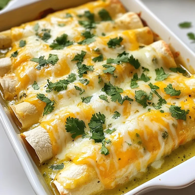 To make Creamy White Chicken Enchiladas, gather these key ingredients: - 2 cups cooked shredded chicken - 1 cup sour cream - 1 cup cream cheese, softened - 1 cup shredded Monterey Jack cheese (plus more for topping) - 1 can (10 oz) green enchilada sauce - 1/2 cup diced onion - 1 teaspoon garlic powder - 1 teaspoon cumin - Salt and pepper to taste - 8-10 flour tortillas - Fresh cilantro leaves for garnish Choose fresh ingredients for the best flavor. Look for bright green cilantro with no brown spots. When buying chicken, select meat that feels firm and looks pink. Soft cream cheese should be smooth and without cracks. When selecting onions, pick ones that are firm and have dry skin. Fresh tortillas should feel soft and pliable. You can make simple swaps to fit dietary needs. For a lighter version, use Greek yogurt instead of sour cream. If you want a dairy-free option, try using vegan cream cheese and dairy-free cheese. For gluten-free diets, choose corn tortillas. Adjust spices to suit your taste if you prefer milder flavors. {{ingredient_image_1}} To start, gather your ingredients. You need cooked shredded chicken, sour cream, cream cheese, shredded Monterey Jack cheese, diced onion, garlic powder, cumin, salt, and pepper. In a large bowl, combine the chicken, sour cream, cream cheese, and one cup of Monterey Jack cheese. Add the onion, garlic powder, cumin, salt, and pepper next. Mix everything well until it's smooth and creamy. This mixture is the heart of your enchiladas. Now, take a flour tortilla. Spoon about 1/4 cup of the chicken mixture into the center. Roll the tortilla tightly around the filling. Place it seam-side down in a greased baking dish. Repeat this for all the tortillas. Make sure they fit snugly in the dish. Once done, pour the green enchilada sauce evenly over the top of the rolled tortillas. Sprinkle extra Monterey Jack cheese on top for a cheesy finish. Preheat your oven to 350°F (175°C) before baking. Cover the baking dish with aluminum foil. Bake for 20 minutes. After that, remove the foil and bake for another 10 minutes. Keep an eye on it. You want the cheese to be melted, bubbly, and slightly golden. Once finished, let the dish sit for 5 minutes before serving. This helps the enchiladas set a bit. Garnish with fresh cilantro leaves for a pop of color and flavor. To make the best enchiladas, focus on the filling. Use tender, shredded chicken. Ensure your cream cheese is soft for easy mixing. Mix in spices like garlic powder and cumin for great flavor. Taste the filling before rolling. Adjust salt and pepper as needed. You can add more veggies to the filling. Try bell peppers or spinach for extra color. For heat, add jalapeños to the mixture. If you love cheese, mix in some pepper jack. You can also switch up the sauce. A red enchilada sauce adds a different flavor. Sautéing the onions first brings out their sweetness. You can also toast the tortillas briefly. This makes them crispier and less soggy. Pouring the sauce over the enchiladas before baking helps them soak up flavor. Bake until the top is golden and bubbly for the best texture. Pro Tips Use Rotisserie Chicken: For a quicker preparation, consider using store-bought rotisserie chicken. It saves time and adds great flavor. Customize the Heat: If you like a bit of spice, add diced jalapeños or a dash of cayenne pepper to the chicken mixture before filling the tortillas. Make Ahead: Assemble the enchiladas the night before and refrigerate. Just pour the sauce and cheese on top before baking for a convenient meal. Experiment with Cheeses: Try using different types of cheese like Pepper Jack or Cheddar for a unique twist on flavor and richness. {{image_2}} You can easily make these enchiladas vegetarian. Replace the chicken with cooked beans or sautéed veggies. Black beans, bell peppers, and zucchini work well. For a vegan version, swap sour cream and cream cheese with plant-based alternatives. Use cashew cream or coconut yogurt for creaminess. This change keeps the dish rich and tasty without meat. While green enchilada sauce is classic, you can try other kinds. Red enchilada sauce adds a different flavor. You can even use salsa if you like a fresh taste. For cheese, Monterey Jack is great, but cheddar or pepper jack can add a nice twist. Mix and match sauces and cheeses for a unique meal each time. If you love heat, add some spice! Mix diced jalapeños or green chilies into the chicken filling. A dash of hot sauce in the sauce can kick up the flavor. You can also sprinkle red pepper flakes on top before baking. Adjust the spice to your liking for a meal that packs a punch. To keep your Creamy White Chicken Enchiladas fresh, place them in an airtight container. Make sure they cool down before you seal them up. You can also wrap them tightly in plastic wrap. Store them in the fridge for up to three days. This way, you can enjoy them later without losing flavor. When you are ready to eat, preheat your oven to 350°F (175°C). Place the enchiladas in a baking dish. If they seem dry, add a splash of broth or sauce. Cover the dish with foil to prevent drying out. Bake for 20 minutes or until they are hot all the way through. You can also use the microwave. Heat on medium power for about 2-3 minutes, checking to ensure they warm evenly. For longer storage, you can freeze the enchiladas. Wrap each one tightly in plastic wrap, then place them in a freezer bag. Remove as much air as possible to prevent freezer burn. They will stay good for up to three months. When you're ready to eat, thaw them in the fridge overnight. Then, reheat them in the oven or microwave as described above. Enjoy your tasty meal anytime! Yes, you can use rotisserie chicken. It saves time and adds great flavor. Just shred the chicken and mix it with the other ingredients. This makes the dish quick and easy. Plus, rotisserie chicken is juicy and full of taste. To spice up your enchiladas, add diced jalapeños or green chiles to the filling. You can also mix in some hot sauce or cayenne pepper for extra heat. If you love spicy foods, consider using pepper jack cheese instead of Monterey Jack. This will give your dish a nice kick. These enchiladas pair well with a fresh salad or rice. A side of black beans adds protein and fiber. You can also serve them with tortilla chips and salsa for a tasty crunch. For drinks, try serving a refreshing limeade or a light beer. This blog post covered everything you need for creamy white chicken enchiladas, including ingredients, step-by-step preparation, and tips for success. Remember, using fresh ingredients is key. Also, don’t hesitate to customize the recipe to fit your taste. Proper storage and reheating tips will keep your leftovers tasty. With these techniques, you can make a dish that impresses friends and family. Enjoy your cooking journey, and happy eating!