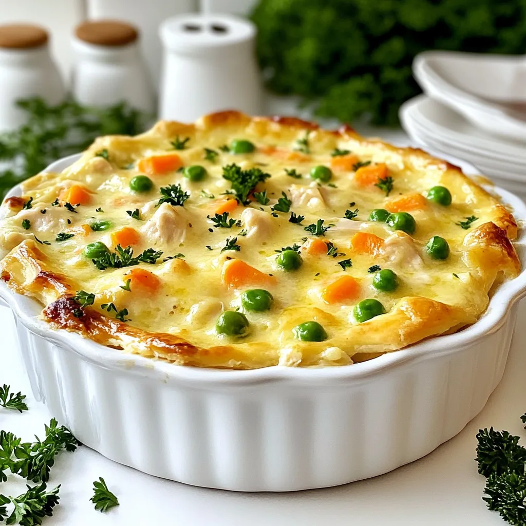To make a tasty crustless chicken pot pie, gather these ingredients: - 2 cups cooked chicken, shredded - 1 cup carrots, diced - 1 cup peas (fresh or frozen) - 1 cup corn (fresh or frozen) - 1 onion, finely chopped - 2 cloves garlic, minced - 1 cup chicken broth - 1 cup milk - 3 tablespoons flour - 2 tablespoons olive oil - 1 teaspoon dried thyme - 1 teaspoon dried rosemary - Salt and pepper to taste - Fresh parsley for garnish This dish serves four people. Each serving has about: - Calories: 320 - Protein: 25g - Carbohydrates: 30g - Fat: 12g - Fiber: 3g This meal is not just filling; it also packs a lot of nutrients. The chicken provides protein. The veggies add fiber and vitamins. If you have dietary needs, here are some great swaps: - Use leftover turkey instead of chicken for a different flavor. - If you're dairy-free, try almond or oat milk. - For gluten-free, swap flour with cornstarch or a gluten-free blend. - You can add more veggies like bell peppers or spinach to suit your taste. These changes help you enjoy this dish while keeping it healthy and delicious! {{ingredient_image_1}} First, preheat your oven to 350°F (175°C). This step warms the oven and helps cook the dish evenly. While the oven heats, gather all your ingredients. Having everything ready makes cooking easier and more fun. Next, heat two tablespoons of olive oil in a large skillet over medium heat. Add one finely chopped onion and two minced garlic cloves. Sauté them for about 3-4 minutes until the onion looks clear. Then, toss in one cup of diced carrots, one cup of peas, and one cup of corn. Cook these veggies for about 5 minutes. Stir occasionally to ensure they cook evenly and become tender. After the veggies are tender, sprinkle three tablespoons of flour over the mixture. Stir well to blend it in and cook for 1-2 minutes. This helps remove the raw flour taste. Gradually pour in one cup of chicken broth and one cup of milk. Whisk it continuously to avoid lumps. Bring this mixture to a simmer, letting it thicken for about 5-7 minutes. Now, stir in two cups of shredded chicken, one teaspoon of dried thyme, and one teaspoon of dried rosemary. Don’t forget to season with salt and pepper. Mix everything well. Transfer the chicken and vegetable mix into a greased baking dish. Bake it in your preheated oven for 25-30 minutes. You’ll know it’s done when the top is golden and bubbly. Let it cool for a few minutes and garnish with fresh parsley before serving. Enjoy your delicious crustless chicken pot pie! To make your crustless chicken pot pie really shine, use fresh herbs. Dried thyme and rosemary add great taste, but fresh herbs boost flavor more. Always season your chicken broth and milk well with salt and pepper. This makes every bite burst with flavor. Don’t skip the sautéing step; it builds a rich base for your dish. Cook the garlic and onion until soft to bring out their natural sweetness. One big mistake is not cooking the veggies long enough. Make sure they are tender before adding the broth and milk. Another pitfall is using too much flour, which can make the dish thick and gummy. Use just enough to thicken the sauce. Also, avoid rushing the baking time. Let it bake until the top is golden and bubbly for the best texture. Garnish your dish with fresh parsley for a pop of color. This adds visual appeal and fresh taste. For added flavor, try a sprinkle of paprika or a dash of lemon juice before serving. You can also serve the pot pie with a side of crusty bread or a simple salad. This adds texture and rounds out the meal. Pro Tips Use Rotisserie Chicken: For a quicker preparation, use store-bought rotisserie chicken instead of cooking your own. This saves time without sacrificing flavor. Customize Your Veggies: Feel free to add or substitute any vegetables you love, such as bell peppers or green beans, to personalize the dish to your taste. Thickening Tips: If you prefer a thicker filling, simply add a little more flour when cooking the vegetables or let the mixture simmer longer before baking. Serving Suggestions: This dish pairs wonderfully with a simple side salad or crusty bread for a complete meal that's both hearty and satisfying. {{image_2}} To make a low-carb crustless chicken pot pie, swap out the flour for almond flour or coconut flour. These options help lower carbs but still give good texture. You can also use cauliflower rice instead of peas and corn. This change cuts carbs and adds fiber. Use more chicken and veggies like broccoli or zucchini. These keep your dish filling without many carbs. For a vegetarian version, simply leave out the chicken. Replace it with hearty veggies like mushrooms or lentils for protein. You can use vegetable broth instead of chicken broth. Add extra spices like smoked paprika or nutritional yeast for depth. This makes a rich and satisfying meal. You can even toss in some chickpeas for added protein and texture. You can use other proteins besides chicken. Turkey is a great choice and works well in this recipe. If you like seafood, try shrimp or fish. Just make sure to adjust cooking times so your protein cooks through. For a unique twist, use shredded beef or pork. Each protein brings its own flavor and pairs well with the veggies. Store your crustless chicken pot pie in an airtight container. Make sure to cool it to room temperature first. This helps keep it fresh. You can store it in the fridge for up to three days. If you want to keep it longer, consider freezing. To reheat, use the oven for the best taste. Preheat your oven to 350°F (175°C). Place the leftovers in an oven-safe dish. Cover it with foil to keep it moist. Heat for about 15-20 minutes or until warm. You can also use the microwave if you're short on time. Just cover it with a microwave-safe lid and heat in short bursts. If you plan to freeze your pot pie, let it cool completely. Then, portion it into smaller containers for easy meals later. Make sure to label them with the date. You can freeze it for up to three months. When you're ready to eat, thaw it in the fridge overnight before reheating. This way, you can enjoy your tasty meal anytime! You can use cornstarch or almond flour. Both work well as a thickener. Just remember to adjust the amount slightly. With cornstarch, use half the amount of flour. For almond flour, try using a bit more than the original amount to get the same thickness. This keeps your crustless chicken pot pie creamy and hearty. Yes, you can make it ahead of time. Prepare the filling and put it in a baking dish. Cover it and store it in the fridge for up to two days. When you're ready to bake, just preheat the oven and pop it in. This makes weeknight dinners super easy and quick! Look for a golden top with bubbling edges. The filling should be thick and hot. You can also use a thermometer; it should read 165°F. Let it cool for a few minutes before serving. This helps the flavors mix and makes it easier to eat. Enjoy your delicious crustless chicken pot pie! This blog post covered how to make a crustless chicken pot pie. We reviewed key ingredients, step-by-step cooking methods, and tips for great flavor. You learned about variations for different diets and how to store leftovers properly. Remember, cooking should be fun and creative. Feel free to adapt the recipe to your taste. Enjoy making this meal again and again, trying new twists each time! Your kitchen can be a place of joy and tasty creations.