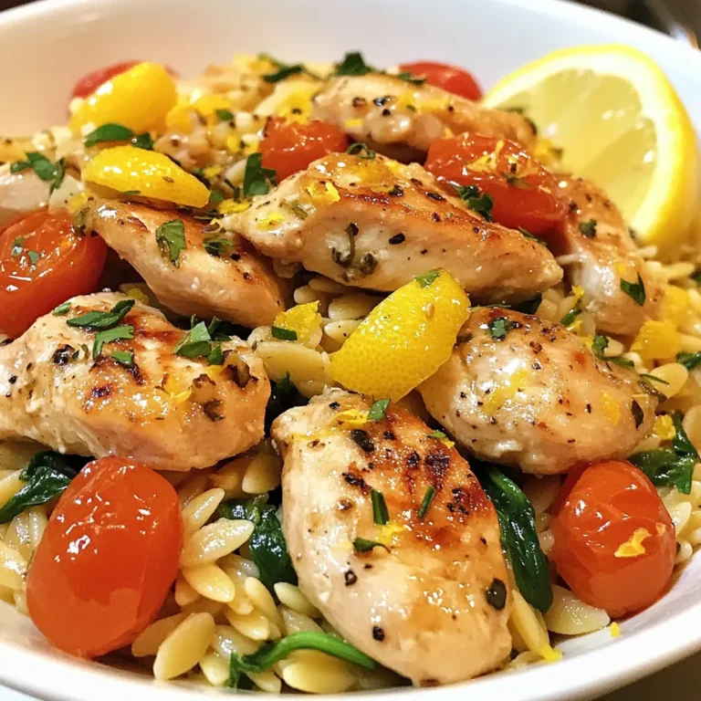 For this Lemon Chicken Orzo, you need a few main items: - 1 lb boneless, skinless chicken breasts, cut into bite-sized pieces - 1 cup orzo pasta - 4 cups chicken broth (low sodium) - 1 cup spinach, chopped These ingredients form the heart of the dish. Chicken adds protein, while orzo gives a nice texture. Spinach adds color and nutrients. Next, let's boost the flavor: - 1 medium onion, finely chopped - 3 garlic cloves, minced - 1 lemon (zested and juiced) - 1 teaspoon dried oregano Onion and garlic create a strong base. Lemon adds a bright taste, while oregano gives an earthy touch. Together, they make each bite pop. Finally, we need some seasoning and garnish: - 2 tablespoons olive oil - Salt and pepper to taste - Fresh herbs for garnish (parsley or basil) Olive oil helps with cooking and adds richness. Salt and pepper enhance all the flavors. Fresh herbs on top make the dish look pretty and fresh. Gather these ingredients, and you're ready to make a tasty meal! {{ingredient_image_1}} To start, gather your ingredients. Cut the chicken into bite-sized pieces. This helps it cook evenly and quickly. Next, finely chop the onion. Mince the garlic cloves. Halve the cherry tomatoes and chop the spinach. Zest and juice the lemon. Fresh lemon gives the dish a bright taste. Make sure to have everything ready before you cook. Heat olive oil in a large pot over medium heat. Add the chopped onion and sauté for about 3-4 minutes. You want it to be soft and clear. Next, stir in the minced garlic for one minute. This makes your kitchen smell amazing. Now, raise the heat to medium-high. Add the chicken pieces. Season them with salt, pepper, and dried oregano. Cook until the chicken turns brown on all sides, which takes about 5-6 minutes. Pour in the chicken broth and add the orzo pasta and lemon juice. Bring this mix to a gentle boil. After that, lower the heat to low. Cover the pot and let it simmer for 10-12 minutes. This lets the orzo cook and soak up the broth. After the orzo is tender, add the cherry tomatoes and chopped spinach. Stir everything together and cook for an extra 2-3 minutes. You want the spinach to wilt nicely. Take the pot off the heat. Stir in the lemon zest for added flavor. Taste your dish and adjust the seasoning with more salt and pepper if needed. Let your Lemon Chicken Orzo rest for a few minutes. This helps the flavors meld together. Serve it in bowls, and garnish with fresh herbs. A lemon wedge on the side adds a nice touch. Enjoy your flavorful meal! To brown chicken well, use medium-high heat. This helps to seal in the juices. Cut the chicken into small, even pieces. This way, they cook quickly and evenly. Add salt and pepper before cooking. It adds flavor right away. For cooking orzo, use plenty of broth. This keeps the pasta moist and tasty. Stir the orzo as it cooks. This prevents it from sticking to the pot. You can change up the seasonings for new tastes. Try adding fresh herbs like thyme or dill. They add a fresh twist. If you like some heat, add a pinch of red pepper flakes. For a richer flavor, use garlic powder or onion powder. You can also mix in some grated Parmesan cheese. This gives a creamy texture and extra flavor. To serve Lemon Chicken Orzo beautifully, use deep bowls. This keeps the dish warm and looks nice. Sprinkle fresh herbs on top. This adds color and a fresh aroma. A lemon wedge on the side makes it pop. You can also drizzle a little olive oil for shine. These small touches make your dish look professional and inviting. Pro Tips Choose the Right Chicken: Opt for organic, free-range chicken for a more flavorful and tender result. Cook Orzo Al Dente: Be careful not to overcook the orzo; it should be tender but still firm to the bite for the best texture. Fresh Herbs for Flavor: Using fresh herbs like parsley or basil as a garnish not only adds a pop of color but also enhances the overall flavor profile of the dish. Adjust Lemon to Taste: Feel free to adjust the amount of lemon juice and zest according to your preference for brightness; it can really elevate the dish. {{image_2}} You can change the protein in this dish. Instead of chicken, try shrimp or turkey. For a vegan option, use chickpeas or tofu. Each swap brings a new taste and texture. Adjust cooking times as needed, especially with shrimp, which cooks fast. If you can’t find orzo, use other pasta shapes like ditalini or small shells. You can also try grains like quinoa or farro. These choices change the bite and feel of the dish while keeping it hearty and filling. To mix up the flavor, add different herbs or spices. Fresh basil or dill gives a nice twist. For heat, try red pepper flakes or a bit of smoked paprika. Adding these new flavors can make the dish feel fresh and exciting every time you make it. To store leftovers, place Lemon Chicken Orzo in an airtight container. This keeps it fresh and tasty. You can refrigerate it for up to 3 days. Make sure it cools down to room temperature before sealing. This helps avoid condensation, which can make the dish soggy. You can freeze Lemon Chicken Orzo for longer storage. Use a freezer-safe container or a heavy-duty freezer bag. Squeeze out as much air as possible. This helps prevent freezer burn. It can last up to 2 months in the freezer. When ready to enjoy, let it thaw overnight in the fridge before reheating. To reheat, you have a few options. You can use the microwave, stove, or oven. For the microwave, place the dish in a bowl and cover it. Heat in short bursts, stirring in between. On the stove, add a splash of broth or water in a pot. Heat over low until warm. If using the oven, cover with foil and bake at 350°F until heated through. Always stir well before serving to mix flavors. Yes, you can make Lemon Chicken Orzo ahead of time. This dish stores well in the fridge. Just let it cool down first. Place it in an airtight container. It will stay fresh for about three days. When you are ready to eat, reheat it on the stove or in the microwave. Add a splash of broth to keep it moist. Lemon Chicken Orzo is a complete meal, but sides can enhance your dinner. Here are some great ideas: - Green Salad: A fresh green salad with lemon vinaigrette adds crunch. - Roasted Vegetables: Carrots, zucchini, or asparagus roasted with olive oil pair well. - Crusty Bread: A slice of crusty bread is perfect for soaking up the broth. You can tell when orzo is cooked by its texture. It should be soft but still firm, often called "al dente." To check, taste a piece. If it is chewy and not mushy, it is perfect. Cooking usually takes about 10-12 minutes in simmering broth. Keep an eye on it during the last few minutes to avoid overcooking. This blog post shows you how to make Lemon Chicken Orzo. We explored key ingredients like chicken, orzo, and fresh herbs. You learned the cooking steps and valuable tips to boost flavor and presentation. There are many ways to alter the recipe too, such as different proteins or pastas. In summary, this dish is easy, flexible, and perfect for any meal. Enjoy your cooking journey and savor every bite!