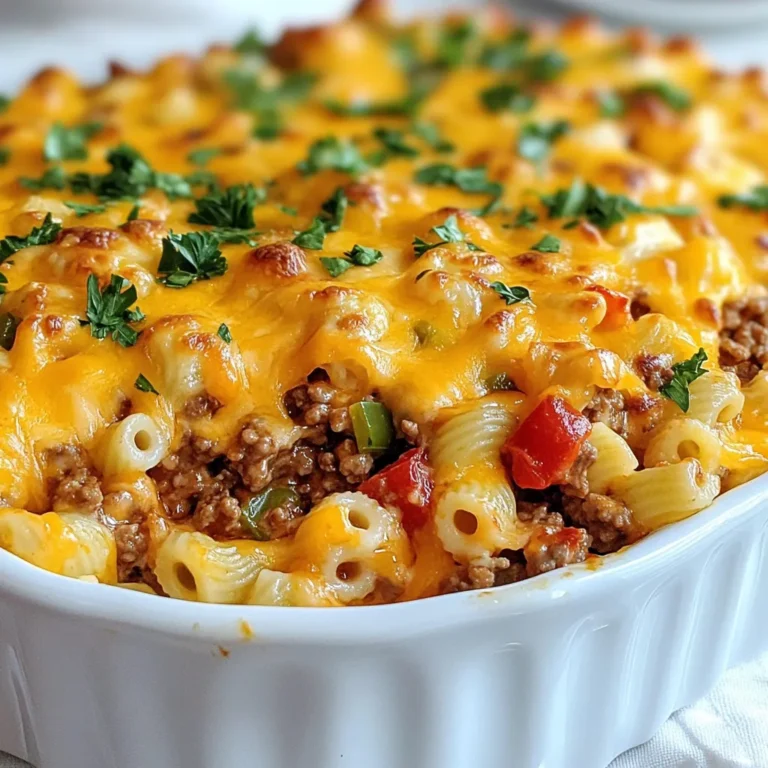 - 1 lb ground beef - 1 medium onion, chopped - 2 cloves garlic, minced - 1 can (15 oz) diced tomatoes with green chilies - 1 cup uncooked elbow macaroni - 2 cups beef broth - 1 teaspoon Italian seasoning - 1 cup shredded cheddar cheese - 1 cup shredded mozzarella cheese - Salt and pepper to taste - Fresh parsley, chopped (for garnish) When you cook, it helps to know the right amounts. Here’s a quick guide: - 1 lb ground beef is about 16 ounces. - 1 medium onion is roughly 1 cup when chopped. - 2 cloves garlic should be minced fine. - 1 can of diced tomatoes holds 15 ounces, perfect for flavor. - 1 cup elbow macaroni is dry and will cook up nicely. - 2 cups beef broth keeps everything moist and tasty. - 1 teaspoon Italian seasoning adds a nice touch. - 1 cup of each cheese gives that cheesy goodness. Using fresh ingredients can enhance the taste. Fresh onions and garlic pack more flavor than dried or powdered forms. I love using fresh parsley for garnish. It adds a pop of color and taste. Canned tomatoes save time and still taste great. The green chilies add a nice kick without being too spicy. For the macaroni, I always choose uncooked. It cooks perfectly in the casserole and absorbs flavors well. {{ingredient_image_1}} First, you need to preheat your oven to 375°F (190°C). This makes sure your casserole bakes evenly. Grab a large skillet and a 9x13 inch baking dish. Grease the baking dish with a little oil. This helps the casserole come out easily. Next, place the skillet on medium heat. Add 1 pound of ground beef to the skillet. Use a wooden spoon to break it apart. Cook until it’s brown. This should take about 5-7 minutes. Drain any extra fat, then add 1 chopped onion and 2 minced garlic cloves. Stir and cook until the onion turns soft. This takes about 3-4 minutes. Now, it’s time to mix in the main ingredients. Add 1 can of diced tomatoes with green chilies, 1 cup of uncooked elbow macaroni, and 2 cups of beef broth. Don’t forget the Italian seasoning, salt, and pepper for flavor. Stir everything well and bring it to a gentle boil. Lower the heat and cover the skillet. Let it simmer for 10-12 minutes until the macaroni is tender. After simmering, take the skillet off the heat. Stir in half of the cheddar cheese and half of the mozzarella cheese. Mix until it’s well combined. Now, carefully pour this mixture into the greased baking dish. Make sure it’s spread out evenly. Finally, sprinkle the remaining cheddar and mozzarella cheese on top. Place the dish in the preheated oven. Bake for 20-25 minutes. Keep an eye on it until the cheese is bubbly and golden. Once done, take it out and let it cool for 5 minutes before serving. You can garnish with fresh chopped parsley for a nice touch. Enjoy your cheesy hamburger casserole bake! To boost flavor, use Italian seasoning. It adds herbs like oregano and basil. You can also add a dash of paprika for warmth. If you like spice, try some cayenne pepper. These spices blend well with the beef and tomatoes. To cook evenly, make sure to break apart the ground beef. Brown it well before adding other ingredients. Stir the mixture often while it simmers. This helps the macaroni cook evenly. If you notice any clumps, break them up gently. For the best cheese melt, use a mix of cheddar and mozzarella. Shred the cheese yourself for better melting. Pre-shredded cheese has additives that can affect melting. Spread cheese evenly across the top before baking. This ensures a nice, golden layer. Pro Tips Brown the Beef Properly: Make sure to brown the ground beef well for enhanced flavor. This caramelization adds depth to your casserole. Use Quality Cheese: Opt for a high-quality sharp cheddar and fresh mozzarella for a richer taste and better melting texture. Add Veggies: Consider adding extra vegetables like bell peppers or zucchini for added nutrition and flavor. Let it Rest: Allow the casserole to cool for a few minutes before serving. This helps the layers set and makes for easier serving. {{image_2}} You can change the meat in this dish. Try ground turkey or chicken instead of beef. You might also use cooked sausage for a spicy kick. If you want a different pasta, use penne or rotini. They work well in casseroles too. Just remember, the cooking time might change a bit. To make a vegetarian version, skip the meat. Use a mix of beans for protein, like black beans or kidney beans. You can add more veggies too, like bell peppers or zucchini. Use vegetable broth instead of beef broth. This keeps the flavor rich. Serve this casserole with a fresh green salad. A light vinaigrette complements the cheesy dish. You can also add garlic bread on the side. It will soak up any extra sauce. For a fun twist, top with sliced jalapeños for heat. Enjoy your meal with a cold drink, like iced tea or lemonade. To keep your Cheesy Hamburger Casserole Bake fresh, let it cool first. Use an airtight container for storage. This helps prevent moisture loss and keeps flavors intact. Store it in the fridge for up to three days. If you want to save it longer, freezing is a great option. To freeze the casserole, let it cool completely. Then, cut it into portions for easy serving. Wrap each piece tightly in plastic wrap. Place the wrapped portions in a freezer-safe bag. This keeps the casserole fresh for up to three months. Label the bag with the date to track freshness. When you're ready to enjoy the leftovers, take a portion from the fridge or freezer. If frozen, let it thaw overnight in the fridge. To reheat, place it in an oven-safe dish. Cover it with foil to keep it moist. Heat at 350°F (175°C) for about 20-25 minutes. For a bubbly finish, uncover for the last 5 minutes. Enjoy your cheesy delight! Yes, you can make this dish ahead of time. Prepare the casserole up to the baking step. Cover it and store it in the fridge. When ready to serve, just bake it. This makes it a great choice for busy days. If you want to switch things up, use other pasta types. You can try rotini, penne, or even shells. Each pasta shape brings a different texture. Just adjust the cooking time as needed. The casserole can last for about three to four days in the fridge. Make sure to cover it well to keep it fresh. If you want to enjoy it later, consider freezing it instead. Absolutely! Adding vegetables boosts the nutrition and flavor. You can include bell peppers, spinach, or peas. Just chop them small and add them when cooking the beef. This makes your dish even more colorful and tasty. In this post, we explored the tasty Cheesy Hamburger Casserole Bake. You learned about the key ingredients and their measurements. We covered step-by-step instructions, useful tips, and flavor variations. Don't forget how to properly store and reheat leftovers for the best taste. This dish is easy to make and offers room for creativity. Whether you cook for family or friends, everyone will love it. Enjoy your cooking journey and make this comforting meal your own!