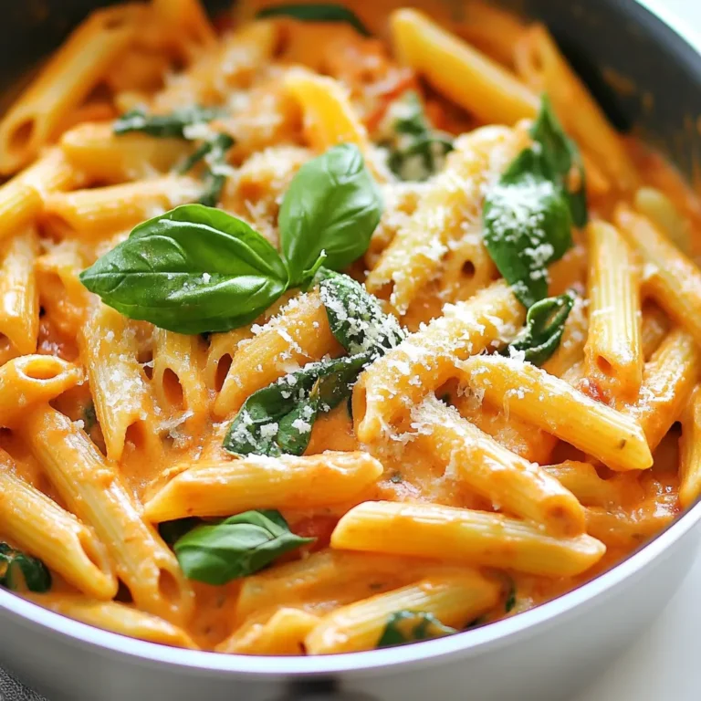 To make One-Pot Creamy Tomato Pasta, you will need some simple yet tasty ingredients. Here’s what you will gather: - 12 oz (340g) pasta (penne or fusilli work well) - 1 can (14 oz) crushed tomatoes - 1 cup vegetable broth - 1 cup heavy cream - 1 medium onion, diced - 3 cloves garlic, minced - 1 tsp dried oregano - 1 tsp dried basil - ½ tsp red pepper flakes (optional for heat) - 1 cup fresh spinach - ½ cup grated Parmesan cheese - Salt and pepper to taste - Fresh basil leaves for garnish These ingredients create a rich and creamy dish. The pasta is the star, soaking up all the flavors. Crushed tomatoes give a nice base, while heavy cream adds creaminess. Fresh spinach adds color and nutrition. Don't skip the Parmesan cheese; it brings the whole dish together. You can customize the recipe too. Use whole wheat pasta for a healthier option. If you want more spice, add more red pepper flakes. The key is to have fun and make it your own! {{ingredient_image_1}} - Sauté onion and garlic: Start by heating a large pot or deep skillet over medium heat. Add the diced onion and minced garlic. Cook for 3 to 4 minutes. You want the onion to turn soft and clear. This step builds a great base for flavor. - Combine crushed tomatoes and broth: Next, pour in the can of crushed tomatoes and the cup of vegetable broth. Add dried oregano, dried basil, and red pepper flakes if you like some heat. Stir everything together until it mixes well. - Add pasta and cook: Bring the mixture to a gentle simmer. Then, add 12 ounces of your chosen pasta, like penne or fusilli. Stir the pasta to ensure it is fully covered in the liquid. Cook according to the package instructions, usually around 10 to 12 minutes. Stir occasionally to keep the pasta from sticking to the pot. - Stir in heavy cream: Once the pasta is tender and most liquid is absorbed, reduce the heat to low. Slowly stir in the cup of heavy cream. Mix until the sauce becomes rich and smooth. This makes the dish creamy and comforting. - Incorporate spinach and Parmesan: Add one cup of fresh spinach to the pot. Stir until the spinach wilts down. Then, sprinkle in half a cup of grated Parmesan cheese. Mix until the cheese melts and blends into the sauce. - Season and serve: Finally, taste your dish. Add salt and pepper as needed. Serve hot, garnished with fresh basil leaves and a bit more Parmesan if you like. Enjoy this delicious one-pot meal! - How to prevent pasta from sticking Stir the pasta often while it cooks. This keeps it from clumping together. You can also add a little olive oil to the water before boiling. - Ensuring a creamy sauce Always add the heavy cream after the pasta cooks. This helps the sauce stay smooth. Stir it in gently, so it mixes well. - Adjusting seasoning levels Taste the dish as you cook. Add more salt, pepper, or herbs if it needs flavor. Remember, seasoning can change with the cream and cheese added. - Using fresh herbs for enhanced flavor Fresh basil adds a bright taste. Add it at the end of cooking to keep its flavor strong. You can also use fresh oregano if you have it. Pro Tips Use Fresh Herbs: Fresh basil can elevate the flavor; add it at the end for a vibrant taste. Adjust Creaminess: If you prefer a lighter sauce, reduce the amount of heavy cream or substitute with half-and-half. Add Protein: For a heartier meal, consider adding grilled chicken, shrimp, or chickpeas for extra protein. Leftover Storage: Store any leftovers in an airtight container in the fridge for up to 3 days; reheat gently on the stove. {{image_2}} You can easily change this recipe to fit what you have at home. Here are some great ideas: - Alternative pasta types: You can use any pasta you like. Try spaghetti, rotini, or gluten-free options. Each type will give a new twist to the dish. - Dairy-free options with coconut cream: If you want a dairy-free meal, swap the heavy cream for coconut cream. This will add a slight sweetness and keep it creamy. - Adding protein (chicken or shrimp): For extra protein, mix in cooked chicken or shrimp. Add them near the end of cooking to warm them up without overcooking. - Vegetables to mix in (bell peppers, mushrooms): You can add more veggies too. Bell peppers, mushrooms, or zucchini work well. Sauté them with the onion and garlic for added flavor and nutrition. These simple swaps can make your One-Pot Creamy Tomato Pasta unique and tailored to your taste! To keep your One-Pot Creamy Tomato Pasta fresh, follow these steps. First, let the pasta cool down to room temperature. Next, place it in an airtight container. Make sure to seal it well. This way, your pasta stays moist and tasty for up to three days in the fridge. When you want to reheat, use a pot over low heat. Add a splash of water or extra cream to help it warm evenly. Stir gently until it's hot. You can also use the microwave. Just cover it and heat in short bursts. Stir in between to avoid hot spots. If you plan to store it longer, freezing is a great option. Place the cooled pasta in a freezer-safe container. You can also use freezer bags. Remove as much air as possible to prevent freezer burn. This dish can last for up to three months in the freezer. When ready to eat, thaw it in the fridge overnight. Then, reheat as described above. Enjoy your creamy pasta anytime! Can I make this recipe in advance? Yes, you can make this dish ahead of time. Cook it fully and cool it down. Store it in the fridge for up to three days. Reheat it on the stove or in the microwave. What can I pair with One-Pot Creamy Tomato Pasta? This pasta pairs well with garlic bread or a fresh salad. You can also serve it with grilled chicken or sautéed shrimp for extra protein. How do I make it spicier? To add heat, use more red pepper flakes. You can also add hot sauce or diced jalapeños to the pot. Start with a little and taste as you go to find your perfect spice level. Can I use fresh tomatoes instead of canned? Yes, fresh tomatoes work great! You will need about 2-3 cups, diced. Make sure to cook them down until they are soft and juicy before adding the broth and pasta. What if I don’t have vegetable broth? You can use chicken broth or even water if you have no broth. Just add a bit more seasoning to keep the flavor strong. Is this recipe suitable for meal prep? Absolutely! This dish stores well and is perfect for meal prep. Just divide it into portions and store them in airtight containers. You can have a delicious meal ready to go! This blog post provided a clear and easy recipe for One-Pot Creamy Tomato Pasta. We covered key ingredients like pasta, tomatoes, and heavy cream. I shared step-by-step instructions for cooking and tips for perfecting your dish. We explored ingredient substitutions for different tastes and explained how to store leftovers properly. Remember, this dish is simple, tasty, and customizable. You can enjoy it in many ways. Now, grab your ingredients and start cooking a delicious meal today!