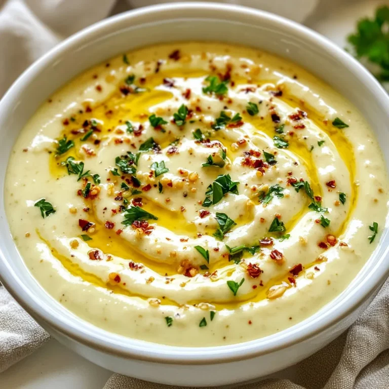 - 1 cup heavy cream - 4 cloves garlic, minced - 2 tablespoons unsalted butter - 1 tablespoon all-purpose flour - 1 teaspoon Dijon mustard - 1 teaspoon lemon juice - 1/2 teaspoon salt - 1/4 teaspoon black pepper - 1/4 teaspoon red pepper flakes (optional for a spicy kick) - Fresh parsley, chopped for garnish Gathering the right ingredients is key to making creamy garlic sauce. You need heavy cream for richness. Use fresh garlic for the best flavor. Unsalted butter gives a nice base. All-purpose flour helps thicken the sauce. Dijon mustard adds a little zing. Lemon juice brings brightness. Season with salt, black pepper, and red pepper flakes if you like spice. Finally, fresh parsley adds a pop of color and flavor. As you prepare, remember that fresh ingredients yield the best results. The right balance of these ingredients makes the sauce creamy and full of flavor. You will love how easy it is to whip up this sauce with just a few steps. {{ingredient_image_1}} 1. First, grab a medium saucepan. Set it on medium heat and drop in the unsalted butter. Let it melt. You want it to be warm but not bubbling. 2. Once the butter is melted, add the minced garlic. Stir it for about 1-2 minutes. You want it to smell great but not turn brown. 1. Now, sprinkle the all-purpose flour over the garlic and butter mix. This helps to thicken the sauce. 2. Use a whisk to mix them together. Keep whisking for about one minute. This forms a smooth roux without lumps. 1. Gradually pour in the heavy cream while still whisking. This step is key to a smooth sauce. 2. Keep cooking for 3-4 minutes. Stir often until the sauce thickens up nicely. 1. Time to add some flavor! Stir in the Dijon mustard, lemon juice, salt, black pepper, and red pepper flakes if you want a spicy kick. 2. Cook it for one more minute, then take it off the heat. Right before serving, sprinkle chopped fresh parsley on top for a bright finish. To make the best creamy garlic sauce, you need to avoid burnt garlic. When you sauté garlic, keep an eye on it. Cook it just until it smells good but not browned. Burnt garlic tastes bitter, and we don’t want that in our sauce. Next, let’s talk about the sauce’s consistency. You want it creamy but not too thick. If it gets too thick, add a bit of cream or milk. Whisk it in slowly until you reach your desired texture. Everyone has their own taste. So, tweaking the seasoning is key. Start with the salt and pepper. Taste as you go. If it needs more flavor, add a pinch of salt or pepper. You can also stir in some Dijon mustard for a nice tang. If you like heat, add red pepper flakes. This gives your sauce a spicy kick. Just a quarter teaspoon is enough to make it lively without being too hot. This creamy garlic sauce is great with many dishes. It pairs well with pasta, making every bite rich and tasty. You can drizzle it over seafood, like shrimp or scallops, for an elegant meal. Don’t forget about veggies! A light pour of this sauce over steamed broccoli or roasted cauliflower makes a simple side dish feel fancy. Enjoy exploring these pairings and let your taste buds have fun! Pro Tips Perfect Garlic Flavor: To infuse the sauce with a deeper garlic flavor, consider roasting the garlic cloves before mincing them. This will give the sauce a sweeter and more complex taste. Thickening Tip: If your sauce isn't thickening as desired, you can add a bit more flour mixed with a splash of cream to avoid lumps and achieve the perfect consistency. Spice It Up: For an extra kick, try adding a dash of cayenne pepper or a splash of hot sauce along with the red pepper flakes to enhance the sauce's flavor profile. Storage Advice: This sauce can be stored in an airtight container in the refrigerator for up to three days. Reheat gently on the stove, adding a bit of cream if it thickens too much. {{image_2}} You can switch up the cream in your sauce. Use half-and-half for a lighter version. Coconut cream adds a unique twist. It gives a slight sweetness, perfect for certain dishes. If you need a quick fix, garlic powder works too. It’s not the same as fresh, but it still adds flavor. Use about 1 teaspoon of garlic powder per clove. This makes cooking faster and easier. Want a different taste? Try adding herbs and spices! Fresh basil or thyme can bring new life to your sauce. A pinch of oregano adds warmth. You can also try a bit of smoked paprika for complexity. Cheese makes the sauce even creamier. Parmesan is a classic choice. It melts in well and adds umami. Cream cheese can also work for a thicker texture. You can make this sauce vegan too! Use plant-based cream, like cashew or oat cream. These options mimic the rich taste of heavy cream. Instead of butter, use vegan butter or olive oil. It gives a nice flavor while keeping the sauce smooth. Garlic stays the same, of course! Just remember to use the right swaps to keep it dairy-free. Store your creamy garlic sauce in the fridge for freshness. Use an airtight container to keep it safe. Let it cool down before sealing. This helps maintain the flavor and texture. It lasts about 3 to 5 days in the fridge. To reheat, use a small saucepan over low heat. Stir the sauce while it warms up. This keeps the sauce smooth and creamy. Avoid high heat, as it can separate the sauce. If it thickens too much, add a splash of cream or water. You can freeze this sauce for later use! Pour it into a freezer-safe container. Leave some space at the top for expansion. It will stay good for about 3 months. Thaw it in the fridge overnight before reheating. Stir well to bring back the creamy texture. Creamy garlic sauce lasts about 3 to 4 days in the fridge. Store it in a sealed container. This keeps it fresh and tasty. Always check for any signs of spoilage before using it. Yes, you can use dried garlic. Use about 1 teaspoon of garlic powder for every clove. Dried garlic has less strong flavor than fresh. Adjust the amount based on your taste. Yes, you can make it ahead. Prepare the sauce and cool it down. Store it in the fridge. When ready to use, reheat gently on the stove. Creamy garlic sauce goes well with many dishes. Try it with pasta, chicken, or fish. It also tastes great on roasted vegetables or as a dip for bread. If your sauce is too thin, add a little more flour. Mix it with water to avoid lumps. Stir it into the sauce and cook for a few more minutes. This will help it thicken nicely. You now have all the tools to create a rich creamy garlic sauce. We covered the essentials, from the key ingredients like garlic and heavy cream to cooking techniques that build flavor. Remember to adjust the seasoning to match your taste and try different pairings. You can even make it vegan with simple swaps. With practice, your sauce can be perfect every time. Don't hesitate to experiment and find what works best for you. Enjoy making and sharing this delightful dish!