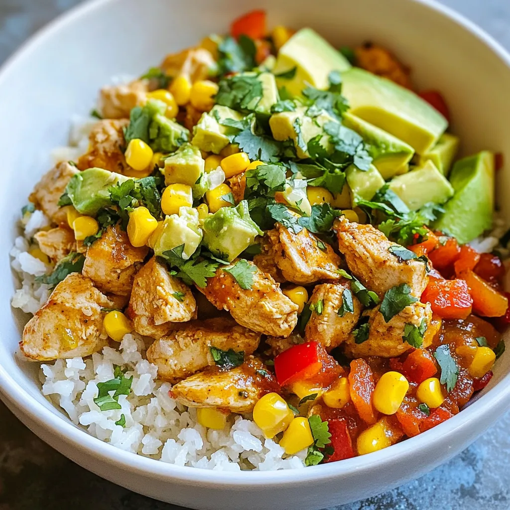 - 2 cups cooked rice (white or brown) - 2 chicken breasts, diced - 1 cup corn kernels (fresh, frozen, or canned) - 1 red bell pepper, diced - 1/2 red onion, finely chopped - 1 avocado, sliced - 1/4 cup cilantro, chopped - 1 teaspoon smoked paprika - 1 teaspoon chili powder - 1 lime, juiced - 1/2 cup crumbled cotija cheese (or feta) - 2 tablespoons olive oil I love starting with fresh, simple ingredients. Here’s what you need to make this tasty street corn chicken bowl. You can use white or brown rice, depending on your preference. Diced chicken breasts bring protein and flavor. I often choose fresh corn kernels, but frozen or canned work well too. Add some color with a diced red bell pepper and finely chopped red onion. These ingredients add crunch and taste. Don’t forget the creamy avocado slices; they add a nice touch. Fresh cilantro brings brightness to the dish. The spices are key: smoked paprika and chili powder give it warmth. A squeeze of lime juice brightens up all the flavors. Finally, crumbled cotija cheese, or feta if you prefer, adds richness. Drizzle with olive oil to tie everything together and enhance the taste. You can easily find all these ingredients at your local store. By using fresh and vibrant ingredients, your street corn chicken bowl will shine. Enjoy cooking with these simple, easy-to-find items! {{ingredient_image_1}} 1. First, heat a large skillet over medium heat. Add 2 tablespoons of olive oil to the pan. 2. Next, take 2 diced chicken breasts and place them in the skillet. 3. Sprinkle 1 teaspoon of smoked paprika, 1 teaspoon of chili powder, salt, and pepper on the chicken. Mix well. 4. Cook the chicken for about 5-7 minutes. Ensure it is browned and fully cooked. 5. Once done, remove the chicken from heat and set it aside. 1. In the same skillet, add 1 cup of corn kernels and 1 diced red bell pepper. 2. Sauté the corn and pepper for 3-4 minutes. Look for slight charring on the corn. 3. Once cooked, remove the skillet from heat. 1. In a large bowl, combine the cooked rice (2 cups), sautéed chicken, corn, and bell pepper. 2. Add 1/2 finely chopped red onion and 1/4 cup of chopped cilantro to the bowl. 3. Drizzle with juice from 1 lime. Toss everything together gently until mixed well. 1. Use a spoon to scoop the chicken and corn mixture into serving bowls. 2. Top each bowl with sliced avocado and 1/2 cup of crumbled cotija cheese. 3. For extra flavor, consider adding more cilantro or lime wedges on the side. - Best methods for cooking chicken: I like to use a large skillet for cooking chicken. Heat olive oil over medium heat. Add diced chicken and season it well with spices. Cook until it is browned and cooked through. This usually takes about 5-7 minutes. Make sure to stir it to cook evenly. - Ensuring corn is perfectly sautéed: To get great corn, add it to the same skillet after the chicken. Sauté it for just 3-4 minutes. You want it to be slightly charred. This brings out its sweet flavor and adds texture to your dish. - Suggestions for additional spices: If you want to spice things up, try adding cumin or garlic powder. They add depth to the flavor. You can also use smoked paprika for a hint of smokiness. Adjust spices to your taste. - Importance of lime juice: Don’t skip the lime juice! It brightens the whole dish. The acidity cuts through the richness of the cheese and avocado. It adds a fresh, zesty kick that makes every bite better. - Presentation ideas: For a lovely look, use colorful bowls. Layer the chicken and corn mix at the bottom. Top it with sliced avocado and a sprinkle of cotija cheese. You can add extra cilantro for a pop of color. - Pairing side dishes or drinks: This bowl pairs well with a simple salad or tortilla chips. You can also serve it with a cold drink, like limeade or a light beer. They enhance the meal and make it even more enjoyable. Pro Tips Use Fresh Ingredients: Whenever possible, opt for fresh corn and vegetables to enhance the flavor and texture of your dish. Perfectly Cooked Chicken: Ensure the chicken is cooked to an internal temperature of 165°F for safety and tenderness. Customize Your Spice Level: Adjust the amount of chili powder to suit your taste; add more for extra heat or reduce for a milder flavor. Make It a Meal Prep: This bowl is perfect for meal prep! Store the components separately in airtight containers for quick and easy lunches throughout the week. {{image_2}} You can easily swap out chicken for other proteins. Tofu works great for a plant-based option. Simply cube it and sauté until golden. Shrimp is another fantastic swap. Cook it for a few minutes until pink and tender. When it comes to cheese, cotija cheese adds a nice touch. However, you can use feta instead for a tangy twist. Goat cheese can also work well, giving your bowl a creamy texture. For those who need gluten-free options, make sure your rice is certified gluten-free. This dish is naturally gluten-free if you skip any sauces with gluten. If you want to make it vegan, replace chicken with tofu and omit cheese. You can add nutritional yeast for a cheesy flavor. Use a vegan-friendly lime dressing to keep it light and zesty. Want to pack in more flavor? Consider adding black beans or pinto beans. They not only boost protein but also add a creamy texture. You can also toss in other veggies like zucchini or jalapeños for extra crunch and heat. For spice lovers, hot sauce is a perfect addition. Drizzle some over the top before serving. You can also mix in diced jalapeños or a pinch of cayenne pepper for some kick. These ingredients will take your savory street corn chicken bowl to the next level. To keep your street corn chicken bowl fresh, store it in the fridge. Use an airtight container. This will help keep it safe and tasty. Always let the bowl cool down before sealing it. You can store it for up to three days. If you want to save it longer, freeze it. Divide it into portions for easy use later. Make sure to use freezer-safe containers. You can freeze it for up to three months. When it’s time to enjoy your leftovers, reheating is key. The best way to reheat is using the oven. Preheat it to 350°F (175°C). Place the bowl in an oven-safe dish. Cover it with foil to keep it moist. Heat for about 15-20 minutes. If you prefer the microwave, use that too. Just place your bowl in and heat it in short bursts. Stir in between to keep the flavors. Your street corn chicken bowl lasts about three days in the fridge. After that, it may lose flavor and texture. Look for signs of spoilage, such as a sour smell or any change in color. If you see mold, throw it away. Safety comes first when enjoying your delicious meal! To make street corn, start with fresh corn on the cob. - Boil or grill the corn until tender. - Once cooked, let it cool. - Cut the kernels off the cob into a bowl. - Mix the kernels with mayo, lime juice, and spices like chili powder. - Add crumbled cotija cheese and cilantro for more flavor. This mix brings a fresh taste to your bowl. Yes, you can prep parts of this dish in advance. - Cook the rice a day before and store it in the fridge. - Dice the chicken and store it in a sealed container. - You can also prep the veggies, like the bell pepper and onion, ahead of time. Just remember to keep everything separate until you’re ready to serve. This keeps your dish fresh and tasty. If you don’t have cotija cheese, feta cheese works well. - Use crumbled feta for a similar flavor. - You can also use goat cheese for a tangy twist. - For a non-dairy option, try nutritional yeast mixed with a bit of salt. These options will still give your bowl a delicious finish. This dish combines simple ingredients for a tasty chicken bowl. You learned how to cook chicken, sauté veggies, and mix everything up. Remember to add lime juice for a fresh kick. You can easily change ingredients to fit your taste or diet. Store leftovers properly to keep them fresh and delicious. Enjoy a fun cooking experience with these tips and tricks. Get creative and make it your own!