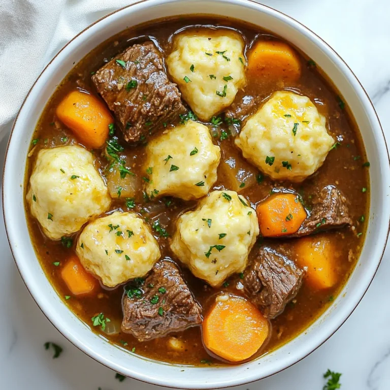 - 2 pounds beef stew meat, cut into 1-inch cubes - 4 medium carrots, sliced - 3 potatoes, diced - 1 onion, chopped - 3 cloves garlic, minced - 4 cups beef broth - 2 tablespoons tomato paste - 1 teaspoon dried thyme - 1 teaspoon dried rosemary - 1 bay leaf - Salt and pepper to taste These main ingredients create a hearty base. The beef stew meat gives rich flavor. Carrots and potatoes add sweetness and texture. Onion and garlic bring depth to the stew. The broth makes it all come together. - 2 cups all-purpose flour - 2 teaspoons baking powder - 1/2 teaspoon salt - 1/2 cup milk - 1/4 cup unsalted butter, melted - 1 tablespoon fresh parsley, chopped (for garnish) For the dumplings, flour and baking powder are key. Milk and melted butter keep them moist. The parsley adds a fresh touch for garnish. Fluffy dumplings complete the stew perfectly. - 1 cup frozen peas (optional) Frozen peas add color and sweetness. You can stir them in the last few minutes of cooking. They give the stew a nice pop. If you want a bit more flavor, try adding them! {{ingredient_image_1}} Start by cutting 2 pounds of beef stew meat into 1-inch cubes. This size helps the beef cook evenly. Sprinkle salt and pepper over the meat for flavor. Next, slice 4 medium carrots and dice 3 potatoes. Chop 1 onion and mince 3 cloves of garlic. Layer these veggies over the beef in your slow cooker. This mix creates a tasty base. In a bowl, whisk together 4 cups of beef broth and 2 tablespoons of tomato paste. Add 1 teaspoon of dried thyme, 1 teaspoon of dried rosemary, and 1 bay leaf. Stir the mixture well to blend the flavors. Pour this broth over the beef and veggies in the slow cooker. This broth adds depth to the dish. Cover the slow cooker and set it to low for 7-8 hours. If you're in a hurry, you can cook it on high for 4-5 hours. The beef is done when it’s tender. This slow cooking lets the flavors meld together beautifully. While the stew cooks, make the dumplings about 30 minutes before you plan to serve. In a large bowl, mix 2 cups of all-purpose flour, 2 teaspoons of baking powder, and 1/2 teaspoon of salt. Pour in 1/2 cup of milk and 1/4 cup of melted unsalted butter. Stir until just combined, but don’t overmix. This keeps the dumplings fluffy. Remove the lid from the slow cooker. Drop spoonfuls of the dumpling mixture on top of the stew. Cover the cooker again and switch it to high. Cook for another 30 minutes. The dumplings should be fluffy and cooked through at this point. If you want, stir in 1 cup of frozen peas during the last 5 minutes of cooking. This adds color and sweetness. Once done, remove the bay leaf from the stew. Serve the stew in bowls and top with fresh chopped parsley. This garnish adds freshness and looks great! For a great beef stew, you want cuts that cook well in liquid. I recommend using chuck roast. This cut has a good amount of fat. The fat helps keep the meat moist and tasty. You can also use brisket or round. These cuts also work well but can be leaner. To make tender dumplings, do not overmix the dough. Mix just until the dry and wet ingredients blend. This keeps the dumplings light. Also, drop spoonfuls directly on the stew. This way, they steam as they cook. You can add a bit of baking powder for extra fluffiness. To boost the flavor of your stew, add a splash of red wine. It adds depth and richness. Adding Worcestershire sauce can also help. Fresh herbs like thyme or rosemary add great flavor, too. You can even toss in some mushrooms or bell peppers for added taste. Pro Tips Choose the Right Cut: Using chuck roast or similar cuts will yield the best results because they break down beautifully during slow cooking, making the stew tender and flavorful. Layer Flavors: For a richer taste, sauté the beef and vegetables in a skillet before adding them to the slow cooker. This enhances the overall flavor profile of your stew. Customize Your Vegetables: Feel free to add other vegetables like parsnips or turnips. Just remember to adjust cooking times based on their size and type for optimal texture. Perfect Dumpling Consistency: Mix the dumpling batter just until combined. Overmixing can lead to dense dumplings instead of the desired fluffy texture. {{image_2}} You can create a tasty vegetarian stew. Replace the beef with hearty mushrooms or lentils. Use vegetable broth instead of beef broth. Carrots, potatoes, and onions still work great. Add some beans for protein. Use herbs like thyme and rosemary for flavor. This option is just as comforting and filling. You can try different dumpling recipes. For a lighter option, mix in whole wheat flour. You can also use biscuit dough for a quick fix. For a unique flavor, add cheese or herbs to the dough. These changes keep the dish exciting and fun. Feel free to swap ingredients based on what you have. If you don't have beef stew meat, chicken works well. Use sweet potatoes if you prefer a sweeter taste. Fresh herbs can replace dried ones for a stronger flavor. For a twist, add different vegetables like parsnips or turnips. Each swap adds a new touch to your stew. To keep your beef stew fresh, let it cool first. Then, transfer it to an airtight container. Store it in the fridge. It stays good for about three to four days. If you want to save it longer, consider freezing. To freeze beef stew, use freezer-safe containers or bags. Split it into smaller portions for easy thawing. Make sure to leave some space at the top of the container. This allows for expansion. Label the bags with the date. The stew can last up to three months in the freezer. When you’re ready to enjoy your stew again, thaw it in the fridge overnight. Reheat it on the stove over medium heat. Stir it often to heat it evenly. You can also use the microwave. Heat in short bursts, stirring in between. Make sure it’s hot all the way through before serving. Enjoy! Yes, you can make this recipe in a regular pot. Use a large pot on the stove. Brown the beef first in a bit of oil. Then add the veggies and broth. Simmer on low heat for about 2 to 3 hours. Stir occasionally until the beef is tender. This method gives you a nice, hearty stew. You can serve many sides with beef stew. Here are some ideas: - Crusty bread for dipping - Mashed potatoes for a creamy side - Steamed green beans for crunch - A simple salad for freshness These sides balance the rich flavors of the stew. The beef is done when it is tender. You can check it with a fork. If it falls apart easily, it is ready. Cooking times vary, but aim for 7-8 hours on low or 4-5 hours on high. Always ensure the meat reaches at least 145°F for safety. Yes, you can add other vegetables to the stew! Great options include: - Celery for crunch - Peppers for sweetness - Mushrooms for earthiness Feel free to mix and match your favorites. Just remember to cut them into similar sizes for even cooking. Beef stew is simple to cook and very tasty. We covered the main ingredients, tasty dumplings, and some optional extras. I shared tips on the best beef cuts and how to make dumplings soft. You can even try a vegetarian version if you like. Store any leftovers safely and reheat them for another meal. I hope you enjoy making this meal as much as I do! Happy cooking!