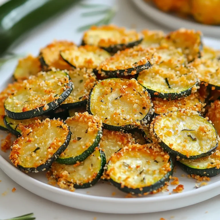 - 2 medium zucchinis - ¾ cup grated Parmesan cheese - 1 cup breadcrumbs - 1 teaspoon garlic powder - 1 teaspoon onion powder - ½ teaspoon paprika - Salt and pepper to taste - 2 eggs - Olive oil spray When I prepare Air Fryer Parmesan Zucchini Chips, I love choosing fresh zucchinis. Two medium zucchinis work best for this recipe. They should be firm and bright green. I slice them thinly to ensure they get crispy. Next, I grab ¾ cup of grated Parmesan cheese. This cheese adds a savory flavor. For crunch, I use 1 cup of breadcrumbs. Whole wheat breadcrumbs give a nice, hearty taste. To spice things up, I add 1 teaspoon each of garlic powder and onion powder. These spices bring out the zucchini flavor. I also sprinkle in ½ teaspoon of paprika for a hint of warmth. For seasoning, I use salt and pepper to taste. I want to enhance the flavors without overpowering them. To bind the coating, I beat 2 eggs in a bowl. This step helps the cheese and breadcrumbs stick. Lastly, I use an olive oil spray for a crispy finish. This step is key! It makes the chips golden and crunchy without adding too much fat. These simple ingredients create a delicious and healthy snack. {{ingredient_image_1}} - Preheat your air fryer to 400°F (200°C). This step is key for crispiness. - Slice the zucchinis thinly. Aim for about 1/4 inch thick. Thin slices cook better. - Mix Parmesan and breadcrumbs in a shallow bowl. This will be your crunchy coating. - Season with garlic powder, onion powder, paprika, salt, and pepper. Stir well to combine all flavors. - Beat the eggs in another bowl until smooth. This will help the coating stick. - Dip each zucchini slice first into the eggs. Let any extra egg drip off. - Coat the slice in the Parmesan-breadcrumb mixture. Press gently to make sure it sticks well. - Arrange the coated zucchini chips in a single layer in the air fryer basket. Don’t overcrowd them. - Lightly spray the tops with olive oil spray for extra crispiness. - Air fry for 10-12 minutes, flipping the chips halfway through. Look for a golden, crispy finish. To get the best crunch from your zucchini chips, olive oil spray is key. This helps the coating stick and crisp up nicely. Just a light spray on top of the chips adds flavor and texture. It’s a small step that makes a big difference. Avoid overcrowding the air fryer basket. If you pack too many chips in, they won’t cook evenly. This leads to soggy chips instead of crispy ones. Cook in batches if needed. This ensures that every chip gets enough hot air to become perfectly golden. These zucchini chips taste great with dips. Try ranch, guacamole, or salsa for a fun twist. They also work well as a side to burgers or sandwiches. Serve them warm for the best taste and texture. The best times to serve these chips are during parties or game days. They make a tasty snack that everyone loves. You can also enjoy them as a healthy treat any time! One common mistake is not preheating the air fryer. This step ensures your chips cook evenly and get crispy. Preheating takes just a few minutes but is worth it. Another mistake is skipping the coating steps. Each chip should first dip in beaten eggs and then in the Parmesan-breadcrumb mix. This process helps the coating stick and adds flavor. Don’t rush through it; take your time for the best results. Pro Tips Choose the Right Zucchini: Select firm, medium-sized zucchinis for the best texture and flavor. Avoid larger ones as they may contain more seeds and be less tender. Optimize the Coating: For an even crispier texture, consider adding a tablespoon of cornstarch to the breadcrumb mixture to enhance the crunch. Batch Cooking: If you're making a large batch, keep cooked chips warm in the oven at a low temperature while you finish air frying the rest. Experiment with Seasonings: Feel free to customize the seasoning mix with your favorite spices like Italian herbs or chili powder for a unique flavor twist. {{image_2}} You can make these zucchini chips even better with flavors. Adding herbs like basil or oregano gives a fresh taste. Just mix them into the breadcrumb mix. You can also make it spicy! Try adding a pinch of cayenne pepper. This will give your chips a nice kick. Adjust the amount based on your spice level. Switching up ingredients can lead to fun results. You can use other cheese types, like cheddar or mozzarella. Each cheese adds its own twist to the flavor. If you need a gluten-free option, try gluten-free breadcrumbs. They work just as well and keep the chips crunchy. These zucchini chips shine as a side or snack. Serve them alongside sandwiches or salads for a tasty treat. You can also add them to salads for extra crunch. They bring a lovely texture to any dish. Try pairing them with dips like ranch or marinara for an extra layer of flavor. To keep your zucchini chips fresh, store them in the fridge. Place the chips in an airtight container. This helps maintain their crunch. If you have many leftover chips, layer them with paper towels. This will absorb moisture. For best results, eat them within two days. To reheat your zucchini chips, use the air fryer. Set it to 350°F (175°C). This method helps keep them crispy. Heat for about 5 minutes. Flip them halfway for even warmth. Avoid the microwave, as it makes them soggy. You can freeze zucchini chips for later. Lay them on a baking sheet in a single layer. Freeze until solid, then transfer to a freezer bag. This way, they won't stick together. When ready to eat, thaw chips in the fridge. Reheat them in the air fryer to regain crispiness. To make your zucchini chips extra crispy, you need to remove moisture. Start by slicing the zucchinis thinly. Use a paper towel to pat them dry. This step is key to getting rid of extra water. You can also sprinkle salt on the slices and let them sit for 15 minutes. The salt will draw out more moisture. After that, rinse and dry the slices again before coating them. Yes, you can use other cheeses! Parmesan gives a nice flavor, but you can try Pecorino Romano or cheddar. If you want a milder taste, mozzarella works too. Just remember, each cheese will change the taste a bit. Experiment with what you like! If you don’t have an air fryer, don’t worry! You can bake the zucchini chips in the oven. Preheat your oven to 425°F (220°C). Line a baking sheet with parchment paper. Place the coated zucchini slices in a single layer on the sheet. Bake for 20-25 minutes. Flip them halfway through to get both sides crispy. Leftovers will last about 2-3 days in the fridge. Store them in an airtight container. To keep them fresh, try to eat them soon after cooking. If they get soggy, you can reheat them in the air fryer or oven. Just a few minutes will bring back some crispiness! Zucchini chips are a tasty snack you can easily make at home. We covered the ingredients, step-by-step instructions, and helpful tips. You learned how to achieve crispiness and avoid common mistakes. You also discovered flavor variations and storage methods. Try using different cheeses or serving options to mix things up. Making zucchini chips is fun and simple. Enjoy your crunchy snack while exploring new ways to enhance it. Your kitchen adventures with zucchini chips can start now!