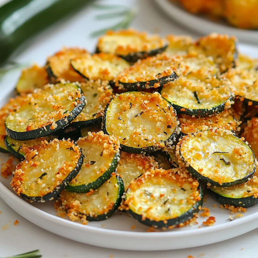 - 2 medium zucchinis - ¾ cup grated Parmesan cheese - 1 cup breadcrumbs - 1 teaspoon garlic powder - 1 teaspoon onion powder - ½ teaspoon paprika - Salt and pepper to taste - 2 eggs - Olive oil spray When I prepare Air Fryer Parmesan Zucchini Chips, I love choosing fresh zucchinis. Two medium zucchinis work best for this recipe. They should be firm and bright green. I slice them thinly to ensure they get crispy. Next, I grab ¾ cup of grated Parmesan cheese. This cheese adds a savory flavor. For crunch, I use 1 cup of breadcrumbs. Whole wheat breadcrumbs give a nice, hearty taste. To spice things up, I add 1 teaspoon each of garlic powder and onion powder. These spices bring out the zucchini flavor. I also sprinkle in ½ teaspoon of paprika for a hint of warmth. For seasoning, I use salt and pepper to taste. I want to enhance the flavors without overpowering them. To bind the coating, I beat 2 eggs in a bowl. This step helps the cheese and breadcrumbs stick. Lastly, I use an olive oil spray for a crispy finish. This step is key! It makes the chips golden and crunchy without adding too much fat. These simple ingredients create a delicious and healthy snack. {{ingredient_image_1}} - Preheat your air fryer to 400°F (200°C). This step is key for crispiness. - Slice the zucchinis thinly. Aim for about 1/4 inch thick. Thin slices cook better. - Mix Parmesan and breadcrumbs in a shallow bowl. This will be your crunchy coating. - Season with garlic powder, onion powder, paprika, salt, and pepper. Stir well to combine all flavors. - Beat the eggs in another bowl until smooth. This will help the coating stick. - Dip each zucchini slice first into the eggs. Let any extra egg drip off. - Coat the slice in the Parmesan-breadcrumb mixture. Press gently to make sure it sticks well. - Arrange the coated zucchini chips in a single layer in the air fryer basket. Don’t overcrowd them. - Lightly spray the tops with olive oil spray for extra crispiness. - Air fry for 10-12 minutes, flipping the chips halfway through. Look for a golden, crispy finish. To get the best crunch from your zucchini chips, olive oil spray is key. This helps the coating stick and crisp up nicely. Just a light spray on top of the chips adds flavor and texture. It’s a small step that makes a big difference. Avoid overcrowding the air fryer basket. If you pack too many chips in, they won’t cook evenly. This leads to soggy chips instead of crispy ones. Cook in batches if needed. This ensures that every chip gets enough hot air to become perfectly golden. These zucchini chips taste great with dips. Try ranch, guacamole, or salsa for a fun twist. They also work well as a side to burgers or sandwiches. Serve them warm for the best taste and texture. The best times to serve these chips are during parties or game days. They make a tasty snack that everyone loves. You can also enjoy them as a healthy treat any time! One common mistake is not preheating the air fryer. This step ensures your chips cook evenly and get crispy. Preheating takes just a few minutes but is worth it. Another mistake is skipping the coating steps. Each chip should first dip in beaten eggs and then in the Parmesan-breadcrumb mix. This process helps the coating stick and adds flavor. Don’t rush through it; take your time for the best results. Pro Tips Choose the Right Zucchini: Select firm, medium-sized zucchinis for the best texture and flavor. Avoid larger ones as they may contain more seeds and be less tender. Optimize the Coating: For an even crispier texture, consider adding a tablespoon of cornstarch to the breadcrumb mixture to enhance the crunch. Batch Cooking: If you're making a large batch, keep cooked chips warm in the oven at a low temperature while you finish air frying the rest. Experiment with Seasonings: Feel free to customize the seasoning mix with your favorite spices like Italian herbs or chili powder for a unique flavor twist. {{image_2}} You can make these zucchini chips even better with flavors. Adding herbs like basil or oregano gives a fresh taste. Just mix them into the breadcrumb mix. You can also make it spicy! Try adding a pinch of cayenne pepper. This will give your chips a nice kick. Adjust the amount based on your spice level. Switching up ingredients can lead to fun results. You can use other cheese types, like cheddar or mozzarella. Each cheese adds its own twist to the flavor. If you need a gluten-free option, try gluten-free breadcrumbs. They work just as well and keep the chips crunchy. These zucchini chips shine as a side or snack. Serve them alongside sandwiches or salads for a tasty treat. You can also add them to salads for extra crunch. They bring a lovely texture to any dish. Try pairing them with dips like ranch or marinara for an extra layer of flavor. To keep your zucchini chips fresh, store them in the fridge. Place the chips in an airtight container. This helps maintain their crunch. If you have many leftover chips, layer them with paper towels. This will absorb moisture. For best results, eat them within two days. To reheat your zucchini chips, use the air fryer. Set it to 350°F (175°C). This method helps keep them crispy. Heat for about 5 minutes. Flip them halfway for even warmth. Avoid the microwave, as it makes them soggy. You can freeze zucchini chips for later. Lay them on a baking sheet in a single layer. Freeze until solid, then transfer to a freezer bag. This way, they won't stick together. When ready to eat, thaw chips in the fridge. Reheat them in the air fryer to regain crispiness. To make your zucchini chips extra crispy, you need to remove moisture. Start by slicing the zucchinis thinly. Use a paper towel to pat them dry. This step is key to getting rid of extra water. You can also sprinkle salt on the slices and let them sit for 15 minutes. The salt will draw out more moisture. After that, rinse and dry the slices again before coating them. Yes, you can use other cheeses! Parmesan gives a nice flavor, but you can try Pecorino Romano or cheddar. If you want a milder taste, mozzarella works too. Just remember, each cheese will change the taste a bit. Experiment with what you like! If you don’t have an air fryer, don’t worry! You can bake the zucchini chips in the oven. Preheat your oven to 425°F (220°C). Line a baking sheet with parchment paper. Place the coated zucchini slices in a single layer on the sheet. Bake for 20-25 minutes. Flip them halfway through to get both sides crispy. Leftovers will last about 2-3 days in the fridge. Store them in an airtight container. To keep them fresh, try to eat them soon after cooking. If they get soggy, you can reheat them in the air fryer or oven. Just a few minutes will bring back some crispiness! Zucchini chips are a tasty snack you can easily make at home. We covered the ingredients, step-by-step instructions, and helpful tips. You learned how to achieve crispiness and avoid common mistakes. You also discovered flavor variations and storage methods. Try using different cheeses or serving options to mix things up. Making zucchini chips is fun and simple. Enjoy your crunchy snack while exploring new ways to enhance it. Your kitchen adventures with zucchini chips can start now!
