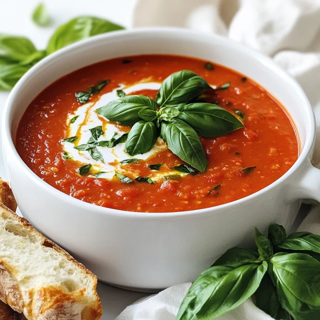 To make this slow cooker tomato basil bisque, gather these simple ingredients: - 2 cans (28 oz each) crushed tomatoes - 1 medium onion, chopped - 2 cloves garlic, minced - 1 carrot, finely chopped - 1 celery stalk, finely chopped - 4 cups vegetable broth - 1 cup heavy cream (or coconut cream for a vegan option) - 1 tablespoon sugar (optional, to balance acidity) - 1 teaspoon dried basil - 1 teaspoon dried oregano - Salt and pepper to taste - Fresh basil leaves for garnish These ingredients come together to create a warm and flavorful soup. You can swap some ingredients based on your needs or what you have: - Use fresh tomatoes instead of canned ones. Just peel and chop them. - Swap heavy cream for coconut cream or almond milk for a dairy-free version. - Replace vegetable broth with chicken broth for a different taste. - If you want a sweeter bisque, consider using honey instead of sugar. Feel free to mix and match based on what you like! Using fresh ingredients can make a big difference in flavor. - Fresh basil adds a nice aroma that dried herbs can't match. - Fresh tomatoes often taste better than canned, giving your bisque a vibrant taste. - Fresh vegetables like onions, carrots, and celery provide great texture and natural sweetness. These fresh ingredients create a rich, comforting soup that warms your heart and soul. To start, gather your ingredients. This soup needs two cans of crushed tomatoes, one medium onion, two cloves of garlic, one carrot, and one celery stalk. Chop the onion, mince the garlic, and finely chop the carrot and celery. This helps all the flavors mix well. Next, grab your slow cooker. Add the crushed tomatoes, chopped onion, minced garlic, carrot, and celery. Pour in four cups of vegetable broth. This broth adds depth and richness to the soup. Now, stir in one teaspoon of dried basil and one teaspoon of dried oregano. Add salt and pepper to taste. If you like a sweeter flavor, add one tablespoon of sugar. Now it’s time to cook! Cover the slow cooker and set it to low for 6-8 hours or high for 3-4 hours. The goal is to make the vegetables soft and full of flavor. You can go about your day while this soup cooks. Once the cooking time is up, it’s time to blend. If you have an immersion blender, use it to puree the soup directly in the slow cooker. If you don’t, carefully transfer the soup in batches to a regular blender. Blend it until it’s smooth. Now, stir in one cup of heavy cream or coconut cream. This will make your bisque rich and creamy. Taste the soup and add more salt and pepper if needed. Let the bisque simmer on low for another 30 minutes. This helps the flavors come together perfectly. For presentation, serve your bisque in bowls. Garnish with fresh basil leaves and a drizzle of cream. Don’t forget some crusty bread for dipping! To make your bisque sing, focus on fresh herbs. Fresh basil adds a bright note. You can also toss in some fresh parsley or thyme for depth. Another tip is to roast your garlic before adding it. This brings out its sweet flavor. If you want a little zing, add a splash of balsamic vinegar or a pinch of red pepper flakes. These small changes can make a big impact! One common mistake is rushing the cooking time. Slow cooking lets all the flavors blend well. If you cook too fast, the soup may taste flat. Also, avoid skipping the sugar. It balances the acidity of the tomatoes. Lastly, be careful when blending. If you over-blend, you may lose that lovely texture. Aim for a creamy yet slightly chunky feel. The texture is key for a great bisque. If your soup is too thick, add more broth or cream. Mix it in slowly until it reaches the right smoothness. If it’s too thin, let it simmer longer with the lid off. This will help it thicken up. You can also add a little cornstarch mixed with water for a quick fix. Remember, it’s all about your taste and texture! {{image_2}} To make the bisque vegan, just swap the heavy cream for coconut cream. This gives the soup a rich, creamy texture without dairy. Coconut cream adds a hint of sweetness, which works well with the tomatoes. You can also add a splash of lemon juice for extra brightness. If you enjoy some heat, try adding red pepper flakes or diced jalapeños. Start with a small amount and taste as you go. This way, you control the spice level. Another option is to add a splash of hot sauce right before serving. This adds a nice kick without changing the soup's main flavors. To make the bisque more filling, consider adding protein. Cooked lentils or chickpeas work well. They boost nutrition and add texture. You can also add shredded chicken or turkey if you want meat. Just stir in the protein during the last 30 minutes of cooking. This ensures everything heats through nicely. After enjoying your slow cooker tomato basil bisque, store leftovers in airtight containers. Make sure the soup cools first. This helps keep the flavor fresh. Place the containers in the fridge. The bisque stays good for up to five days. Always label your containers with the date. This way, you know when to eat it. To freeze the bisque, let it cool completely before packing. Use freezer-safe bags or containers. Remove as much air as possible to avoid freezer burn. The soup can last up to three months in the freezer. When you're ready to eat, thaw it in the fridge overnight. This ensures safe and even thawing. Reheat the bisque on the stove over medium heat. Stir it often to prevent sticking. If it's too thick, add a splash of broth or water. You can also reheat it in the microwave. Just place it in a microwave-safe bowl and cover it. Heat in short bursts, stirring in between, until hot. Enjoy your warm, comforting soup! Yes, you can use fresh tomatoes. Start with about 10-12 ripe tomatoes. First, peel and chop them. You want them to be juicy. Fresh tomatoes give a bright taste. If you choose fresh, cook the soup longer. This helps the flavors blend well. You can use coconut cream for a vegan option. It will add a nice sweetness. Another option is to use whole milk or half-and-half. These will change the flavor a bit but still taste great. Silken tofu blended until smooth is also a good choice. The bisque lasts about 4-5 days in the fridge. Store it in an airtight container. Make sure to cool it down before putting it away. If you want to keep it longer, freeze it. It can last up to 3 months in the freezer. Using fresh ingredients is key for a great dish. We explored the ingredients, preparation steps, and tips to enhance flavor. I shared options for different diets and explained how to store leftovers. Remember, your choices shape the final taste. With this guide, you're ready to make a delicious bisque. Enjoy your cooking journey!