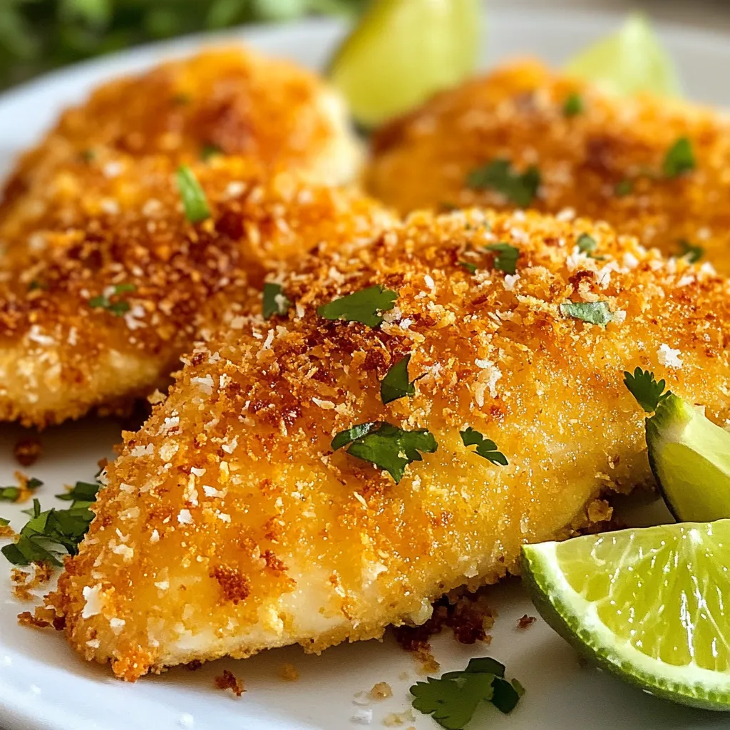 To make Coconut Crusted Chicken, you need: - 2 boneless, skinless chicken breasts - 1 cup shredded coconut (unsweetened) - 1 cup panko breadcrumbs - 1/2 cup all-purpose flour - 2 large eggs - 1 teaspoon garlic powder - 1 teaspoon paprika - Salt and pepper to taste - 1 tablespoon lime juice - Cooking oil (for frying) These ingredients create a tasty crust and juicy chicken. The coconut gives it a tropical twist. Panko breadcrumbs add a light crunch. The garlic and paprika add nice flavor. You can enhance the dish with: - Fresh cilantro for garnish - Chili powder for heat - A splash of coconut milk for moisture - Mango salsa for a sweet touch These extras make the dish even better. They add fresh tastes and colors to your plate. You will need a few tools: - A meat mallet or rolling pin - Three shallow bowls for breading - A large skillet for frying - A baking sheet for the oven - A spatula to flip the chicken Having the right tools helps you cook with ease. It makes the process smooth and fun. {{ingredient_image_1}} Start by preheating your oven to 375°F (190°C). Take two boneless, skinless chicken breasts. Place them between two sheets of plastic wrap. Use a meat mallet to gently pound the chicken. Aim for an even thickness of about 1/2 inch. This step helps the chicken cook evenly. Next, set up your breading station. Grab three shallow bowls. In the first bowl, add 1/2 cup of all-purpose flour. In the second bowl, beat two large eggs with 1 tablespoon of lime juice. In the third bowl, mix 1 cup of shredded coconut, 1 cup of panko breadcrumbs, 1 teaspoon of garlic powder, 1 teaspoon of paprika, salt, and pepper. This station makes the breading process neat and easy. Now, it's time to bread the chicken. Dip each chicken breast into the flour first. Shake off any extra flour. Next, coat the chicken in the egg mixture, letting the excess drip off. Finally, press the chicken into the coconut-panko mixture. Make sure to coat it evenly for the best crunch. Heat a large skillet over medium heat. Add a layer of cooking oil to the skillet. Once the oil is hot, place the breaded chicken in the skillet. Cook for about 4-5 minutes on each side. You want them to be golden brown and cooked through. After frying, transfer the chicken to a baking sheet. Bake in the preheated oven for 10 minutes. This step ensures the chicken is crispy and fully cooked. To get that satisfying crunch, focus on the breading. Use fresh, dry panko breadcrumbs. They give a light, airy feel. Make sure to press the chicken into the coconut mixture firmly. This helps it stick well. Fry the chicken on medium heat. Too high a heat burns the outside before the inside cooks. Lastly, finish in the oven. This step makes it extra crispy. One mistake is not pounding the chicken. It should be even for best cooking. Another error is rushing the breading. Each layer should coat fully. Don't skip the resting time after frying. This allows the juices to settle. Finally, be careful with the oil. Too little oil can lead to soggy chicken. Coconut crusted chicken pairs well with many sauces. A sweet chili sauce adds a nice kick. A classic ranch dressing is always a favorite. For a tropical twist, try a mango salsa. You can also serve it with a lime yogurt dip. Each sauce enhances the chicken’s flavor. Pro Tips Keep It Even: Ensure chicken breasts are pounded to an even thickness for uniform cooking. Use Unsweetened Coconut: Opt for unsweetened shredded coconut to avoid excess sugar and enhance the savory flavor. Rest Before Serving: Allow the chicken to rest for a few minutes after cooking to retain its juices and flavor. Experiment with Dips: Pair the chicken with various dipping sauces like sweet chili, mango salsa, or a spicy aioli for a flavor boost. {{image_2}} You can change up the flavor of your coconut crusted chicken. Instead of garlic powder, try onion powder or cayenne for heat. For a hint of sweetness, add brown sugar to the coconut mixture. You can also use fresh herbs like cilantro or parsley for a bright taste. Experiment with spices like curry powder or cumin for a unique twist. You have two great options for cooking your chicken. Pan-frying gives a crispy, golden crust. Use enough oil to cover the pan. Cook each side for about 4-5 minutes. Baking is a healthier choice. Preheat the oven to 375°F. After frying, bake for 10 minutes to finish cooking. Both methods yield delicious results. Pair your coconut crusted chicken with tasty sides. A fresh mango salsa adds sweetness and crunch. For a salad, try a simple mixed greens salad with lime vinaigrette. You can also serve rice or quinoa for a filling meal. Add roasted vegetables for color and flavor. These sides complement the chicken well. After enjoying your coconut crusted chicken, let it cool. Place the leftovers in an airtight container. Store it in the fridge for up to three days. This keeps the chicken fresh and tasty for your next meal. To reheat, place the chicken in a skillet over medium heat. Cook for about 3-4 minutes on each side until hot. You can also use an oven. Preheat it to 350°F (175°C). Bake the chicken for about 10 minutes. This method helps keep the crust crispy. If you want to keep the chicken longer, freezing works well. Wrap each piece tightly in plastic wrap. Then, place them in a freezer bag. Label the bag with the date. You can freeze the chicken for up to three months. To thaw, place it in the fridge overnight before reheating. To make Coconut Crusted Chicken gluten-free, swap the all-purpose flour and panko breadcrumbs. Use gluten-free flour and gluten-free breadcrumbs instead. These options work well and provide the right texture. Be sure to check labels for hidden gluten. This way, anyone can enjoy this dish. Yes, you can use chicken thighs for this recipe. Thighs have more fat, which makes them juicy. They also stay moist during cooking. Just make sure to adjust the cooking time. Thighs may need a few extra minutes. If you don’t have panko, try regular breadcrumbs or crushed cornflakes. Both options provide a nice crunch. You can also use crushed nuts, like almonds or cashews, for a different flavor. Just ensure that the substitute is dry enough to coat the chicken well. You now have all the steps to make great coconut crusted chicken. Remember the key ingredients and equipment needed. Prepare your chicken well and set up a proper breading station for best results. Avoid common mistakes to achieve the perfect crunch. Don't forget to explore variations and tasty dips. Store leftovers properly and use the right reheating methods. With these tips, you can enjoy this dish anytime. It's easy to customize, so have fun with it!