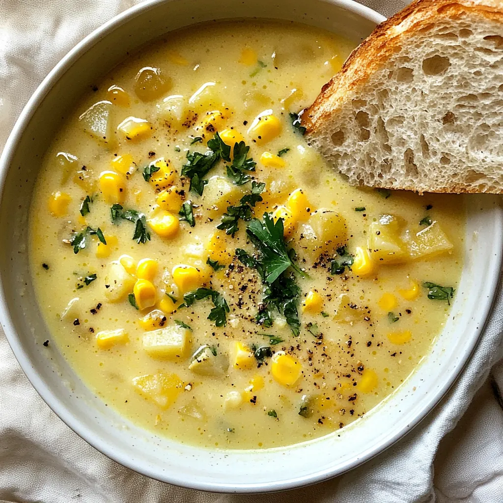 Fresh corn is key for this chowder. You need about 4 cups, which is around 6-8 ears of corn. Make sure to choose corn that feels firm. The kernels should be plump and sweet. This corn gives your chowder its bright, sweet flavor. You will also need: - 1 medium onion, diced - 2 cloves garlic, minced - 2 medium potatoes, peeled and diced - 4 cups vegetable broth - 1 cup whole milk or plant-based milk (like almond or oat) - 1 teaspoon smoked paprika - 1/2 teaspoon cayenne pepper (adjust for spice) - Salt and pepper to taste - 2 tablespoons olive oil Each ingredient adds depth to the chowder. The onion and garlic bring sweetness and aroma. Potatoes make it hearty, while the broth provides a savory base. Smoked paprika adds a rich flavor, and cayenne gives it a kick. For a lovely finish, consider adding: - Chopped fresh cilantro or parsley These herbs add color and freshness. You can also drizzle a bit of olive oil on top. This elevates the dish and makes it look restaurant-worthy. {{ingredient_image_1}} Start by heating two tablespoons of olive oil in a large pot over medium heat. Add one medium diced onion. Sauté for about five minutes until it turns soft and clear. Next, stir in two minced garlic cloves. Cook for one more minute until you smell the garlic’s rich aroma. Now, add two peeled and diced potatoes to the pot. Pour in four cups of vegetable broth. Bring the mixture to a gentle simmer. Cook for 10 to 15 minutes, or until the potatoes become tender. This step builds the chowder's base flavor. After your potatoes are cooked, stir in four cups of fresh corn kernels. Add one teaspoon of smoked paprika and half a teaspoon of cayenne pepper. Mix in salt and pepper to taste. Let this simmer for another 10 minutes. It will meld the flavors together. For a creamy texture, use an immersion blender. Blend half of the chowder. If you don’t have one, carefully transfer half to a regular blender. Blend until smooth, then pour it back into the pot. Once blended, stir in one cup of whole milk or your choice of plant-based milk. Heat the chowder for an additional five minutes. Adjust the seasoning as needed. Remove it from the heat and let it sit for a few minutes before serving. This allows the flavors to settle. Serve the chowder in deep bowls, garnished with chopped cilantro or parsley. A drizzle of olive oil adds a lovely touch. Enjoy your delicious summer corn chowder with crusty bread! When choosing fresh corn, look for bright green husks. They should feel firm and tight. You want the silk at the top to be brown and sticky. Check the kernels too; they should be plump and milky. If you press a kernel with your thumb, it should release a milky juice. This means the corn is fresh and sweet. To get that creamy texture, blend half of the chowder. I use an immersion blender for this. It is easy and quick. If you don't have one, carefully transfer half to a blender. Blend until smooth, then mix it back in. This way, you keep some corn and potato chunks, which adds nice texture. If you like more heat, add more cayenne pepper. Start with a little, then taste as you go. You can also try adding hot sauce for extra kick. If it gets too spicy, balance it with more milk or broth. This will help keep the flavors bright without overwhelming your taste buds. Pro Tips Use Fresh Corn: The sweetness and crunch of fresh corn will elevate your chowder’s flavor. Choose ears of corn that feel heavy and have bright green husks. Adjust the Creaminess: For a creamier chowder, blend more of the mixture. If you prefer a chunkier texture, blend less. Tailor it to your taste! Spice It Up: Experiment with spices! Add more cayenne or a splash of hot sauce for an extra kick, or try different spices like thyme or cumin. Make It Ahead: This chowder tastes even better the next day! Make a batch ahead of time and store it in the fridge for a quick meal. {{image_2}} You can easily make corn chowder vegan. Just swap whole milk for plant-based milk. Almond or oat milk works well. This change keeps the creaminess without any dairy. You can also skip the butter or use olive oil instead. This way, everyone can enjoy the dish. If you want to add protein, try chicken or beans. For chicken, use cooked, shredded pieces. Stir them in when you add the corn. If you prefer beans, add a can of drained beans like black or white beans. This adds texture and makes it more filling. Feel free to mix in other veggies! Zucchini, bell peppers, or fresh herbs can brighten the dish. Add diced zucchini along with the potatoes. You can toss in chopped bell peppers for extra flavor. Fresh herbs like basil or thyme can elevate the taste too. Use what’s fresh and in season for a vibrant chowder. To keep your corn chowder fresh, place any leftovers in an airtight container. Make sure it cools to room temperature before sealing. Store it in the fridge for up to three days. This way, you can enjoy it later without losing flavor. When you're ready to eat the chowder, gently reheat it on the stove. Pour it into a pot over low heat. Stir often to prevent it from sticking. If it seems too thick, add a splash of broth or milk. Heat until warm, and enjoy the tasty flavors again! If you want to save chowder for later, freezing works great. Let it cool completely, then transfer it to a freezer-safe container. Leave some space at the top for expansion. It can stay good for up to three months in the freezer. When you're ready to enjoy it, thaw it in the fridge overnight before reheating. This keeps the taste fresh and delicious! Yes, you can use frozen corn. It saves time and is convenient. Frozen corn is picked at peak freshness. This means it often has a good taste. Use the same amount as fresh corn. Just add it to the pot when you add the fresh corn. It will cook well and blend in nicely. To make this chowder gluten-free, you need to check the broth. Use a gluten-free vegetable broth. Most store-bought broths are gluten-free, but read the label first. The rest of the ingredients are already gluten-free. Enjoy your chowder without worry! Corn chowder pairs well with several sides. Here are some ideas: - Crusty bread for dipping - A simple green salad - Grilled cheese sandwiches - Corn muffins for a sweet touch These sides will make your meal more filling and fun. Corn chowder lasts about 3-4 days in the fridge. Store it in a sealed container. When reheating, stir well and heat until hot. If it thickens, add a splash of milk or broth. This will help restore its creamy texture. This chowder recipe blends fresh corn and veggies into a tasty dish. You learned how to select the best ingredients, sauté veggies, and achieve creaminess. Variations let you make it vegan or add proteins. Proper storage keeps leftovers fresher longer. Embrace this recipe. Enjoy it with friends and family. Your kitchen can create warmth and smiles through food.