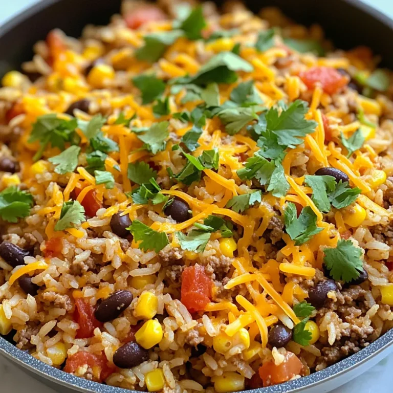 To make a tasty Cheesy Taco Rice Skillet, gather these simple ingredients: - 1 cup uncooked long-grain rice - 1 pound ground beef or turkey - 1 tablespoon olive oil - 1 small onion, finely chopped - 2 cloves garlic, minced - 1 packet taco seasoning - 1 can (15 oz) black beans, rinsed and drained - 1 can (15 oz) diced tomatoes with green chilies - 1 cup corn (frozen or canned) - 2 cups chicken or vegetable broth - 1 cup shredded cheddar cheese - Fresh cilantro, for garnish - Salt and pepper, to taste These ingredients pack a punch of flavor. The ground meat gives a hearty base. The rice soaks up all the yummy juices. Black beans add fiber and protein. The tomatoes with chilies bring a nice kick. Don't forget the cheese! It melts into a creamy dream. You can personalize this with your favorite toppings. Fresh cilantro adds a pop of color. {{ingredient_image_1}} 1. Heating the skillet and sautéing onion Start by heating 1 tablespoon of olive oil in a large skillet over medium heat. Add 1 small chopped onion. Sauté it for about 3-4 minutes until it becomes soft and clear. 2. Cooking the garlic and meat Next, add 2 minced garlic cloves and 1 pound of ground beef or turkey to the skillet. Cook for 5-7 minutes. Break up the meat with a spatula. Make sure it is browned and cooked through. Drain any extra fat from the skillet. 3. Adding taco seasoning Stir in 1 packet of taco seasoning. Let it cook for another 2 minutes. This step helps the spices blend well with the meat. 4. Mixing in rice and other ingredients Now, add 1 cup of uncooked long-grain rice, 1 can of rinsed black beans, 1 can of diced tomatoes with green chilies, and 1 cup of corn. Pour in 2 cups of chicken or vegetable broth. Stir everything together until well combined. 5. Simmering until rice is cooked Bring the mixture to a boil. Once boiling, reduce the heat to low. Cover the skillet and let it simmer for 20-25 minutes. This allows the rice to cook and absorb most of the liquid. 6. Melting cheese and finishing the dish After the rice is tender, stir in 1 cup of shredded cheddar cheese. Cover the skillet again for 5 minutes. This helps the cheese melt nicely. 7. Final touches Taste your dish and add salt and pepper as needed. Before serving, garnish with fresh cilantro for a pop of color and flavor. - Choosing the best ground meat: Ground beef gives rich flavor. Ground turkey is leaner but still tasty. Choose what you like best! - Adjusting spice levels: Taco seasoning packs a punch. If you like it mild, use less. For more heat, add some cayenne or chili powder. - Ensuring rice cooks evenly: Rinse the rice before adding. This removes extra starch. It helps the rice stay fluffy and cook well. - Best practices for melting cheese: Add cheese at the end. Cover the skillet to trap heat. This melts the cheese perfectly without burning. - Ideas for garnishing with cilantro: Chop fresh cilantro finely. Sprinkle it on top for color and flavor. It adds a nice touch and freshness. - Serving suggestions with sides: Serve with tortilla chips or a side salad. You can also add sour cream or guacamole. These sides make the meal even more fun! Pro Tips Use Brown Rice: For a healthier option, substitute long-grain rice with brown rice. Just remember to increase the cooking time and liquid accordingly. Spice it Up: If you prefer extra heat, add some chopped jalapeños or a dash of cayenne pepper into the skillet when cooking the meat. Cheese Variations: Experiment with different types of cheese such as pepper jack for a spicier kick or Monterey Jack for a creamier texture. Meal Prep Friendly: This dish can be easily made ahead of time and stored in the refrigerator. Just reheat and serve for a quick weeknight meal! {{image_2}} You can easily change this dish to fit your needs. For a vegetarian option, replace the meat with diced mushrooms or lentils. Both add great flavor and texture. If you want a vegan dish, skip the cheese or use a plant-based cheese. You can also use vegetable broth instead of chicken broth for a full vegan meal. For gluten-free options, ensure your taco seasoning is gluten-free. Most brands are safe. This way, you can enjoy the dish without worry. To make your dish pop, try adding spices like cumin or smoked paprika. These spices can boost the taste and give warmth to the meal. You can also add veggies for extra nutrition. Chopped bell peppers or zucchini blend well. They add color and crunch. Just toss them in with the onion for a tasty boost. These variations make the Cheesy Taco Rice Skillet fun and different each time you cook it! To keep your Cheesy Taco Rice Skillet fresh, you need to cool it first. Allow the dish to sit at room temperature for about 30 minutes. This helps prevent bacteria growth. Once cooled, transfer the leftovers into airtight containers. Glass or plastic containers work well for storage. Make sure to fill them only halfway to allow for expansion when freezing. Label the containers with the date for easy tracking. When it’s time to enjoy your leftovers, use a safe reheating method. The stovetop is my favorite way. Place the skillet over low heat. Add a splash of broth or water to prevent sticking. Stir often to keep the rice from burning. You can also microwave it. Use a microwave-safe bowl and cover it with a damp paper towel. This keeps moisture in. Reheat for one minute, then stir and check if it’s warm. If not, heat in 30-second bursts until hot. This method helps maintain flavor and texture. Enjoy your meal just like it was fresh! How can I make Cheesy Taco Rice Skillet ahead of time? You can prepare the dish in advance. Cook it fully, then cool it down. Store it in an airtight container in the fridge. When ready to eat, just reheat it on the stovetop or in the microwave. Can I use brown rice instead of white rice? Yes, you can use brown rice. Just remember that it takes longer to cook. Add an extra 10-15 minutes to the simmer time. Also, use more broth to ensure it cooks well. What's the best way to freeze this dish? To freeze, let the dish cool completely. Then, place it in a freezer-safe container. You can also use freezer bags. Make sure to remove as much air as possible before sealing. How to customize the recipe for kids? Make it kid-friendly by cutting back on spices. You can also add more cheese for extra flavor. Serve it with tortilla chips or soft tortillas for fun eating options. Is it possible to make it in a slow cooker? Absolutely! Brown the meat and onions first, then put everything in the slow cooker. Cook on low for about 4-6 hours. Stir in the cheese just before serving. In this blog post, we covered a tasty Cheesy Taco Rice Skillet recipe, focusing on simple ingredients and clear steps. You learned how to prepare the dish, tips for perfecting the recipe, and variations for dietary needs. Remember, you can customize spice levels to fit your taste. Keep leftovers fresh with proper storage methods. This meal is not only easy but also fun to make and serve. Enjoy cooking and sharing this hearty dish with those you love!