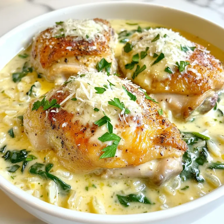 To make Creamy Smothered Chicken and Rice, you need some simple ingredients. Here’s what you'll need for this tasty dish: - 4 boneless, skinless chicken thighs - 1 cup long-grain rice - 1 small onion, diced - 2 cloves garlic, minced - 1 cup chicken broth - 1 cup heavy cream - 1 teaspoon paprika - 1 teaspoon Italian seasoning - 1 tablespoon olive oil - Salt and pepper, to taste - 2 cups fresh spinach - 1/2 cup grated Parmesan cheese - Fresh parsley, for garnish These ingredients come together to create a warm, comforting meal. The chicken thighs add richness, while the rice soaks up all the flavors. Onion and garlic give it a nice aroma. The heavy cream makes everything creamy and smooth. Don't forget the spinach for a pop of color and nutrients. Finally, the Parmesan cheese adds a salty, savory kick. Using fresh ingredients makes a big difference. Always choose high-quality chicken and fresh veggies for the best taste. With this list, you can make a delicious dinner that everyone will love. {{ingredient_image_1}} To start, season the chicken thighs with salt, pepper, and paprika. This adds great flavor. Heat olive oil in a large skillet over medium-high heat. Add the chicken thighs to the skillet. Cook them for about 5 to 7 minutes on each side. You want them browned and fully cooked. Once done, remove the chicken from the skillet and set it aside. This step builds a tasty base for your dish. Next, we will make the base for our creamy dish. In the same skillet, add diced onion and minced garlic. Sauté these for 3 to 4 minutes. You want the onion to be soft and fragrant. This will add a wonderful aroma to your meal. After that, stir in the long-grain rice. Cook it for 2 minutes to lightly toast it. Toasting the rice adds depth to its flavor. Now, it’s time to simmer our dish. Pour in the chicken broth and bring it to a boil. Lower the heat, cover the skillet, and let it simmer for 15 to 20 minutes. This allows the rice to soak up the broth. The rice should be tender and fluffy when done. After that, stir in the heavy cream, Italian seasoning, and fresh spinach. Cook for another 3 to 5 minutes until the spinach wilts. This adds a lovely creaminess and color to the dish. Return the cooked chicken thighs to the skillet. Nestle them into the creamy rice mixture. Finally, sprinkle grated Parmesan cheese on top. Cover for another 2 to 3 minutes to melt the cheese. This gives the dish a rich, cheesy finish. Adjust the seasoning with salt and pepper if needed. Your creamy smothered chicken and rice is now ready to enjoy! - Ensuring chicken is perfectly cooked: Use a meat thermometer. Chicken should reach 165°F. This ensures it is safe to eat. Cook it for about 5-7 minutes on each side. Look for a golden brown color. This step adds flavor and texture. - Achieving creamy rice texture: Use long-grain rice for the best results. Toasting the rice for a few minutes adds depth. Make sure to cover the skillet while simmering. This keeps the steam in and helps the rice cook evenly. Stir in the heavy cream slowly for a rich finish. - Alternative spices and seasonings: Try adding garlic powder or onion powder for more flavor. A dash of cayenne pepper gives a nice kick. You can also use herbs like thyme or rosemary. These will add new layers of taste without straying far from the original recipe. - Recommended side dishes to serve with: Pair this dish with a fresh green salad for balance. Roasted vegetables are also a great choice. They add color and nutrition to your meal. For a heartier option, serve with crusty bread to soak up the creamy sauce. Pro Tips Perfectly Cooked Rice: Rinse the rice under cold water before cooking to remove excess starch. This will help achieve a fluffier texture. Chicken Thighs: Opt for boneless chicken thighs for added flavor and tenderness. They remain juicy even after cooking longer than other cuts. Adding Spinach: Add the spinach towards the end of cooking to preserve its vibrant color and nutrients. It will wilt beautifully in the creamy sauce. Garnishing: For an extra touch, use freshly grated Parmesan and a squeeze of lemon juice before serving to enhance the dish's flavors. {{image_2}} You can replace heavy cream with several options. Use half-and-half for a lighter texture. Coconut milk adds a nice twist and keeps it dairy-free. For a low-fat option, try Greek yogurt. It will give a creamy feel without the calories. Feel free to mix in other vegetables. Peas, bell peppers, or mushrooms work well. You can also use kale instead of spinach for added nutrients. Adding carrots can give a sweet touch and vibrant color to your dish. To make this dish gluten-free, substitute regular rice with brown rice or quinoa. Always check the chicken broth for gluten-free labels. This ensures you enjoy a safe and tasty meal. If you're looking for a low-calorie version, use skinless chicken breasts instead of thighs. Swap heavy cream for low-fat yogurt or almond milk. Reducing the cheese or using nutritional yeast can also help cut calories without losing flavor. Enjoy your creamy smothered chicken and rice while staying healthy! After you finish your meal, let the creamy smothered chicken and rice cool down. Place it in an airtight container. This keeps your dish fresh and tasty. Store it in the fridge for up to 3 days. Always check for any strange smells or colors before eating. You can freeze creamy chicken and rice for later. Just make sure it’s completely cool first. Transfer the dish to a freezer-safe container. It can stay good for about 2 months in the freezer. When you’re ready to enjoy it again, thaw it in the fridge overnight. Reheat it in a pan over low heat. Add a splash of chicken broth to make it creamy again. Stir it well until heated through. Enjoy your delicious meal! Can I use chicken breasts instead of thighs? Yes, you can use chicken breasts instead of thighs. Chicken breasts will cook faster, so check them after 5-6 minutes. They should be juicy and tender. However, thighs give a richer flavor and stay moist better. How do I prevent the rice from sticking? To prevent the rice from sticking, rinse it under cold water before cooking. This removes excess starch. Also, avoid stirring too much while it cooks. Keep the lid on during simmering. This helps the rice absorb the broth evenly. Can I make this recipe in advance? Yes, you can make this dish in advance. Cook it fully and let it cool. Store it in an airtight container in the fridge for up to three days. To reheat, warm it in a skillet with a bit of broth or cream for added moisture. This blog post covered a delicious creamy smothered chicken and rice recipe. We discussed the key ingredients, from chicken thighs to Parmesan cheese. I outlined simple step-by-step instructions to cook the dish perfectly. You learned helpful cooking tips and how to customize the recipe to fit your needs. In conclusion, this meal is easy to make and fun to share. Enjoy the rich flavors and feel free to experiment. You can create a dish that suits your taste. Happy cooking!
