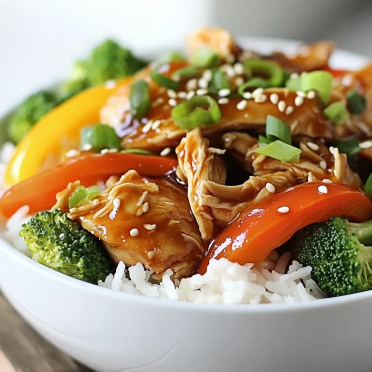 - 4 boneless, skinless chicken thighs - 1 cup teriyaki sauce (store-bought or homemade) - 1 tablespoon fresh ginger, minced - 2 garlic cloves, minced - 1 cup bell peppers, sliced (mixed colors) - 1 cup broccoli florets - 1 cup onions, sliced - 1 tablespoon sesame oil - 2 green onions, chopped (for garnish) - Sesame seeds (optional, for garnish) - Cooked rice (for serving) The key to this dish is fresh ingredients. Start with four boneless, skinless chicken thighs. They cook well and stay juicy. You can use store-bought teriyaki sauce, but homemade is even better. It gives a richer flavor. Minced fresh ginger adds a nice kick. Garlic also boosts the taste and aroma. For veggies, I love using bell peppers, broccoli, and onions. These add color and crunch! Don't forget the sesame oil. It gives a nice nutty flavor. You can garnish with green onions and sesame seeds if you like. Lastly, serve this over warm cooked rice. It soaks up all the tasty sauce. This recipe is simple but full of flavor! {{ingredient_image_1}} To start, you need to prepare your crockpot. Lightly spray the inside with non-stick cooking spray. This helps to keep the chicken from sticking and makes clean-up easier later. Next, it’s time to layer the ingredients. First, place the four boneless, skinless chicken thighs at the bottom of the crockpot. This gives them a nice base. Then, in a small bowl, mix together one cup of teriyaki sauce, one tablespoon of minced ginger, and two minced garlic cloves. Pour this sauce over the chicken. Now, add your vegetables. Start with one cup of sliced bell peppers, followed by one cup of broccoli florets, and one cup of sliced onions. They can be colorful and fresh. Drizzle one tablespoon of sesame oil over the top to add flavor. Now, you need to choose your cooking time. If you set the crockpot on low, let it cook for 6 to 8 hours. If you’re in a hurry, you can set it to high for 3 to 4 hours. It is important to cook until the chicken is tender and fully cooked. You can check by using a meat thermometer or by shredding the chicken with two forks. It should fall apart easily. After cooking, serve the teriyaki chicken over cooked rice. You can garnish with green onions and sesame seeds for extra flavor and flair. Enjoy your meal! To make your chicken teriyaki even better, try adding some extras. You can mix in a little red pepper flake for heat or add pineapple chunks for sweetness. A splash of rice vinegar adds a tangy kick. If you love herbs, add cilantro or basil for fresh notes. Each of these options will bring your dish to life. Shredding chicken is easy when you follow some tips. Use two forks to pull the chicken apart. Start at the thickest part and work your way out. You can also let the chicken cool for a few minutes. This makes it easier to handle. Shred the chicken right in the crockpot. This keeps all the tasty sauce in the mix. Serve your teriyaki chicken over warm rice. This adds a nice base to the dish. You can also add steamed vegetables on the side. Broccoli or snap peas work well. For a fun touch, sprinkle chopped green onions and sesame seeds on top. This gives your meal a vibrant look and extra flavor. Enjoy your delicious creation! Pro Tips Use Frozen Vegetables: If you're short on time, using frozen bell peppers and broccoli can save you prep time and still provide a deliciously fresh taste. Customize Your Sauce: Feel free to tweak the teriyaki sauce by adding a splash of rice vinegar or a pinch of red pepper flakes for extra flavor. Shred for Flavor: Shredding the chicken directly in the crockpot allows it to soak up all the sauce and spices, enhancing the overall taste of the dish. Serve with Extras: For a complete meal, serve the chicken teriyaki with a side of steamed edamame or a simple cucumber salad. {{image_2}} You can switch up the chicken thighs in this dish. Chicken breast works well too. It has less fat, so it cooks faster. You can also use tofu for a plant-based option. Just press it to remove extra water. Then cut it into cubes. Add it to the crockpot like you do with chicken. Both options taste great with the teriyaki sauce. Feel free to mix in more veggies. Carrots, snap peas, and zucchini are good choices. You can also use frozen vegetables if you’re short on time. Just toss them in without thawing. This dish is all about your taste. The more colors you add, the more fun it looks! Making your own teriyaki sauce is simple. You’ll need: - ½ cup soy sauce - ¼ cup brown sugar - 2 tablespoons rice vinegar - 1 tablespoon sesame oil - 1 tablespoon cornstarch mixed with 2 tablespoons water (for thickness) Mix these in a bowl. Heat gently until the sugar melts. This sauce will give your dish a fresh taste. Plus, you can control the sweetness and saltiness. After you enjoy your meal, store any leftovers right away. Place the chicken teriyaki in an airtight container. This helps keep the dish fresh and safe. If you want to freeze it, use freezer-safe bags or containers. Remove as much air as possible to avoid freezer burn. To reheat chicken teriyaki, use the microwave for quick warmth. Heat on medium power for about 2-3 minutes. Stir halfway through to ensure even heating. You can also reheat it on the stovetop. Just place it in a pan over low heat. Stir gently until warmed through. In the fridge, chicken teriyaki lasts about 3-4 days. If you freeze it, it can stay good for about 2-3 months. Always check for signs of spoilage before eating. If it smells off or looks strange, toss it out for safety. Yes, you can use frozen chicken thighs. Just place them directly in the crockpot. If using frozen chicken, cook on high for 4-5 hours or on low for 8-10 hours. The chicken will still be juicy and tender. Crockpot Chicken Teriyaki pairs well with several sides. Here are some ideas: - Steamed white rice or brown rice - Quinoa for a healthy twist - Stir-fried vegetables - A fresh salad with sesame dressing - Noodles tossed in soy sauce These sides will balance the flavors and make your meal more complete. To check if the chicken is done, look for these signs: - The chicken should shred easily with a fork. - The meat should be white or light brown, not pink. - The internal temperature should reach 165°F (75°C). If you see these signs, your chicken is ready to enjoy! This article shared an easy chicken teriyaki recipe using your crockpot. We covered the ingredients, cooking steps, and tips to enhance flavor. I also shared variations and storage advice. You can make it your own by switching proteins or adding veggies. Remember, cooking should be fun and adaptable. Enjoy creating your dish and make it suit your taste! Cook with confidence, and don’t hesitate to experiment. Happy cooking!