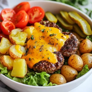 To make these tasty burger bowls, you need some key ingredients. Here’s what you will need: - 1 lb ground beef (80/20) - 4 medium potatoes, diced into cubes - 1 cup cherry tomatoes, halved - 1 cup lettuce, chopped - 1/2 cup shredded cheddar cheese - 1/4 cup pickles, sliced - 1/2 cup burger sauce (ketchup mixed with mayonnaise and a splash of mustard) These ingredients create a strong base for your meal. The ground beef gives it richness and flavor, while the potatoes add crunch. To make the burger patties pop with flavor, you will use a few spices: - 1 teaspoon garlic powder - 1 teaspoon onion powder - 1 teaspoon smoked paprika - Salt and pepper to taste - 1 teaspoon dried oregano These spices bring out the best in your beef. Garlic and onion powder add depth, while smoked paprika gives a subtle smokiness. You can customize your burger bowls with various toppings and sauces. Here are a few ideas: - Avocado slices for creaminess - Sliced jalapeños for heat - Ranch dressing or your favorite vinaigrette These optional toppings let you play around with flavors. Feel free to mix and match to suit your taste. Enjoy the process of building your perfect burger bowl! {{ingredient_image_1}} First, preheat your oven to 425°F (220°C). This heat helps the potatoes crisp up nicely. Grab a large bowl for the potatoes. You will need to dice 4 medium potatoes into cubes. In your bowl, mix the diced potatoes with 2 tablespoons of olive oil, 1 teaspoon of dried oregano, salt, and pepper. Toss everything well. Spread the potatoes out on a baking sheet in a single layer. Roast them in the oven for about 25-30 minutes. Flip the potatoes halfway through cooking. Look for a golden and crispy texture when they are done. While the potatoes roast, get your ground beef. You need 1 pound of ground beef (80/20) in a mixing bowl. Add 1 teaspoon each of garlic powder, onion powder, and smoked paprika. Also, add salt and pepper to taste. Mix gently until everything blends well. Form this mixture into 4 patties. Heat a skillet over medium-high heat. Once hot, add the burger patties. Cook them for about 4-5 minutes on each side. If you want cheese, add a slice to each burger during the last minute of cooking. This will give you that melty, cheesy goodness. Now it's time to build your burger bowls. Start with a base of chopped lettuce in each serving bowl. Next, add the crispy roasted potatoes, halved cherry tomatoes, and burger patties on top. Don’t forget the sliced pickles and a sprinkle of shredded cheddar cheese. Finish off your bowls by drizzling the burger sauce over everything. This sauce combines ketchup, mayonnaise, and a splash of mustard. It adds the perfect zing. Enjoy your warm burger bowls right away! To make great roasted potatoes, start with fresh, firm potatoes. Cut them into even cubes. This helps them cook evenly. Toss them in a bowl with olive oil. Add garlic powder, oregano, salt, and pepper. This mix gives them flavor. Spread the cubes on a baking sheet. Make sure they are not crowded. This way, they get crispy. Roast them at 425°F (220°C) for about 25-30 minutes. Flip them halfway for even browning. Watch for a golden color; that’s when they are ready! Cooking burgers is simple, but there are tricks to make them perfect. Use ground beef with a good fat content, like 80/20. It keeps them juicy. Mix in spices gently. Don’t overwork the meat. Form patties that are slightly larger than your buns. This accounts for shrinkage while cooking. Heat a skillet to medium-high. Cook patties for about 4-5 minutes on each side. You can add cheese in the last minute for melting goodness. Check for doneness with a meat thermometer if you want to be sure. One great thing about burger bowls is how easy they are to customize. Start with a base of chopped lettuce. This adds a nice crunch. Next, layer in the roasted potatoes, cherry tomatoes, and the burger patties. Add your favorite toppings like pickles and cheese. Don’t forget the sauce! A mix of ketchup, mayonnaise, and mustard works great. Want to switch it up? Try different veggies or even fruits like avocado. The options are endless, so get creative! Pro Tips Use Quality Beef: Choose a ground beef with a good fat content, like 80/20, to ensure juicy and flavorful patties. Season Generously: Don’t skimp on the seasoning for both the burger patties and the potatoes to enhance the overall flavor of the dish. Perfectly Cooked Burgers: Use a meat thermometer to check for doneness; 160°F (71°C) is the ideal internal temperature for ground beef. Add Fresh Herbs: Incorporate fresh herbs, like parsley or basil, into your burger bowls for an extra layer of flavor and freshness. {{image_2}} You can make these burger bowls vegetarian easily. Swap the ground beef for a plant-based meat alternative. Options like lentils, black beans, or chickpeas also work well. Use your favorite veggie burger patties too. Just season them like you would the beef. You can still enjoy all the tasty toppings, like cheese and sauce. If you want to switch things up, try different meats. Ground turkey or chicken can be great substitutes. They offer a lighter taste. Just remember to spice them up with garlic powder, onion powder, and smoked paprika. You can also use lamb or pork for a richer flavor. Each meat gives a unique taste to your burger bowl. The sauce can change the whole dish. Instead of the classic burger sauce, try ranch dressing or a spicy aioli. You can mix Greek yogurt with herbs for a fresh twist too. A balsamic glaze adds sweetness and tang. Explore different flavors to find your perfect match. Each sauce adds a new layer to your burger bowl. You can store leftover burger bowls in the fridge. Use airtight containers for best results. They will stay fresh for about 3 to 4 days. Make sure to separate the sauce if possible. This keeps the lettuce crisp. When you are ready to eat, reheat the bowls gently. Use a microwave or an oven. If using a microwave, heat for about 1 to 2 minutes. Stir halfway through to warm evenly. If you prefer the oven, set it to 350°F (175°C) and heat for 10-15 minutes. This helps keep the potatoes crispy. You can freeze the components, but not the entire bowl. Freeze the cooked beef and potatoes separately. Use freezer bags or containers. They last for about one month. To use, thaw them overnight in the fridge. Reheat as needed for a quick meal. To cook burger bowls, you'll need about 50 minutes in total. First, roast the potatoes for 25-30 minutes at 425°F (220°C). While they roast, you can cook the burger patties for about 8-10 minutes. This timing gives you a warm and tasty meal. Yes, you can use sweet potatoes! They add a nice sweetness to the dish. Just cut them into cubes like regular potatoes. Roast them in the same way for a yummy twist. Sweet potatoes also have extra nutrients, making your burger bowl even healthier. You can serve burger bowls with several sides. A simple side salad adds freshness. You might also enjoy corn on the cob or garlic bread. For a crunchy snack, try serving some tortilla chips. These sides make your meal even more fun and tasty! To sum up, we explored key ingredients for burger bowls, like spices and toppings. I shared step-by-step instructions to make your dish, from roasting potatoes to cooking patties. Tips helped you perfect your method and customize your bowls. We covered variations for vegetarians and different sauces too. Lastly, I included storage info for leftovers and answers to common questions. Enjoy creating delicious burger bowls that fit your taste and keep your family happy!