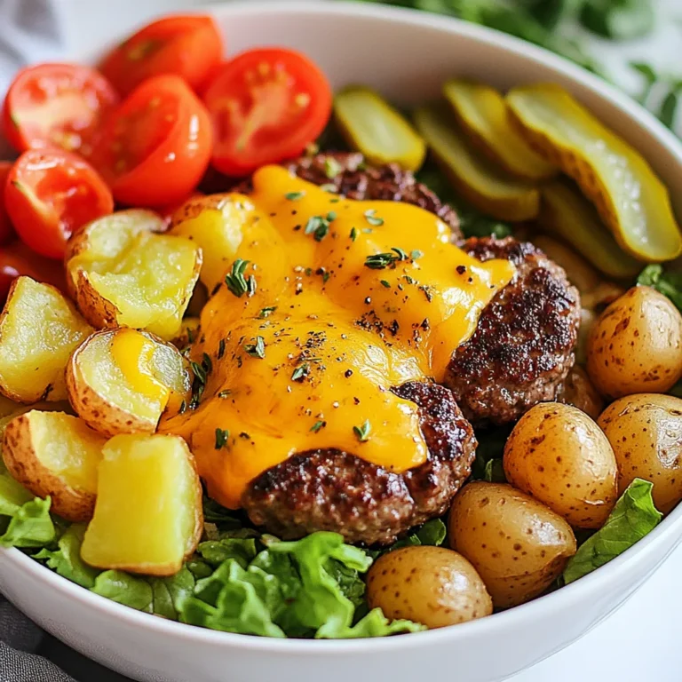 To make these tasty burger bowls, you need some key ingredients. Here’s what you will need: - 1 lb ground beef (80/20) - 4 medium potatoes, diced into cubes - 1 cup cherry tomatoes, halved - 1 cup lettuce, chopped - 1/2 cup shredded cheddar cheese - 1/4 cup pickles, sliced - 1/2 cup burger sauce (ketchup mixed with mayonnaise and a splash of mustard) These ingredients create a strong base for your meal. The ground beef gives it richness and flavor, while the potatoes add crunch. To make the burger patties pop with flavor, you will use a few spices: - 1 teaspoon garlic powder - 1 teaspoon onion powder - 1 teaspoon smoked paprika - Salt and pepper to taste - 1 teaspoon dried oregano These spices bring out the best in your beef. Garlic and onion powder add depth, while smoked paprika gives a subtle smokiness. You can customize your burger bowls with various toppings and sauces. Here are a few ideas: - Avocado slices for creaminess - Sliced jalapeños for heat - Ranch dressing or your favorite vinaigrette These optional toppings let you play around with flavors. Feel free to mix and match to suit your taste. Enjoy the process of building your perfect burger bowl! {{ingredient_image_1}} First, preheat your oven to 425°F (220°C). This heat helps the potatoes crisp up nicely. Grab a large bowl for the potatoes. You will need to dice 4 medium potatoes into cubes. In your bowl, mix the diced potatoes with 2 tablespoons of olive oil, 1 teaspoon of dried oregano, salt, and pepper. Toss everything well. Spread the potatoes out on a baking sheet in a single layer. Roast them in the oven for about 25-30 minutes. Flip the potatoes halfway through cooking. Look for a golden and crispy texture when they are done. While the potatoes roast, get your ground beef. You need 1 pound of ground beef (80/20) in a mixing bowl. Add 1 teaspoon each of garlic powder, onion powder, and smoked paprika. Also, add salt and pepper to taste. Mix gently until everything blends well. Form this mixture into 4 patties. Heat a skillet over medium-high heat. Once hot, add the burger patties. Cook them for about 4-5 minutes on each side. If you want cheese, add a slice to each burger during the last minute of cooking. This will give you that melty, cheesy goodness. Now it's time to build your burger bowls. Start with a base of chopped lettuce in each serving bowl. Next, add the crispy roasted potatoes, halved cherry tomatoes, and burger patties on top. Don’t forget the sliced pickles and a sprinkle of shredded cheddar cheese. Finish off your bowls by drizzling the burger sauce over everything. This sauce combines ketchup, mayonnaise, and a splash of mustard. It adds the perfect zing. Enjoy your warm burger bowls right away! To make great roasted potatoes, start with fresh, firm potatoes. Cut them into even cubes. This helps them cook evenly. Toss them in a bowl with olive oil. Add garlic powder, oregano, salt, and pepper. This mix gives them flavor. Spread the cubes on a baking sheet. Make sure they are not crowded. This way, they get crispy. Roast them at 425°F (220°C) for about 25-30 minutes. Flip them halfway for even browning. Watch for a golden color; that’s when they are ready! Cooking burgers is simple, but there are tricks to make them perfect. Use ground beef with a good fat content, like 80/20. It keeps them juicy. Mix in spices gently. Don’t overwork the meat. Form patties that are slightly larger than your buns. This accounts for shrinkage while cooking. Heat a skillet to medium-high. Cook patties for about 4-5 minutes on each side. You can add cheese in the last minute for melting goodness. Check for doneness with a meat thermometer if you want to be sure. One great thing about burger bowls is how easy they are to customize. Start with a base of chopped lettuce. This adds a nice crunch. Next, layer in the roasted potatoes, cherry tomatoes, and the burger patties. Add your favorite toppings like pickles and cheese. Don’t forget the sauce! A mix of ketchup, mayonnaise, and mustard works great. Want to switch it up? Try different veggies or even fruits like avocado. The options are endless, so get creative! Pro Tips Use Quality Beef: Choose a ground beef with a good fat content, like 80/20, to ensure juicy and flavorful patties. Season Generously: Don’t skimp on the seasoning for both the burger patties and the potatoes to enhance the overall flavor of the dish. Perfectly Cooked Burgers: Use a meat thermometer to check for doneness; 160°F (71°C) is the ideal internal temperature for ground beef. Add Fresh Herbs: Incorporate fresh herbs, like parsley or basil, into your burger bowls for an extra layer of flavor and freshness. {{image_2}} You can make these burger bowls vegetarian easily. Swap the ground beef for a plant-based meat alternative. Options like lentils, black beans, or chickpeas also work well. Use your favorite veggie burger patties too. Just season them like you would the beef. You can still enjoy all the tasty toppings, like cheese and sauce. If you want to switch things up, try different meats. Ground turkey or chicken can be great substitutes. They offer a lighter taste. Just remember to spice them up with garlic powder, onion powder, and smoked paprika. You can also use lamb or pork for a richer flavor. Each meat gives a unique taste to your burger bowl. The sauce can change the whole dish. Instead of the classic burger sauce, try ranch dressing or a spicy aioli. You can mix Greek yogurt with herbs for a fresh twist too. A balsamic glaze adds sweetness and tang. Explore different flavors to find your perfect match. Each sauce adds a new layer to your burger bowl. You can store leftover burger bowls in the fridge. Use airtight containers for best results. They will stay fresh for about 3 to 4 days. Make sure to separate the sauce if possible. This keeps the lettuce crisp. When you are ready to eat, reheat the bowls gently. Use a microwave or an oven. If using a microwave, heat for about 1 to 2 minutes. Stir halfway through to warm evenly. If you prefer the oven, set it to 350°F (175°C) and heat for 10-15 minutes. This helps keep the potatoes crispy. You can freeze the components, but not the entire bowl. Freeze the cooked beef and potatoes separately. Use freezer bags or containers. They last for about one month. To use, thaw them overnight in the fridge. Reheat as needed for a quick meal. To cook burger bowls, you'll need about 50 minutes in total. First, roast the potatoes for 25-30 minutes at 425°F (220°C). While they roast, you can cook the burger patties for about 8-10 minutes. This timing gives you a warm and tasty meal. Yes, you can use sweet potatoes! They add a nice sweetness to the dish. Just cut them into cubes like regular potatoes. Roast them in the same way for a yummy twist. Sweet potatoes also have extra nutrients, making your burger bowl even healthier. You can serve burger bowls with several sides. A simple side salad adds freshness. You might also enjoy corn on the cob or garlic bread. For a crunchy snack, try serving some tortilla chips. These sides make your meal even more fun and tasty! To sum up, we explored key ingredients for burger bowls, like spices and toppings. I shared step-by-step instructions to make your dish, from roasting potatoes to cooking patties. Tips helped you perfect your method and customize your bowls. We covered variations for vegetarians and different sauces too. Lastly, I included storage info for leftovers and answers to common questions. Enjoy creating delicious burger bowls that fit your taste and keep your family happy!