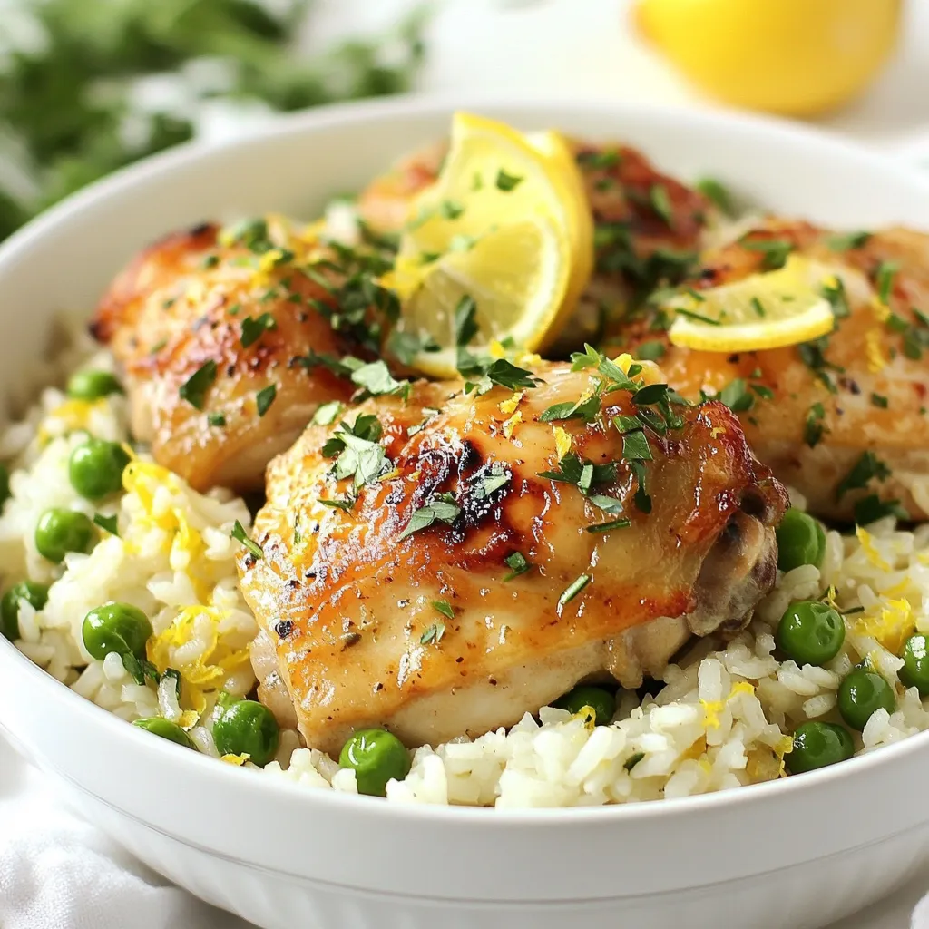 To make Slow Cooker Lemon Herb Chicken and Rice, gather these ingredients: - 4 boneless, skinless chicken thighs - 2 cups jasmine rice - 4 cups chicken broth - 1 medium onion, diced - 3 garlic cloves, minced - 2 lemons (zest and juice) - 2 teaspoons dried thyme - 1 teaspoon dried oregano - 1 teaspoon salt - 1/2 teaspoon black pepper - 1 cup frozen peas - 1/4 cup fresh parsley, chopped (for garnish) These quantities serve four people. You can swap some ingredients if needed: - Use brown rice instead of jasmine rice. Just remember to adjust the cooking time. - Chicken breast can replace chicken thighs. Just keep an eye on cooking time. - Vegetable broth works well instead of chicken broth for a vegetarian option. - Fresh herbs can replace dried herbs if you have them. Use three times the amount of fresh herbs. - Frozen mixed veggies can replace peas if you like a variety. When selecting ingredients, focus on freshness: - Look for chicken thighs that are pink and firm. Avoid any that look dull or have dark spots. - Pick jasmine rice that is free of cracks or holes. - Choose firm, smooth lemons. They should feel heavy for their size. This means they are juicy! - For onions, look for dry, firm ones without soft spots or sprouts. - Fresh parsley should be vibrant green and not wilted. Choosing good ingredients makes a big difference in flavor. Happy cooking! {{ingredient_image_1}} First, take the chicken thighs. Season them with salt, pepper, thyme, and oregano. This will give them a nice flavor. Make sure every piece is well coated. Set them aside for a moment. Now, let’s sauté the aromatics. In a skillet, heat a bit of olive oil over medium heat. Add the diced onion and cook it until it is soft and clear, which takes about 4-5 minutes. Then, add in the minced garlic and cook for another minute. The smell will be amazing! Once done, place the seasoned chicken thighs in your slow cooker. Pour the sautéed onion and garlic mixture over the chicken. Next, add the jasmine rice, chicken broth, lemon juice, and lemon zest. Stir everything gently to mix it well. Cover your slow cooker and set it to low heat. Let it cook for 4-5 hours. If you are short on time, you can set it to high for 2-3 hours. The chicken should be fully cooked, and the rice should be tender. In the last 15 minutes of cooking, add the frozen peas. This step adds color and nutrition. Remember to stir gently after adding them. When the cooking time is up, fluff the rice with a fork. This makes it light and airy. Serve the chicken and rice on a plate, then sprinkle fresh parsley on top. This adds a lovely finish. Enjoy your meal! To boost the flavor, use fresh herbs when you can. Fresh thyme and parsley add bright notes. You can also add a splash of white wine to the broth. This gives depth to the dish. Try marinating the chicken in lemon juice for an hour before cooking. This step adds zest and tenderness to the meat. One common mistake is overcooking the rice. Jasmine rice cooks quickly, so stick to the time. If you cook it too long, it can turn mushy. Another tip is to avoid skipping the sauté step. Sautéing the onion and garlic adds a rich, savory base to the dish. Lastly, always taste before adding more salt. The broth may be salty enough. Serve the chicken and rice with a light salad. A simple salad with mixed greens and a lemon vinaigrette works well. You can also pair it with roasted veggies for extra flavor. For a cozy touch, add a warm slice of crusty bread. This dish is great on its own, but these sides make it even better! Pro Tips Use Fresh Herbs: Fresh herbs can enhance the flavor profile of your dish. Consider using fresh thyme and parsley instead of dried for a brighter taste. Rice Texture: For a creamier texture, you can substitute half of the chicken broth with coconut milk. This adds a delightful richness to the dish. Chicken Thighs vs. Breasts: Chicken thighs are more forgiving in slow cooking, remaining moist and tender. If using chicken breasts, reduce the cooking time slightly to prevent drying out. Meal Prep Friendly: This recipe is perfect for meal prep! Make a double batch and freeze leftovers in individual portions for quick future meals. {{image_2}} You can switch up the rice in this dish. Jasmine rice works great, but other types are fun too. Try long-grain white rice if you want a bit of fluff. Brown rice adds a nutty taste and more fiber. Just remember, cooking times may change. Brown rice takes longer, so adjust your cooking time to 6-7 hours on low. Adding veggies boosts flavor and nutrition. You can toss in carrots, bell peppers, or spinach. Frozen mixed veggies are easy and quick. Add them in the last 30 minutes of cooking. This way, they stay bright and tasty. You can also use fresh vegetables, just chop them small for even cooking. If you're looking for protein swaps, there are many options. Use boneless, skinless chicken breasts instead of thighs. Turkey works well too and keeps it lean. For a vegetarian option, try chickpeas or tofu. These will soak up all the flavors and add protein. Adjust the cooking time based on the protein you choose, especially with tofu, which cooks faster. To store leftover chicken and rice, let it cool completely. Use an airtight container. This keeps the dish fresh and safe. You can store it in the fridge for up to three days. Always label your container with the date. This way, you know when to eat it. When ready to enjoy leftovers, take out the chicken and rice. Place it in a microwave-safe dish. Cover it to keep moisture in. Heat on medium power for about 2-3 minutes. Stir halfway through to warm evenly. If you prefer, you can reheat it on the stove. Just add a splash of broth to keep it moist. If you want to save the dish for later, freezing is a great option. Use a freezer-safe container or a heavy-duty freezer bag. Make sure to remove as much air as possible. Label it with the date and contents. You can freeze the chicken and rice for up to three months. When ready to eat, thaw it overnight in the fridge. Reheat it thoroughly before serving. Yes, you can. If you don’t have a slow cooker, try using a pot on the stove. Just simmer the chicken on low heat. The key is to cook it slowly to keep the chicken moist. You can follow the same steps but reduce the cooking time. Cook for about 30 to 40 minutes until the chicken is tender and the rice is cooked. In the slow cooker, chicken takes about 4 to 5 hours on low heat. If you set it on high, it will take around 2 to 3 hours. The chicken should be cooked through, and the rice should be tender. Make sure to check the chicken's internal temperature. It should reach 165°F for safety. This dish pairs well with a green salad or steamed veggies. You can also serve it with crusty bread to soak up the tasty juices. A side of roasted vegetables works great too. For drinks, consider a light lemony beverage or a refreshing iced tea to match the flavors. In this article, we covered the essential ingredients for Slow Cooker Lemon Herb Chicken and Rice. We discussed quantities, substitutes, and tips for choosing the best ingredients. The step-by-step instructions guided you through preparation and cooking methods. We shared tips to enhance flavor and avoid mistakes. Finally, we explored variations with different rice, veggies, and protein options. Understanding storage and reheating ensures you enjoy leftovers. With these insights, you're ready to make a delicious meal with ease. Enjoy cooking!