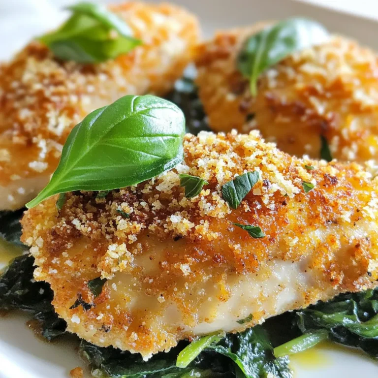 - 4 boneless, skinless chicken breasts - 1 cup grated Parmesan cheese - 1 cup breadcrumbs - 3 cloves garlic, minced - 1/2 cup fresh basil leaves, finely chopped - 1/2 teaspoon salt - 1/2 teaspoon black pepper - 1/2 teaspoon paprika - 2 large eggs - 2 tablespoons olive oil - Fresh basil leaves for garnish I love using fresh ingredients in this recipe. The chicken breasts are the perfect protein. Grated Parmesan cheese adds a creamy, salty flavor. Breadcrumbs give the chicken a nice crunch. Fresh basil brings a bright taste that makes every bite special. Garlic adds depth and warmth to the dish. For seasoning, I use salt, pepper, and paprika. These spices enhance the flavor without overpowering it. They help create a perfect balance in each bite. The eggs help the breadcrumbs stick to the chicken. Olive oil adds richness and helps the chicken brown nicely. For garnish, I recommend using fresh basil leaves. They not only look great but also boost the flavor. This combination of ingredients makes Parmesan Basil Chicken both savory and easy to prepare. Each item plays a role in creating a dish that is sure to impress. {{ingredient_image_1}} 1. Preheating the oven Start by turning your oven to 375°F (190°C). This step is key for even cooking. 2. Mixing dry ingredients In a bowl, add 1 cup of grated Parmesan cheese, 1 cup of breadcrumbs, 1/2 cup of finely chopped fresh basil, 3 cloves of minced garlic, 1/2 teaspoon of salt, 1/2 teaspoon of black pepper, and 1/2 teaspoon of paprika. Mix these ingredients well. 1. Egg mixture preparation In another bowl, whisk 2 large eggs until they are smooth and well combined. This mixture helps the breadcrumbs stick. 2. Coat chicken with breadcrumb mixture Take each boneless, skinless chicken breast and dip it into the egg mixture. Let the extra egg drip off. Then, coat the chicken with the breadcrumb mixture, pressing gently to make sure it sticks well. 1. Searing the chicken Heat 2 tablespoons of olive oil in a large oven-proof skillet over medium heat. Once hot, add the coated chicken breasts. Sear them for about 3-4 minutes on each side until they turn golden brown. 2. Baking instructions After searing, transfer the skillet to your preheated oven. Bake for about 20-25 minutes. Make sure the chicken reaches an internal temperature of 165°F (75°C). This ensures it is fully cooked and safe to eat. To ensure an even coating on chicken, you need to be careful. First, dip the chicken in the egg mixture. Let the extra egg drip off. Then, press the chicken into the Parmesan breadcrumb mix. This helps the crumbs stick well. For golden-brown chicken, heat your skillet before adding the chicken. Use medium heat and add olive oil. Sear each side for about 3-4 minutes. This creates a nice crust. For presentation ideas, serve the chicken on a bed of sautéed spinach. It adds color and flavor. You can also use a bright arugula salad. Drizzle balsamic reduction on top for a fancy touch. Pair this dish with simple sides. Roasted veggies or a light salad work well. You can also serve it with pasta for a heartier meal. If your chicken is overcooked, don’t worry. Slice it thinly and serve it with a sauce. A creamy sauce can add moisture and flavor. For uneven coating, try a different method. Use one hand for the wet mix and the other for the dry. This keeps things clean and helps with even coverage. If crumbs fall off, press them back on before cooking. Pro Tips Perfectly Coat: Make sure to press the breadcrumb mixture onto the chicken firmly to ensure a thick, even coating that stays in place during cooking. Resting Time: Allow the chicken to rest for 5 minutes after baking; this helps retain juices and enhances flavor. Herb Variations: Feel free to mix in other herbs like parsley or oregano for different flavor profiles and freshness. Make Ahead: Prep the chicken and breadcrumb mixture in advance, then store in the fridge for a quick dinner option on busy nights. {{image_2}} If you need gluten-free options, use crushed rice cakes or almond flour instead of breadcrumbs. These work well to create that crispy texture. For a dairy-free choice, try nutritional yeast or a plant-based cheese. Both options can give you a savory taste without dairy. You can add sun-dried tomatoes for a rich, tangy flavor. They pair great with the chicken and basil. Mozzarella can also enhance the dish. Just sprinkle it on top before baking for a cheesy finish. If you like spice, consider adding red pepper flakes or cayenne pepper. This will give the dish a nice kick. Air frying is a great option for a crispy outside with less oil. Set your air fryer to 375°F and cook the chicken for about 15-20 minutes, flipping halfway. For grilling, preheat the grill to medium heat. Cook the chicken for about 6-7 minutes on each side. This gives it a nice smoky flavor and great grill marks. Store leftovers in an airtight container. This keeps the chicken fresh and moist. I recommend glass containers or BPA-free plastic ones. These are great for quick access and easy reheating. Make sure to let the chicken cool before sealing it. This prevents condensation, which can make the chicken soggy. To freeze, wrap each piece of chicken tightly in plastic wrap. Then place them in a freezer bag. This helps avoid freezer burn. When you want to eat it, thaw the chicken in the fridge overnight. For reheating, bake it at 350°F (175°C) for about 20 minutes. You can also microwave it on a low setting until warm. In the fridge, Parmesan Basil Chicken lasts about 3 to 4 days. If you freeze it, aim to eat it within 2 to 3 months. This keeps the flavor and texture at their best. Always check for signs of spoilage, like off smells or changes in color, before eating. You can make Parmesan Basil Chicken healthier by using a few simple tips. First, swap regular breadcrumbs for whole wheat or almond flour. This change reduces empty carbs. Next, use less oil during cooking. A light spray of cooking oil can help cut fat. Choose skinless chicken breasts to avoid extra fat. Lastly, serve with a side of veggies. This adds nutrients without many calories. Yes, you can use chicken thighs instead of breasts. Thighs are juicier and can add more flavor. When using thighs, cook them for about 25-30 minutes. Make sure they reach 165°F (75°C). This ensures they are safe to eat. Adjust the cooking time since thighs may take longer than breasts. Several side dishes pair well with Parmesan Basil Chicken. Here are some popular options: - Sautéed spinach - Garlic mashed potatoes - Roasted vegetables - A fresh arugula salad - Quinoa or brown rice These options add color and nutrition to your meal. This blog post covered all you need for Parmesan Basil Chicken. You learned about key ingredients, from chicken to seasonings, and how to coat and cook it. I shared tips for a perfect finish and ideas for variations. I hope these tips help you create a delicious meal at home. Enjoy your cooking, and don't hesitate to experiment with flavors and methods. Your kitchen adventures will be exciting and tasty!