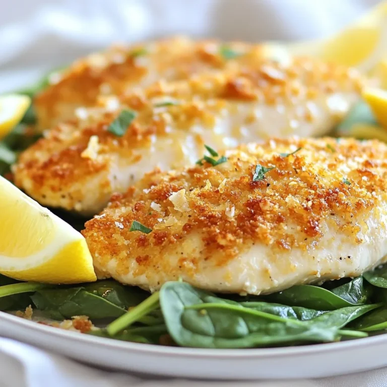 To make Lemon Pecorino Crusted Chicken, you need fresh and simple ingredients. Here’s what you will need: - 4 boneless, skinless chicken breasts - 1 cup breadcrumbs (preferably homemade or panko for extra crunch) - 1 cup grated Pecorino Romano cheese - 2 lemons (zest and juice of one, juice of the other) - 2 garlic cloves, minced - 1 tablespoon fresh thyme leaves (or 1 teaspoon dried thyme) - 1 teaspoon paprika - Salt and pepper to taste - 1/2 cup all-purpose flour - 2 large eggs, beaten - 2 tablespoons olive oil These ingredients create a bright flavor and a crunchy texture. To add more depth to your Lemon Pecorino Crusted Chicken, consider these optional ingredients: - Fresh parsley for garnish - A pinch of cayenne pepper for heat - Lemon zest for extra brightness - Parmesan cheese for a blend of flavors These extras can elevate your dish and impress your guests. Pair your Lemon Pecorino Crusted Chicken with tasty sides. Here are some great ideas: - Garlic mashed potatoes - Steamed broccoli or green beans - A light arugula salad with lemon vinaigrette - Quinoa or couscous for a grain option These sides will complement your chicken and create a well-balanced meal. Enjoy cooking and savoring this flavorful dish! {{ingredient_image_1}} Start by preheating your oven to 400°F (200°C). Take the chicken breasts and place them between two sheets of plastic wrap. This keeps everything tidy. Using a meat mallet or a rolling pin, gently pound the chicken to an even thickness of about 1 inch. This step ensures that the chicken cooks evenly. In a large bowl, mix the breadcrumbs and grated Pecorino cheese. Add the zest of one lemon, minced garlic, thyme, paprika, salt, and pepper. Stir well to combine all the ingredients. This mixture adds great flavor and a nice crunch to the chicken. Set up your breading station. You will need three shallow dishes. Place flour in the first dish, beaten eggs in the second, and your breadcrumb mixture in the third. Take each chicken breast and dredge it in flour, shaking off any extra. Next, dip it in the beaten eggs. Finally, press the chicken into the breadcrumb mixture, covering it fully. Make sure the coating is thick for that crispy crust. In a large oven-safe skillet, heat olive oil over medium-high heat. Once the oil is hot, add the coated chicken breasts. Cook for 4-5 minutes on each side until they are golden brown and crispy. After that, squeeze the juice of the second lemon over the chicken. Transfer the skillet to the preheated oven. Bake for an additional 10-15 minutes until the internal temperature reaches 165°F (75°C). This method gives you a juicy chicken with a delightful crust. Enjoy your meal! To get a crispy coating on your chicken, use panko breadcrumbs. They add extra crunch. Make sure to press the breadcrumb mix firmly onto the chicken. This helps it stick better. A thick layer holds more flavor and texture. Don't rush this step; take your time to coat each piece well. Cook the chicken at 400°F (200°C) for the best results. Start on the stovetop for a few minutes. Aim for a golden brown color before moving to the oven. Bake it for 10-15 minutes. The chicken is done when it reaches 165°F (75°C) inside. Use a meat thermometer to check. This ensures juicy, tender chicken every time. For a beautiful plate, serve the chicken on a bed of greens. Spinach or arugula works well. Drizzle some lemon juice on top for flavor and shine. Add lemon wedges on the side for a pop of color. This not only looks great but also enhances the meal's zest. Pro Tips Use Fresh Herbs: Fresh thyme will enhance the flavor of the chicken, adding a vibrant taste compared to dried herbs. Homemade Breadcrumbs: If possible, make your own breadcrumbs from stale bread for a fresher taste and better texture. Resting is Key: Allowing the chicken to rest for a few minutes after baking helps retain its juices, making it more tender. Serve with Seasonal Sides: Pair with seasonal vegetables or a refreshing salad to balance the richness of the chicken. {{image_2}} You can swap Pecorino with other cheeses. Parmesan gives a nutty taste. Sharp cheddar adds a creamy twist. For a milder flavor, try mozzarella. Each cheese changes the dish's flavor. Just use the same amount as the recipe states. Feel free to mix up the herbs. Oregano or rosemary can work well. Basil adds a fresh touch, while dill gives a unique flavor. Spice lovers can add cayenne for heat. These choices change the dish and fit your taste. To make this dish gluten-free, replace breadcrumbs with gluten-free options. Crushed rice cereal or ground almonds are great choices. Use gluten-free flour for dredging the chicken. This way, everyone can enjoy the meal without worry. To keep your Lemon Pecorino Crusted Chicken fresh, store leftovers in an airtight container. Place the chicken in the fridge within two hours of cooking. It will stay good for up to three days. Make sure to separate the chicken from any sides to avoid sogginess. When you're ready to enjoy leftovers, reheat the chicken in the oven. Preheat your oven to 350°F (175°C). Place the chicken on a baking sheet. Cover it with foil to keep it moist. Heat for about 15-20 minutes or until warmed through. This method helps keep the crust crispy. You can freeze Lemon Pecorino Crusted Chicken for up to three months. Wrap each piece tightly in plastic wrap and then in foil. Label with the date, so you know when to use it. To thaw, move the chicken to the fridge overnight. Reheat in the oven for the best results. Avoid freezing with sides, as they may not hold up well. You can pair this dish with many sides. I love serving it with: - Steamed broccoli - Garlic mashed potatoes - A fresh green salad - Roasted vegetables These sides add color and flavor. They also balance the richness of the chicken. Yes, you can use chicken thighs. They are juicier and have more flavor. Just adjust the cooking time. Thighs may take a few extra minutes to reach the right temperature. The best way to check is with a meat thermometer. Insert it into the thickest part of the chicken. When it reads 165°F (75°C), it’s done. You can also cut into the chicken. The juices should run clear, not pink. Lemon Pecorino Crusted Chicken blends bright flavors and crisp textures. You learned how to prepare this dish, from the key ingredients to cooking tips. Remember to experiment with cheese and herbs for a personal touch. Store leftovers properly to keep them tasty. Enjoy this dish with great sides and impress your guests. Cooking can be simple and fun!