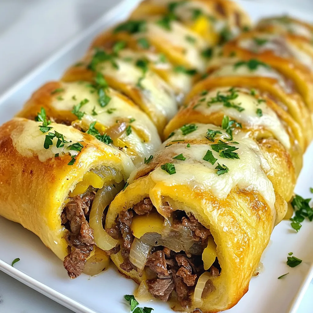 - 1 lb shaved beef (sirloin or ribeye) - 1 medium onion, thinly sliced - 1 bell pepper (green or red), thinly sliced - 2 cups shredded mozzarella cheese - 1/2 cup cream cheese - 1 cup almond flour - 2 tablespoons psyllium husk powder - 1 large egg - 1 teaspoon garlic powder - 1 teaspoon onion powder - Salt and pepper to taste - 1 tablespoon olive oil Each roll contains about: - Calories: 300 - Protein: 20g - Fat: 22g - Carbohydrates: 6g - Fiber: 4g - Net Carbs: 2g This recipe is great for a keto diet. It gives you lots of flavor without the carbs. You can enjoy a tasty meal that fits your low-carb needs. - Beef: Look for fresh, high-quality shaved beef. This gives the dish a rich taste. - Vegetables: Choose firm, vibrant onions and bell peppers. They add crunch and color. - Cheese: Fresh mozzarella melts better than pre-shredded cheese. It makes the rolls gooey and delightful. - Eggs: Use large, fresh eggs for best results. They help bind the dough well. - Almond Flour: Make sure it's finely ground. This creates a smooth dough. Always pick fresh ingredients. They enhance the taste and nutrition of your Keto Philly Cheesesteak Rolls. {{ingredient_image_1}} To start, gather your dry ingredients. In a big bowl, mix the almond flour, psyllium husk powder, garlic powder, onion powder, salt, and pepper. This mix creates the base for your dough. Next, add one large egg. Mix it all well until a dough forms. Then, knead the dough with your hands. You want it to be smooth. Let the dough rest for about five minutes. This helps it become more pliable. Now, heat a skillet over medium heat. Add one tablespoon of olive oil. Once hot, toss in the thinly sliced onions and bell peppers. Sauté them until they are soft. This takes about five minutes. After that, add one pound of shaved beef. Cook until the beef is browned. Season with salt and pepper to taste. Remove the skillet from heat. To make it extra creamy, add half of the shredded mozzarella and half a cup of cream cheese. Stir until everything is melted and well mixed. Next, roll out your rested dough. Place it between two sheets of parchment paper. Roll it into a rectangle that is about a quarter inch thick. Spread the beef and cheese mix evenly across the dough. Then, sprinkle the rest of the mozzarella cheese on top. Carefully roll the dough from one end to the other. Pinch the ends to seal. Place the roll on a lined baking sheet. Bake in a preheated oven at 350°F for 25 to 30 minutes. Look for a golden brown color. Let it cool for a few minutes before slicing. Enjoy your tasty Keto Philly Cheesesteak Rolls! To make the best dough, focus on the right blend of almond flour and psyllium husk. Almond flour gives the dough its base. Psyllium husk binds the ingredients. Make sure to mix thoroughly to avoid lumps. Knead the dough until smooth, which helps it hold its shape. Letting the dough rest for five minutes is key. This step improves the texture and makes it easier to roll. Seasoning adds depth to your rolls. Use garlic and onion powder for a savory kick. Salt and pepper are must-haves too. Don’t be shy with the seasonings. You can adjust them based on your taste. Experiment with adding herbs like oregano or thyme for extra flavor. A touch of smoked paprika can give a nice twist, enhancing the cheesesteak experience. Serving these rolls can be fun and creative. Slice them into bite-sized pieces for easy sharing. Pair with a side salad for a fresh touch. You can also serve them with a dipping sauce, like ranch or marinara. If you like spice, try a hot sauce for extra flavor. These rolls are perfect for game day or a casual dinner with friends. Enjoy your delicious creation! Pro Tips Use Fresh Ingredients: Freshly sliced vegetables and quality beef will enhance the flavor of your rolls, making them taste more authentic and delicious. Don't Overcook the Beef: Shaved beef cooks quickly, so remove it from the heat as soon as it's browned to prevent it from becoming tough. Rest the Dough: Allowing the dough to rest for a few minutes helps improve its texture and makes it easier to roll out smoothly. Experiment with Cheese: While mozzarella is traditional, mixing in provolone or cheddar can add a unique twist to the filling. {{image_2}} If you want to switch things up, you can use other meats. Ground beef is a great choice. It cooks fast and mixes well with the veggies. You can also try chicken or turkey. Just make sure to season them well. For a twist, use pork or even shrimp. Each protein brings a unique flavor to the rolls. You can add or swap veggies based on your taste. Mushrooms work well, giving a nice umami flavor. Zucchini or spinach adds freshness. You can even use broccoli for a crunch. The key is to slice them thin. This way, they cook evenly and blend with the meat and cheese. Cheese lovers can explore different options. Instead of mozzarella, you could try provolone or cheddar. They melt beautifully and add rich taste. For a dairy-free choice, use vegan cheese. You can also mix different cheeses to create a flavor explosion. Just ensure they melt well for that gooey texture. To keep your Keto Philly Cheesesteak Rolls fresh, let them cool completely. Place the rolls in an airtight container. You can store them in the fridge for up to three days. If you plan to eat them later, wrapping each roll in plastic wrap can help keep moisture in. When you're ready to enjoy your leftovers, preheat your oven to 350°F (175°C). Place the rolls on a baking sheet. Heat them for about 10-15 minutes until they are warm. You can also microwave them for 1-2 minutes, but the oven will keep the outside crispy. Freezing your Keto Philly Cheesesteak Rolls is simple. Wrap each roll tightly in plastic wrap, then place them in a freezer-safe bag. You can freeze them for up to three months. To eat, thaw in the fridge overnight and then reheat using the oven. This way, you always have a tasty meal ready to go! To make the best Keto Philly Cheesesteak Rolls, follow these steps: 1. Prepare the dough: Mix almond flour, psyllium husk powder, garlic powder, onion powder, salt, and pepper. Add one egg and mix until a dough forms. 2. Cook the filling: Sauté onions and bell peppers in olive oil. Add shaved beef and cook until it's browned. Season with salt and pepper. 3. Make the cheese sauce: Mix cream cheese and half of the mozzarella into the beef and veggies until melted. 4. Assemble: Roll out the dough, spread the filling, and roll it up tightly. 5. Bake: Place the roll on a baking sheet and bake until golden brown. This method keeps flavors bold and textures perfect. Yes! You can use various meats in your rolls. Here are some options: - Chicken - Turkey - Pork Just ensure the meat is sliced thinly. This allows it to cook quickly and blend well with the cheese and veggies. Leftovers of Keto Philly Cheesesteak Rolls can last up to three days in the fridge. Store them in an airtight container. For best taste, reheat in an oven or air fryer to keep the rolls crispy. In this article, we explored how to create delicious Keto Philly Cheesesteak Rolls. We discussed the key ingredients and their nutritional value. I provided step-by-step instructions for making the dish, from dough preparation to assembly and baking. You learned tips for perfecting texture and enhancing flavor. We also covered various protein and vegetable options to suit different tastes. Finally, I shared how to store leftovers and answered common questions. Enjoy these rolls as a tasty meal option that fits your lifestyle!