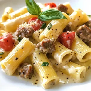 - 12 oz rigatoni pasta - 1 lb Italian sausage (mild or spicy, casings removed) - 2 tablespoons olive oil - 1 small onion, finely chopped - 3 cloves garlic, minced - 1 can (14 oz) diced tomatoes (with juices) - 1 cup heavy cream - 1 teaspoon Italian seasoning - ½ teaspoon red pepper flakes (optional) - 1 cup freshly grated Parmesan cheese - Salt and pepper to taste - Fresh basil leaves, for garnish I like to use Barilla rigatoni for its great texture. For Italian sausage, I prefer brands like Johnsonville or Aidells. These brands offer good flavor and quality. For olive oil, go for extra virgin varieties like Pompeian or California Olive Ranch. As for cheese, always choose fresh Parmesan, like Grana Padano. It melts better and tastes amazing. If you need a dairy-free option, try coconut cream instead of heavy cream. For gluten-free, use gluten-free rigatoni, which you can find in most stores. If you are allergic to pork, turkey sausage works well as a substitute. Just make sure to check the labels for any allergens. {{ingredient_image_1}} First, gather all your ingredients. You will need: - 12 oz rigatoni pasta - 1 lb Italian sausage (mild or spicy, casings removed) - 2 tablespoons olive oil - 1 small onion, finely chopped - 3 cloves garlic, minced - 1 can (14 oz) diced tomatoes (with juices) - 1 cup heavy cream - 1 teaspoon Italian seasoning - ½ teaspoon red pepper flakes (optional) - 1 cup freshly grated Parmesan cheese - Salt and pepper to taste - Fresh basil leaves, for garnish Make sure the sausage is in small pieces. Chop the onion and mince the garlic. This will help them cook evenly. Fill a large pot with water and add a generous amount of salt. Bring it to a boil. Once boiling, add the rigatoni. Cook it according to the package instructions until it is al dente, which usually takes about 10-12 minutes. Remember to stir the pasta occasionally. Before draining, reserve 1 cup of pasta water. This water will help adjust your sauce later. After cooking, drain the rigatoni and set it aside. In a large skillet, heat the olive oil over medium heat. Add the Italian sausage, breaking it apart with a wooden spoon. Cook until it’s browned and fully cooked, about 5-7 minutes. Next, add the chopped onion to the skillet. Sauté for 2-3 minutes until the onion becomes soft. Then, stir in the minced garlic and cook for another minute. You want those flavors to mix well. Pour in the diced tomatoes, juices included. Stir to combine and let it simmer for about 5 minutes. This brings all the flavors together. Now, lower the heat and add the heavy cream, Italian seasoning, and red pepper flakes if you like some heat. Stir well and let it cook for another 3-5 minutes until the sauce thickens slightly. Finally, add the cooked rigatoni to the skillet. Toss the pasta in the sauce to coat it well. If the sauce seems too thick, add some reserved pasta water bit by bit until you reach the desired consistency. Stir in the grated Parmesan cheese until it melts into the sauce. Taste and season with salt and pepper as needed. Now, you’re ready to serve! Garnish with fresh basil leaves and enjoy your creamy Italian sausage rigatoni! To make your rigatoni pop with flavor, start with good sausage. I prefer using fresh Italian sausage. You can choose mild or spicy based on your taste. Sauté the sausage until it is nice and brown. This step builds a rich base. Don't rush this; let it cook well. Adding garlic and onion enhances the taste. Let them soften before adding tomatoes. This layering of flavors is key. For a creamy sauce, use heavy cream. It makes the sauce rich and smooth. After adding the cream, lower the heat. This keeps the sauce from curdling. Stir in Parmesan cheese while the sauce cooks. This helps the cheese melt in, adding creaminess. If your sauce seems thick, add a bit of pasta water. This keeps it silky and easy to coat the pasta. Cook your rigatoni until al dente. This means it should have a slight bite. Follow the package instructions for the best results. Save a cup of the pasta water before draining. This water is starchy and helps adjust the sauce later. Toss the rigatoni with the creamy sauce right away. This helps it soak up all the flavors. Timing is everything for a perfect dish, so keep an eye on it! Pro Tips Use Fresh Ingredients: Whenever possible, opt for fresh garlic and herbs. They enhance the flavor of your dish significantly. Adjust Spice Levels: If you prefer a milder dish, use mild Italian sausage and skip the red pepper flakes. For more heat, choose spicy sausage and add extra flakes. Perfect Pasta Cooking: Ensure your pasta is cooked al dente for the best texture. It will continue to cook slightly when mixed with the sauce. Garnish for Presentation: Fresh basil adds a pop of color and freshness. Consider adding a drizzle of olive oil or a sprinkle of extra Parmesan before serving. {{image_2}} You can easily make this dish vegetarian. Use plant-based sausage instead of Italian sausage. Many brands offer great flavor and texture. You can also use mushrooms for a hearty bite. Try adding lentils or chickpeas for more protein. Want a kick? Add more red pepper flakes to the sauce. You can also mix in jalapeños or crushed chili peppers. They will bring heat that pairs well with the creamy sauce. Serve with a sprinkle of fresh chili oil for extra spice. For a low-carb dish, swap rigatoni for zucchini noodles or spaghetti squash. These options keep it light without losing flavor. They soak up the sauce well, making each bite tasty. You can enjoy the same creamy sauce without the carbs. After enjoying your creamy Italian sausage rigatoni, let it cool. Place the leftover pasta in an airtight container. This keeps it fresh for up to three days in the fridge. Make sure to seal the container tightly. You don’t want air getting in and drying out your delicious meal. To freeze your rigatoni, let it cool completely. Transfer the pasta to a freezer-safe container. You can also use freezer bags. Squeeze out as much air as you can. This helps prevent freezer burn. Your rigatoni will stay good for up to three months in the freezer. Label the container with the date. This way, you will know when to enjoy it again. When you're ready to eat your frozen rigatoni, thaw it in the fridge overnight. For reheating, you can use the microwave or stovetop. If you use the microwave, heat in short bursts, stirring in between. If using the stovetop, add a splash of water or cream to help the sauce come back to life. Stir often to ensure even heating. Enjoy it warm, just like fresh! You can use ground turkey or chicken instead of Italian sausage. Both options work well. For a vegetarian choice, try using plant-based sausage. You can also use lentils or mushrooms for a hearty texture. Each alternative adds its own flavor. Yes, you can make this dish ahead of time. Cook the rigatoni and sauce separately. Store them in airtight containers in the fridge. Reheat them gently on the stove. Add a bit of water or cream to loosen the sauce if needed. To thicken the sauce, let it simmer longer. Adding more cheese also helps make it thick and creamy. If the sauce is too thick, add reserved pasta water slowly. Stir until you reach the desired consistency. We covered all the key steps to make a great pasta dish. You learned about ingredients, cooking methods, and helpful tips to make it perfect. Remember, you can switch ingredients for your needs. Try different options like vegetarian or spicy versions to keep it exciting. Store any leftovers well for later meals. Now, enjoy cooking and have fun experimenting with these ideas!