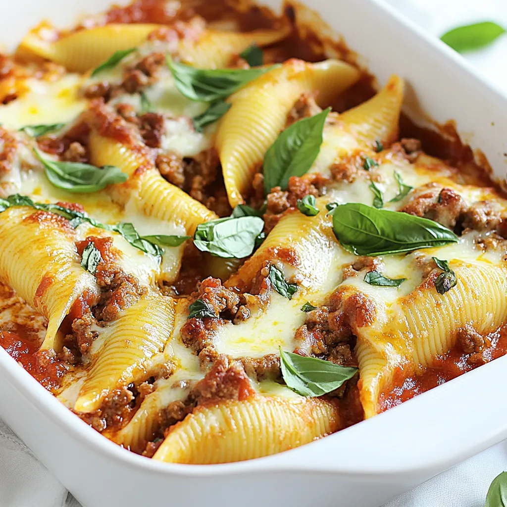 - 20 large pasta shells - 1 pound ground beef or turkey - 1 cup ricotta cheese - 1 cup shredded mozzarella cheese - ½ cup grated Parmesan cheese - 1 small onion, finely chopped - 2 cloves garlic, minced - 1 teaspoon Italian seasoning - 1 jar (24 oz) marinara sauce - Salt and pepper to taste - Fresh basil leaves for garnish (optional) Meaty stuffed shells need the right mix of ingredients. Start with the pasta shells. Choose large shells for easy filling. Ground beef or turkey adds protein and flavor. I enjoy using turkey for a lighter meal. The cheeses create a creamy filling. Ricotta makes it rich, while mozzarella adds meltiness. Parmesan gives a nice salty touch. Next, you need aromatics like onion and garlic. They bring depth to the dish. Italian seasoning addsHerbs that enhance the flavor. Marinara sauce ties it all together. Use your favorite brand or homemade sauce for the best taste. Don’t forget salt and pepper! They balance the flavors. For a final touch, fresh basil leaves look pretty and taste great. They brighten up the dish. Gather these ingredients before you start cooking. It makes the process smooth and fun. Enjoy making your meaty stuffed shells! {{ingredient_image_1}} Set your oven to 375°F (190°C). Preheating helps cook the dish evenly. Cook 20 large pasta shells as per the package instructions. Make sure they are al dente. Once cooked, drain and set them aside to cool a bit. In a large skillet over medium heat, add one finely chopped onion and two cloves of minced garlic. Sauté until the onion looks clear. Then, add one pound of ground beef or turkey. Cook until it turns brown. Drain any excess fat to keep it light. In a large bowl, mix the cooked meat with one cup of ricotta cheese, one cup of shredded mozzarella cheese, and half a cup of grated Parmesan cheese. Add one teaspoon of Italian seasoning, salt, and pepper. Stir until everything blends well. Use a spoon or a piping bag to fill each pasta shell with the meat and cheese mix. Be careful not to overfill them. Start by spreading a thin layer of marinara sauce on the bottom of your baking dish. Place the stuffed shells seam side up in the dish. Pour the remaining marinara sauce over the shells, making sure they are all covered. Add some extra mozzarella cheese on top. Cover the dish with aluminum foil and bake for 25 minutes. After that, take off the foil and bake for another 10 minutes. You want the cheese to be bubbly and golden. Once out of the oven, let the dish cool for a few minutes. If you like, add fresh basil leaves for a nice touch. Serve hot and enjoy! You can use ground beef or ground turkey for this dish. Both give great flavor. Ground beef adds richness, while ground turkey is lighter. You can even try ground chicken or plant-based meat for a twist. Each choice will change the taste a bit, so pick what you like best. After cooking the pasta shells, let them cool for a few minutes. This step helps prevent burns when you fill them. Use a spoon or a piping bag to stuff the shells. This tool makes it easy and keeps things clean. Don’t overstuff them! Fill them enough so they hold together but not too much that they burst. Cheese is key in stuffed shells. Ricotta is classic, but you can mix it up. Try adding goat cheese for tang or cottage cheese for a lighter option. You could also mix in some feta for a salty kick. For the topping, mozzarella is great, but you can use provolone or a mix of cheeses for extra flavor. Pro Tips Perfect Pasta Shells: Make sure to cook the pasta shells just until al dente. They will continue cooking in the oven, so you want them to be firm enough to hold the filling without breaking. Flavorful Filling: For an extra flavor boost, consider adding some chopped spinach or mushrooms to the meat mixture. This adds a delicious depth to your filling and increases the nutritional value. Cheese Variations: Feel free to experiment with different types of cheese in your filling. Adding some feta or goat cheese can give a tangy twist that complements the sauces beautifully. Make Ahead: You can prepare the stuffed shells ahead of time and refrigerate them before baking. Just add a few extra minutes to the baking time if they go in cold. {{image_2}} You can easily make vegetarian stuffed shells. Swap out the meat for plant-based options. Try using lentils, mushrooms, or even tofu. Each adds a unique flavor and texture. You can also load the filling with extra veggies. Spinach, zucchini, or bell peppers work great. Mix these with ricotta and mozzarella for a hearty bite. Want some heat? Add spices to your filling. Red pepper flakes or cayenne pepper can do the trick. For a fresh kick, chop up some jalapeños and mix them in. You can also top the stuffed shells with a spicy marinara sauce. Just look for sauces that say "spicy" or "arrabbiata." Your taste buds will thank you for the extra flare! If you need gluten-free options, don't worry. Many brands offer gluten-free pasta shells. Look for those made from brown rice or quinoa. They cook up just like regular pasta. You can use the same filling and sauce for a delicious meal. Your gluten-free friends will love you for it! To keep your stuffed shells fresh, store them in an airtight container. Make sure they cool down first. Place a layer of plastic wrap over the dish before sealing. This helps prevent drying out. You can keep them in the fridge for up to three days. When ready to eat, check for any signs of spoilage. Freezing stuffed shells is easy and great for future meals. First, let them cool completely. Then, place them in a single layer on a baking sheet. Freeze until they are firm, about two hours. After that, transfer them to a freezer-safe bag or container. Be sure to label them with the date. They will stay good for about three months. When reheating stuffed shells, avoid drying them out. Preheat your oven to 350°F (175°C). Place the shells in a baking dish and cover with foil. Bake for 20-25 minutes until heated through. If you want, add a splash of marinara sauce on top to keep them moist. You can also reheat in the microwave but they may not taste as good. Always check for even heating. Yes, you can prepare Meaty Stuffed Shells ahead of time. You can assemble the dish, then cover it tightly. Keep it in the fridge for up to 24 hours before baking. If you want to freeze it, wrap it well in plastic wrap and foil. It can last for up to three months in the freezer. To bake, just add a few extra minutes to the cooking time if frozen. You can tell when the stuffed shells are done by looking for a few signs. The cheese on top should be bubbly and golden. The sauce should be hot and steaming. Also, when you insert a knife into the center, it should feel warm. Use a food thermometer; it should read 165°F (74°C) in the center. Meaty Stuffed Shells pair well with several sides. A fresh green salad adds a nice crunch. Garlic bread is great for scooping up sauce. Roasted vegetables can bring extra flavor. You might also enjoy steamed broccoli or a light pasta salad. Each side balances the rich flavors of the shells. Definitely! You can mix in different ingredients to make your filling special. Try adding spinach or mushrooms for extra veggies. You can use chicken or sausage instead of beef or turkey. Herbs like parsley or oregano can add fresh notes. Even different cheeses like goat cheese or feta can change the flavor profile. If you need a ricotta substitute, there are good options. Cottage cheese is a great choice; it has a similar texture. Cream cheese can work too, but it has a richer taste. For a lighter option, try Greek yogurt. You can even make a homemade version by blending tofu with a bit of lemon juice for a dairy-free choice. This blog post detailed a tasty recipe for stuffed pasta shells. We covered all the ingredients, from large pasta shells to flavorful ground beef, and even some tasty cheese options. I shared tips for cooking and stuffing the shells with ease. You learned about delicious variations and how to store leftovers. Overall, stuffed shells are a great meal choice. They are fun to make and loved by many. Try this recipe, and enjoy every bite!