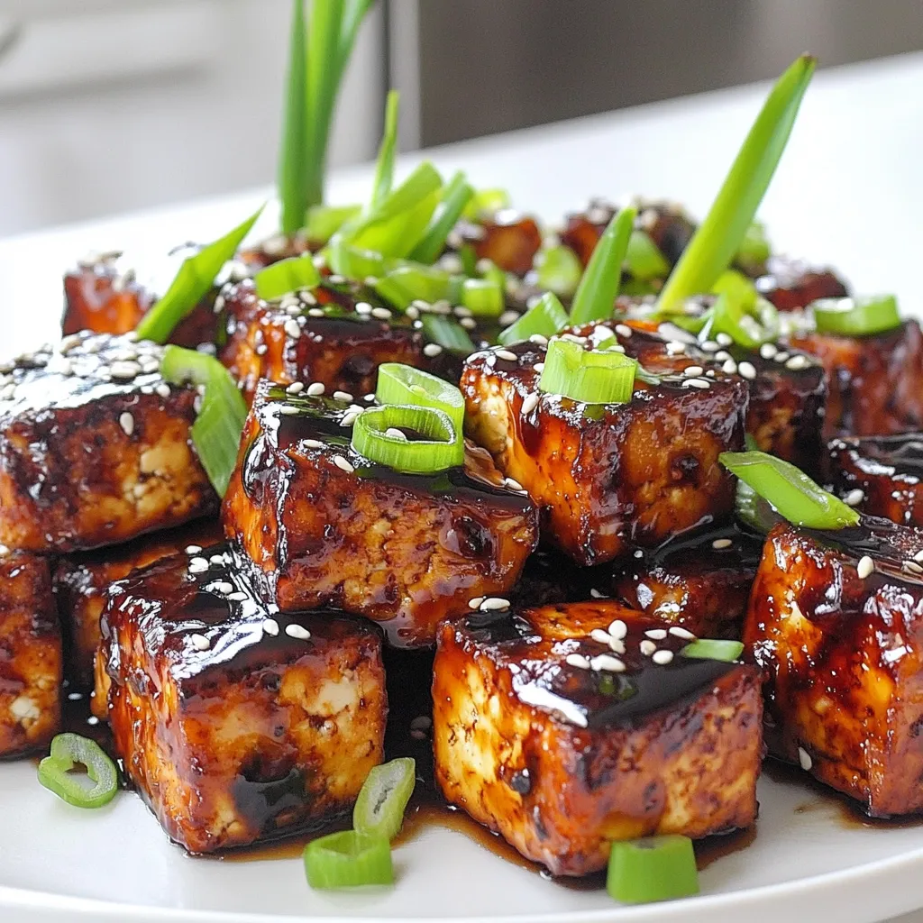 - 1 block (14 oz) firm tofu - 1/4 cup soy sauce (low sodium) - 2 tablespoons maple syrup - 1 tablespoon rice vinegar - 1 tablespoon sesame oil - 2 teaspoons cornstarch - 2 cloves garlic, minced - 1 teaspoon ginger, grated - Green onions and sesame seeds for garnish Gather these ingredients before starting. The tofu is the star, so choose a firm block. Low sodium soy sauce keeps it balanced. Maple syrup adds a sweet touch. Rice vinegar gives a nice tang. Sesame oil brings rich flavor. Cornstarch helps make it crispy. Garlic and ginger add zest. Don't forget the green onions and sesame seeds for the finish. Each ingredient plays a role in making this dish a delight. Let's dive into the cooking now! To start, you need to press the tofu. This step helps remove moisture. Wrap the block of tofu in a clean kitchen towel. Place a heavy object on top. Let it sit for about 15 minutes. After pressing, cut the tofu into cubes. Aim for bite-sized pieces. This size helps with even cooking and crispiness. Next, we will make the marinade. In a small bowl, combine soy sauce, maple syrup, rice vinegar, and sesame oil. This mix gives great flavor. Then, add minced garlic and grated ginger. Whisk it all together until well blended. The garlic and ginger add a nice kick. Now, toss the tofu in the marinade. Make sure each piece is coated well. This will give the tofu its unique taste. After tossing, let it marinate for at least 20 minutes. This time allows the flavors to soak in. For extra crispiness, sprinkle cornstarch over the marinated tofu. Toss gently to coat each cube. Preheat your air fryer to 375°F (190°C) for about 5 minutes. This step is key for crispiness. Place the tofu cubes in a single layer in the basket. Avoid crowding them to ensure even cooking. If needed, cook in batches. Air fry at 375°F for 15-20 minutes. Shake the basket halfway through. This helps achieve that golden, crispy texture. Once done, remove the tofu and serve it with garnish, like green onions and sesame seeds. To get that perfect crunch, you need cornstarch. This fine powder coats the tofu, making it crisp. When you sprinkle cornstarch on the marinated tofu, it clings well. This helps the tofu crisp up nicely in the air fryer. Don't overcrowd the basket! Give the tofu space to breathe. If you stack it up, the air won't flow well. This can lead to soggy tofu instead of crispy bites. Cook in batches if needed, and you will see a big difference. Want to kick up the flavor? Consider adding some red pepper flakes for a spicy twist. You can also try garlic powder or onion powder. These add depth to the taste of your tofu. Homemade teriyaki sauce is another great option. It lets you control the sweetness. Store-bought sauces are quick and easy but may have preservatives. If you have time, try making your own for a fresh taste. Pair your crispy teriyaki tofu with rice or stir-fried veggies. The soft rice balances the crunchy tofu. It makes for a satisfying meal. When you serve it, think about presentation. Use a nice bowl and add a little extra teriyaki sauce on top. Sprinkle some sesame seeds and chopped green onions for color. A well-presented dish makes every bite more enjoyable! {{image_2}} You can change the flavor with different marinades. If you want a twist, try using a teriyaki sauce alternative. Here are some ideas: - Soy Sauce Mix: Blend soy sauce with honey or agave syrup for a sweet touch. - Miso Paste: Mix miso with water for a rich, savory base. If you like heat, a spicy version is great. You can add Sriracha to the marinade for a kick. Just mix in a tablespoon for a fun flavor. You can enjoy this dish with different types of tofu. Here are some suggestions: - Soft Tofu: Use soft tofu for a creamier texture. Just be gentle when cooking. - Extra Firm Tofu: Extra firm tofu gives more crunch. Press it well to remove moisture. Another option is tempeh. It has a nutty flavor and a unique texture. Cut it in cubes and marinate like tofu for a tasty twist. To keep your crispy air fryer teriyaki tofu fresh, store it in an airtight container. Place it in the refrigerator within two hours of cooking. This helps maintain its flavor and texture. Use the tofu within three to four days for the best taste. When you reheat the tofu, use the air fryer or a hot skillet. This helps to keep it crispy. Heat at 350°F (175°C) for about five to seven minutes. This method revives that golden crunch. If you have extra marinated tofu, you can freeze it. Place the marinated tofu in a freezer bag. Make sure to remove as much air as possible before sealing. Label the bag with the date. You can freeze it for up to three months. To thaw the tofu, move it to the fridge for a few hours or overnight. For quicker thawing, place the bag in a bowl of cold water. After thawing, use the tofu in your favorite dishes. It may be softer but still packed with flavor. To make crispy tofu, start with extra firm tofu. Press it to remove moisture. Wrap the block in a towel and place a heavy object on top for 15 minutes. Cut the pressed tofu into small cubes. In a bowl, mix soy sauce, maple syrup, rice vinegar, sesame oil, minced garlic, and grated ginger. Marinate the tofu cubes in this mixture for at least 20 minutes. After marinating, sprinkle cornstarch over the tofu and toss gently. Preheat your air fryer to 375°F (190°C). Cook the tofu for 15 to 20 minutes, shaking halfway through. The tofu should turn golden and crispy. Yes, you can use firm tofu. However, it may not be as crispy. Extra firm tofu holds its shape better and absorbs less moisture. This helps achieve a crunchier texture. If you use firm tofu, make sure to press it well to remove as much moisture as possible. The best way to press tofu is to wrap it in a clean towel or paper towels. Place a heavy object on top, like a cast iron skillet or canned goods. Let it sit for about 15 minutes. This method helps to squeeze out excess moisture, allowing the tofu to absorb more marinade. Pressing tofu is key for a great texture. You can store cooked teriyaki tofu in the refrigerator for about 3 to 5 days. Keep it in an airtight container to maintain freshness. If you want to enjoy it again, reheat it in the air fryer for a few minutes. This will help keep it crispy. Tofu is a versatile ingredient that can shine in your meals. This post showed you the steps to make crispy teriyaki tofu in an air fryer. You learned how to press, marinate, and cook tofu for great taste. I shared tips for perfect crispiness and flavor boosts. Plus, I covered storage and answered common questions. With a few tweaks, you can enjoy many delicious variations. Use these methods to make your dishes stand out and impress everyone at the table. Enjoy your cooking journey!