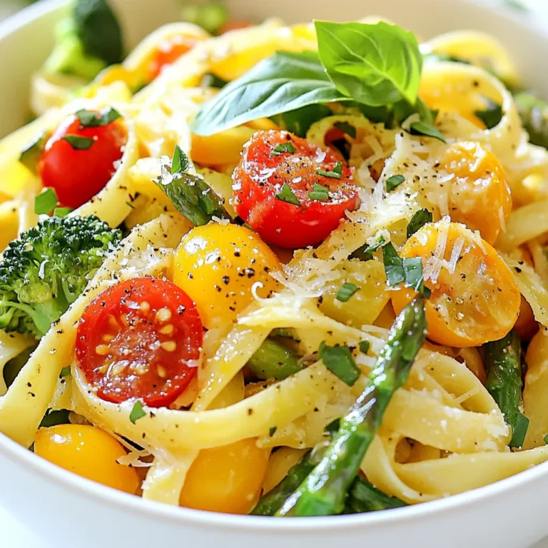 To make Pasta Primavera, you need fresh ingredients. Here’s what you need: - 8 oz spaghetti or fettuccine - 1 cup cherry tomatoes, halved - 1 medium zucchini, sliced - 1 bell pepper (any color), sliced - 1 cup asparagus, trimmed and cut into 2-inch pieces - 1 cup broccoli florets - 2 cloves garlic, minced - 1/4 cup extra virgin olive oil - 1 teaspoon Italian seasoning - Salt and pepper to taste - Fresh basil leaves, for garnish - Grated Parmesan cheese (optional) Fresh vegetables make the dish bright and tasty. Use cherry tomatoes for sweetness. The zucchini adds a nice crunch. Bell peppers bring color and flavor. Asparagus and broccoli add nutrition and texture. Mix and match these veggies as you like! You can choose between spaghetti or fettuccine. Spaghetti is thin and long, great for twirling. Fettuccine is wider and flat, perfect for holding sauce. Both are delicious in this dish. Pick the one you love! Garnish your Pasta Primavera with fresh basil leaves. They add a fragrant touch. You can also sprinkle grated Parmesan cheese on top. This adds a creamy, salty flavor. Feel free to get creative with your toppings! {{ingredient_image_1}} Start by boiling a large pot of salted water. This helps the pasta taste better. Once the water boils, add your spaghetti or fettuccine. Cook it according to the package instructions. Aim for that perfect al dente texture. When it's done, reserve half a cup of pasta water. This water helps with the sauce later. After that, drain the pasta and set it aside. Next, heat a large skillet over medium heat. Pour in the extra virgin olive oil. Let it warm up for a minute. Now add the minced garlic. Cook it until it smells amazing, about one minute. Then, toss in the cherry tomatoes, zucchini, bell pepper, asparagus, and broccoli. Stir in the Italian seasoning, salt, and pepper. Cook everything for about five to seven minutes. You want the veggies to be tender but still colorful. Now it’s time to bring it all together. Add the drained pasta to the skillet. Toss everything gently to mix. If it seems too dry, add some of the reserved pasta water. Do this one tablespoon at a time until you like the sauce's thickness. Once everything is well combined, take the skillet off the heat. Your vibrant Pasta Primavera is ready to serve! You can easily make this dish your own. Try adding protein options like grilled chicken or shrimp. Both add flavor and make the dish more filling. If you want a vegetarian twist, try chickpeas or tofu. You can also swap out vegetables based on what you have. If zucchini is not in season, use bell peppers or snap peas. Carrots, mushrooms, or even spinach work well too. Just keep the colors bright for a beautiful dish. To avoid overcooked noodles, watch the time closely. Cook your pasta until it is al dente. This means it should still have a slight bite. Remember to taste it a minute or two before the package time ends. Using reserved pasta water can be a game changer. This water is starchy and helps sauces stick. When mixing your pasta and veggies, add a little pasta water at a time. Stir until you reach the right sauce consistency. This keeps your dish creamy without being too heavy. Pro Tips Choose Fresh Vegetables: Opt for seasonal, fresh vegetables for the best flavor and nutritional value. Don't Overcook the Pasta: Cook the pasta al dente to ensure it maintains a slight bite and holds up well with the sauce. Customize Your Veggies: Feel free to substitute or add your favorite vegetables to make this dish your own. Use Pasta Water Wisely: The reserved pasta water is starchy and helps to create a smooth, cohesive sauce. {{image_2}} You can change the vegetables in Pasta Primavera based on the season. In spring, use fresh asparagus and peas. Summer brings sweet corn and colorful bell peppers. In fall, try roasted butternut squash and kale. Winter calls for hearty veggies like carrots and Brussels sprouts. The key is to pick what is fresh and in season. This will make your dish taste bright and lively. If you need gluten-free pasta, look for rice or quinoa pasta. Both options work well in this recipe. For a vegan version, swap the Parmesan cheese with nutritional yeast or a vegan cheese. You can add beans or lentils for protein. These swaps keep the dish tasty while fitting your diet. Adjust the recipe to match your needs and enjoy every bite! To keep your leftover Pasta Primavera fresh, first let it cool down. Place it in an airtight container. Make sure to seal it tightly. Store the container in the refrigerator. It can last for up to three days. If you want to keep it longer, consider freezing it. Use a freezer-safe container, and it can last for up to two months. Just remember to label the container with the date. When it’s time to eat your leftovers, you have a few options to reheat. The stovetop is great for keeping texture. Add a splash of water or olive oil to a pan. Heat it on low and stir often. This helps the pasta stay moist. You can also use the microwave. Place the pasta in a bowl with a little water. Cover it with a damp paper towel. Heat in short bursts, stirring in between. Both methods keep your dish tasty and fresh. Pasta Primavera is a fresh, colorful dish that highlights spring vegetables. The name means "spring pasta" in Italian. This dish first appeared in the 1970s in America. It often features pasta, olive oil, garlic, and a mix of seasonal veggies. The goal is to bring out the bright flavors of the vegetables. You can use any pasta you like, but spaghetti or fettuccine works well. Yes, you can prepare Pasta Primavera ahead of time! Cook the pasta and veggies separately. Store them in the fridge. When you're ready to eat, just reheat them together in a skillet. Add a bit of pasta water to keep it moist. This method saves time and keeps your meal fresh. Pasta Primavera pairs well with many side dishes. A simple green salad adds freshness. Garlic bread is also a great choice for a satisfying meal. You might even serve it with grilled chicken or shrimp for added protein. Each option enhances the flavors of the pasta. Pasta Primavera is a fresh, colorful dish that’s easy to make. We explored key ingredients and how to prepare them step by step. Customize it with your favorite proteins or seasonal veggies. Remember to keep the pasta firm and use reserved water for the best texture. Store leftovers properly and follow reheating tips to enjoy another meal. Pasta Primavera shines as a versatile, healthy option for any time of year. Enjoy creating your own version!