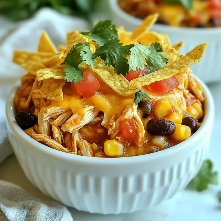 - 2 lbs boneless, skinless chicken breasts - 1 can (15 oz) black beans, drained and rinsed - 1 can (15 oz) corn, drained - 2 cups enchilada sauce - 1 can (10 oz) diced tomatoes with green chilies - 1 teaspoon cumin - 1 teaspoon chili powder - 1/2 teaspoon garlic powder - 1/2 teaspoon onion powder - 2 cups shredded cheddar cheese - 8 corn tortillas, cut into strips - Fresh cilantro for garnish (optional) - Sour cream for serving (optional) Flavor is key in the Crockpot Chicken Enchilada Casserole. Each ingredient plays a role. The chicken provides a juicy base. Black beans add protein and fiber. Corn brings sweetness and texture. Enchilada sauce ties everything together with spice. Diced tomatoes with green chilies add a nice kick. Spices are essential too. Cumin gives warmth. Chili powder adds depth. Garlic powder and onion powder enhance the overall flavor. Together, they create a tasty blend that shines through the dish. For toppings, cheese is a must. It melts beautifully, creating a rich layer. Corn tortillas add crunch. You can also use fresh cilantro for a bright finish. Sour cream offers a creamy balance. It cools the dish and adds creaminess. These ingredients make the casserole unique. They create layers of flavor that everyone will enjoy. Don't skip any, as each one adds something special. {{ingredient_image_1}} - First, place 2 lbs of boneless, skinless chicken breasts in the bottom of your crockpot. - Next, evenly sprinkle 1 teaspoon of cumin, 1 teaspoon of chili powder, 1/2 teaspoon of garlic powder, and 1/2 teaspoon of onion powder over the chicken. This mix enhances the chicken's flavor. - Pour 2 cups of enchilada sauce over the seasoned chicken. Make sure every piece is covered. - Then, add 1 can of drained black beans, 1 can of drained corn, and 1 can of diced tomatoes with green chilies. These ingredients bring texture and taste to the dish. - Cook on low for 6-7 hours or on high for 3-4 hours. The chicken should be tender and cooked through. - After cooking, use two forks to shred the chicken in the crockpot. Mix it well with the other ingredients for even flavor. - Layer half of 8 corn tortilla strips over the shredded chicken. Then, add 1 cup of shredded cheddar cheese on top. - Add the rest of the tortilla strips and cover with the remaining enchilada mixture. Top it off with another cup of cheese. - Cover and cook on low for an extra 30 minutes until the cheese is melted and bubbly. To shred chicken well, I like to use two forks. This method is simple and quick. You can also use a hand mixer for a faster option. Just make sure to mix the chicken well with other ingredients. This helps spread the flavors throughout the dish. To boost flavor in your casserole, consider adding extra spices. A pinch of smoked paprika gives a nice depth. You can also try a little cayenne for heat. If you want to make homemade enchilada sauce, use canned tomatoes, chili powder, and cumin. This adds a fresh taste that store-bought sauces may lack. Serve your casserole with a side of rice or chips. Fresh avocado slices also make a great addition. For toppings, consider diced onions, jalapeños, or more cheese. These add a nice crunch and flavor. A dollop of sour cream or guacamole can make each bite even better! Pro Tips Use Fresh Ingredients: Whenever possible, opt for fresh ingredients like cilantro and homemade enchilada sauce to enhance the flavor of your casserole. Customize the Heat: Adjust the spiciness of your dish by using mild or hot enchilada sauce and choosing your preferred type of diced tomatoes with green chilies. Shred Chicken for Best Texture: Shredding the chicken directly in the crockpot allows it to soak up all the flavors from the sauce and spices. Make Ahead: This casserole can be prepared the night before. Just layer everything in the crockpot and store it in the fridge until you're ready to cook. {{image_2}} To make a vegetarian version of this dish, you can easily swap out the chicken. Use plant-based proteins like tofu, tempeh, or chickpeas. They add great texture and protein. When you make this change, adjust your seasonings a bit. You might want to add extra cumin or chili powder for flavor. You can control the heat in your casserole. If you want a milder dish, use mild enchilada sauce. You can also choose sweet bell peppers instead of spicy chiles. For those who like heat, add jalapeños or use a spicier sauce. Different chiles like serranos or habaneros can also ramp up the spice. Feel free to mix up your ingredients! If you want a different bean, try pinto or kidney beans. You can also switch up the cheese. Monterey Jack or pepper jack gives a nice twist. When it comes to tortillas, corn tortillas work great, but you can also use flour tortillas. Just cut them into strips like the corn ones. To keep your casserole fresh, store leftovers in the fridge. Use airtight containers to seal in the flavors. Let the dish cool to room temperature before placing it in the fridge. This helps prevent moisture buildup. Enjoy your leftovers within three to four days for the best taste. If you want to save your casserole for later, freezing is a great option. First, let the dish cool completely. Then, cut it into portions. Wrap each portion tightly in plastic wrap. Place the wrapped portions in a freezer-safe bag or container. This keeps out air and prevents freezer burn. When ready to enjoy, thaw it overnight in the fridge. Reheat in the oven at 350°F until hot. You can also microwave it until heated through. In the fridge, your casserole stays fresh for about three to four days. Check for any signs of spoilage before eating. Signs include off smells, mold, or a change in color. If you see any of these, it’s best to toss the dish. Always trust your senses when it comes to food safety. Yes, you can cook this on the stove. Start by searing the chicken in a large pot. Brown both sides for about 5 minutes. Then add all other ingredients, including the enchilada sauce. Stir well and cover. Let it simmer on low heat for about 30 minutes, or until the chicken is tender. Shred the chicken and mix it back into the sauce for the best flavor. If you are cooking on high, it will take about 3 to 4 hours. Make sure the chicken reaches an internal temperature of 165°F. After cooking, shred the chicken and stir it with the other ingredients. This gives your dish a rich flavor and a great texture. Yes, you can use frozen chicken breasts. Just add an extra hour to your cooking time. The chicken will still turn out tender and juicy. Be mindful to check the internal temperature to ensure it reaches 165°F before serving. You can switch up the toppings for more flavor. Try Monterey Jack cheese, queso fresco, or even crumbled feta. You can also add sliced jalapeños, diced avocado, or chopped green onions. Each option adds a unique twist to your casserole. To make this casserole gluten-free, use corn tortillas marked gluten-free. You should also check your enchilada sauce for gluten-free labels. All other ingredients are naturally gluten-free, so you can enjoy this dish without worry. This recipe combines tasty ingredients, easy prep, and fun options. You can enjoy chicken, beans, and corn in a cozy dish. Follow the steps for cooking and serving that fit your taste. Remember, you can tweak flavors and toppings to make it your own. With these tips, leftovers stay fresh and delicious. I hope you try this dish soon! It’s a great way to share delicious moments with family and friends.