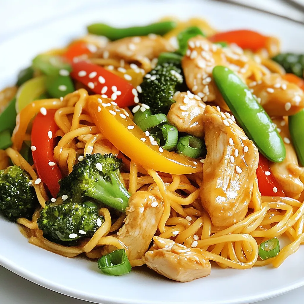 To make easy chicken lo mein, gather these tasty ingredients: - 8 oz lo mein noodles - 1 tbsp vegetable oil - 1 lb chicken breast, thinly sliced - 2 cloves garlic, minced - 1-inch piece ginger, grated - 1 bell pepper, thinly sliced (any color) - 1 cup broccoli florets - 1 cup snap peas - 3 green onions, chopped - 3 tbsp soy sauce - 1 tbsp oyster sauce (optional) - 1 tbsp sesame oil - Salt and pepper to taste - Sesame seeds, for garnish If you can't find lo mein noodles, use spaghetti or rice noodles instead. Chicken breast works well, but you can swap it for shrimp or beef. For the veggies, feel free to use carrots, cabbage, or zucchini. If you want a vegan touch, replace chicken with tofu. You can also skip oyster sauce for a vegetarian option. Want to mix it up? Try adding these for extra flavor: - Sliced mushrooms for earthiness - Baby corn for a sweet crunch - Spinach for a boost of nutrients - Chili paste for heat Add these as you stir-fry the veggies for a colorful meal. {{ingredient_image_1}} Start by boiling water in a large pot. Add 8 oz of lo mein noodles. Cook them according to the package instructions. This usually takes about 4-5 minutes. Stir occasionally to keep them from sticking. Once they are tender, drain the noodles in a colander and set them aside. Next, grab a large skillet or wok. Heat 1 tablespoon of vegetable oil over medium-high heat. Once hot, add 1 lb of thinly sliced chicken breast. Season it with salt and pepper. Stir-fry the chicken for about 5-7 minutes. You want it to be cooked all the way through. When the chicken is done, add 2 cloves of minced garlic and 1-inch piece of grated ginger. Stir this mixture for 1-2 minutes until it smells great. Now it's time to add some color and crunch. Toss in 1 thinly sliced bell pepper, 1 cup of broccoli florets, and 1 cup of snap peas. Stir-fry these veggies for 4-5 minutes. They should be tender but still crisp. After that, add your cooked lo mein noodles to the pan. Pour in 3 tablespoons of soy sauce, 1 tablespoon of oyster sauce (if you like), and 1 tablespoon of sesame oil. Toss everything together until well coated and heated through. Finally, stir in 3 chopped green onions for extra flavor. Serve hot, and sprinkle sesame seeds on top for a nice finish. To stir-fry well, keep your pan hot. Heat it before adding oil. Use a good amount of oil to coat the pan. Add your chicken in batches. This helps it cook evenly. Stir the chicken often to avoid burning. Once it turns golden, add the garlic and ginger. They add nice flavor and smell. Cook them for just a short time. You want them fragrant, not burnt. Prep all your ingredients before you start cooking. Slice your chicken into thin strips. This helps it cook fast. Chop your vegetables into small pieces. This way, they cook evenly. Mince your garlic and grate your ginger right before use. Fresh ingredients give the best taste. Measure out sauces in advance for quick addition. Clean and organize your workspace for a smooth cooking flow. To make the dish less spicy, skip the ginger. You can also cut back on garlic if you want. For more flavor, add a splash of sesame oil. It brings out a nutty taste. Try adding more vegetables like carrots or mushrooms. They can enhance the dish without making it spicy. Taste as you go to find your perfect balance. Pro Tips Tip Title 1: For extra flavor, marinate the chicken in soy sauce, ginger, and garlic for at least 30 minutes before cooking. Tip Title 2: To keep the vegetables crisp, make sure not to overcook them. Stir-fry on high heat for a short time. Tip Title 3: Use a mix of colorful bell peppers to enhance the visual appeal and nutritional value of your dish. Tip Title 4: For a spicy kick, add red pepper flakes or Sriracha sauce when tossing the noodles. {{image_2}} You can make a tasty vegetarian lo mein easily. Replace the chicken with tofu or tempeh. Use the same cooking steps. Add more veggies like carrots, mushrooms, or bok choy. Toss in some extra garlic for flavor. This keeps the dish light and healthy. If you need gluten-free options, swap the lo mein noodles. Use rice noodles or gluten-free noodles. Check the labels to be sure. For sauces, choose gluten-free soy sauce. This way, you keep all the great taste without gluten. You can also change the protein in this dish. Shrimp or beef works well too. Cook shrimp for just a few minutes until pink. Slice beef thinly and stir-fry like chicken. This gives you more choices for your meal. Let your chicken lo mein cool down before storing. Use an airtight container to keep it fresh. This will help maintain the flavors and texture. Place the container in your fridge. It can stay good for 3 to 4 days. To reheat, you can use a skillet or microwave. If using a skillet, add a splash of water. This will help steam the noodles. Heat on medium until hot, stirring often. For the microwave, cover the bowl with a lid. Heat for about 1-2 minutes, then stir. Check if it's warm enough before enjoying again. You can freeze chicken lo mein for up to 3 months. First, let it cool completely. Then, place it in a freezer-safe bag or container. Remove as much air as possible to prevent freezer burn. When ready to eat, thaw it overnight in the fridge. Reheat as mentioned above. It’s like a quick meal waiting for you! Lo Mein is a popular Chinese dish. It features soft, chewy noodles and tasty veggies. You often find it in takeout menus. The dish gets its flavor from soy sauce and sesame oil. In this recipe, chicken adds protein and makes it filling. Yes, you can use other noodles! If you can't find lo mein noodles, try spaghetti or egg noodles. Both options work well in this dish. Just remember to cook them according to the package instructions. This keeps the texture nice and chewy. You can easily customize this chicken lo mein. Add your favorite veggies like carrots, mushrooms, or bok choy. If you want a spicier kick, add some red pepper flakes or chili paste. For a vegetarian option, swap chicken for tofu or tempeh. Feel free to mix sauces too. You might try adding hoisin sauce for a sweet touch! This article covered everything you need for making Lo Mein. We discussed ingredients, cooking steps, and tips for perfecting your dish. You learned how to store leftovers and freeze meals for later. Remember, Lo Mein is flexible. You can swap ingredients and customize for your taste. Don’t hesitate to try different options, like vegetarian or gluten-free. Cooking should be fun. Experiment and enjoy creating your own delicious version of Lo Mein!