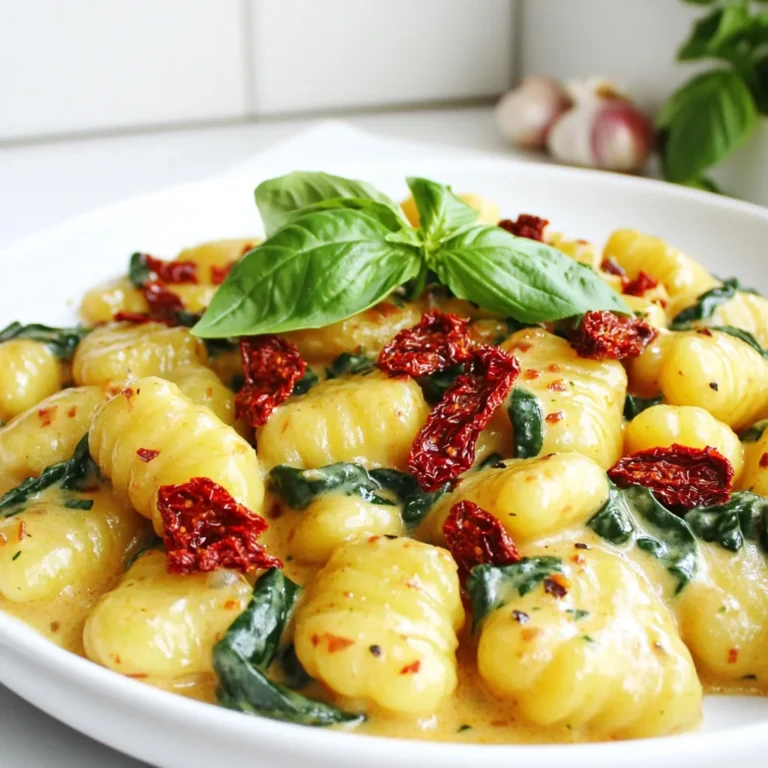Here are the ingredients you need for the Sun Dried Tomato Gnocchi Skillet. - 1 package (16 oz) potato gnocchi - 1 cup sun-dried tomatoes, chopped (in oil, drained) - 2 cups fresh spinach - 2 garlic cloves, minced - 1 small onion, finely chopped - 1 cup vegetable broth - 1 cup heavy cream (or coconut cream for a vegan option) - 1 teaspoon Italian seasoning - 1/2 cup grated Parmesan cheese - Salt and pepper to taste - 2 tablespoons olive oil - Fresh basil leaves for garnish This simple list makes a tasty meal. The potato gnocchi acts as a soft base, while the sun-dried tomatoes add a rich, tangy flavor. Fresh spinach brings a burst of color and nutrients. Garlic and onion give the dish a warm aroma that fills your kitchen. The vegetable broth adds depth, and the heavy cream makes it creamy and luxurious. Italian seasoning ties all the flavors together. Parmesan cheese adds saltiness and richness. Don’t forget the olive oil for cooking and fresh basil for a lovely finish. With these ingredients, you are ready to make a dish that feels fancy but is easy to prepare. It’s perfect for a weeknight dinner or impressing guests. Enjoy cooking! - Sautéing the onion and garlic Heat two tablespoons of olive oil in a large skillet over medium heat. Add one small, finely chopped onion. Cook until it turns soft and translucent, about three to four minutes. Next, add two minced garlic cloves. Sauté for two more minutes. This mix creates a great base for flavor. - Incorporating sun-dried tomatoes Now, add one cup of chopped sun-dried tomatoes to the skillet. Make sure they're drained and in oil. Cook this mix for another two minutes. The aroma will fill your kitchen, making your mouth water. - Adding broth and gnocchi Pour in one cup of vegetable broth and bring it to a simmer. This step adds depth to your dish. Once simmering, gently stir in one package (16 oz) of potato gnocchi. Cook according to the package. Usually, this takes about three to five minutes. You’ll know the gnocchi is done when it floats to the top. - Adding cream and seasoning Next, add one cup of heavy cream to the skillet. For a vegan option, use coconut cream instead. Stir in one teaspoon of Italian seasoning. Mix well and let it simmer for another two to three minutes. This helps the sauce thicken slightly and coat the gnocchi beautifully. - Adding spinach and cheese Toss in two cups of fresh spinach and stir until it wilts. This adds color and nutrients. If you like cheese, now is the time to add half a cup of grated Parmesan cheese. Stir until it melts and creates a creamy texture. - Garnishing with basil Finally, remove the skillet from heat. Garnish your dish with fresh basil leaves. This adds a pop of freshness and looks stunning. Your sun-dried tomato gnocchi skillet is now ready to serve! To make your Sun Dried Tomato Gnocchi Skillet even creamier, try using coconut cream. This is a great option for vegan diets. Coconut cream adds a rich texture without dairy. Just swap it in when a recipe calls for heavy cream. You can also adjust the cheese quantities. If you want a richer taste, add more grated Parmesan. Start with half a cup, then taste. Add more if you like. This simple tweak can change the whole dish! How do you know when gnocchi is done? Look for them to float in the skillet. This means they are cooked through. Typically, this takes about 3-5 minutes. Keep an eye on them, so they don’t overcook. For the best results, use a large skillet with enough space. This helps the gnocchi cook evenly. Stir gently, so they don’t break apart. And always follow the package instructions for timing. You can boost the flavor by adding spices or herbs. Italian seasoning works well, but feel free to experiment. Try adding a pinch of red pepper flakes for some heat. Fresh herbs, like basil or thyme, can also enhance the dish. For side dishes, consider pairing this gnocchi with a fresh salad. A mix of greens with a light vinaigrette goes perfectly. You can also serve it with garlic bread for a hearty meal. {{image_2}} You can easily make this dish vegan. Start by swapping the heavy cream with coconut cream. Coconut cream adds the same rich feel but is dairy-free. It will give your dish a hint of sweetness. For cheese, use nutritional yeast or a vegan cheese blend. These options melt well and add flavor. They can make your gnocchi creamy and satisfying without dairy. Want to add protein? Chicken and shrimp are great choices. Cook them before adding the other ingredients. They blend well with the gnocchi and add heartiness to your meal. For a vegetarian option, try chickpeas or lentils. These will boost protein and fiber. They also soak up the sauce well, making each bite tasty. You can mix in different greens and veggies. Kale or arugula can replace spinach. They add new flavors and textures. Add zucchini or bell peppers for extra crunch and color. Seasonal veggies make this dish even better. Use asparagus in spring or butternut squash in fall. This keeps your meal fresh and fun, no matter the season! To keep your sun-dried tomato gnocchi fresh, follow these easy steps: - Refrigerate: Place the leftovers in an airtight container. Store them in the fridge. They will last for up to three days. - Freezing: If you want to save some for later, freeze the gnocchi. Use a freezer-safe container or bag. Make sure to remove excess air. The gnocchi can stay fresh for up to three months. Reheating your gnocchi can be simple. Here are some methods: - Stovetop: Heat a skillet over medium heat. Add a splash of vegetable broth or cream. Stir in the gnocchi until heated through. This helps keep the texture nice. - Microwave: Place the gnocchi in a microwave-safe dish. Add a little broth or cream. Cover it with a lid or a damp paper towel. Heat it in short bursts, stirring in between. This keeps the flavor strong and the dish creamy. Gnocchi is made from potatoes, flour, and sometimes eggs. The potatoes give it a soft, fluffy texture. You can find pre-made gnocchi at most stores. Some brands use sweet potatoes or gluten-free flour. Yes, you can use fresh tomatoes. However, sun-dried tomatoes add a rich flavor that fresh ones do not. If you choose fresh, use about two cups, diced. Cook them longer to help them break down and release their juices. To prevent sticking, use a large pot of boiling water. Make sure to stir gently as you add gnocchi. Once they float, they are ready. You can also toss them with a bit of olive oil after cooking to keep them separate. Absolutely! This gnocchi dish is great for meal prep. You can store it in the fridge for up to three days. Just reheat it in a skillet or microwave. The flavors get better over time. To make this dish gluten-free, use gluten-free gnocchi. Many brands offer delicious options made from rice, quinoa, or other flours. Check the label to ensure it fits your needs. This blog post guides you through creating a creamy gnocchi dish. We covered the key ingredients, step-by-step preparation, and cooking tips. You learned how to enhance flavors and even make vegan options. I shared storage methods and reheating tips to keep your meal fresh. Experiment with this recipe, and make it your own. Enjoy exploring the many variations it offers! This dish is a great addition to your cooking repertoire. Happy cooking!
