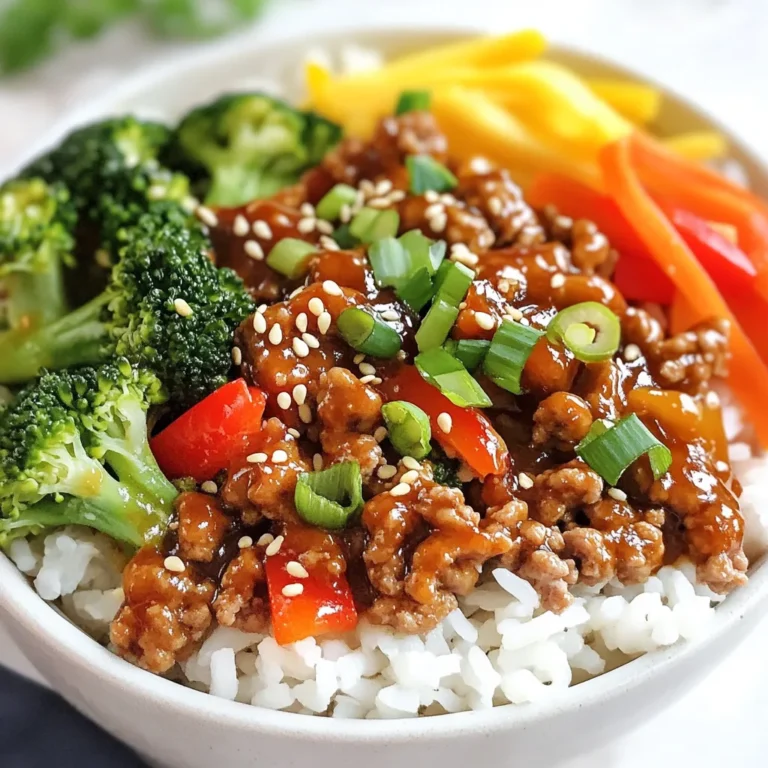 - 1 lb ground turkey - 1/4 cup low-sodium soy sauce - 2 tablespoons honey or maple syrup - 1 tablespoon rice vinegar - 1 tablespoon sesame oil - 2 cloves garlic, minced - 1 inch ginger, grated - 1 cup broccoli florets - 1 red bell pepper, sliced - 1 carrot, julienned - 2 green onions, chopped - Sesame seeds for garnish - 2 cups cooked jasmine rice (or brown rice) This recipe uses simple and fresh ingredients. Ground turkey is lean and cooks quickly. The soy sauce adds saltiness, while honey or maple syrup brings sweetness. Rice vinegar gives a nice tang. Sesame oil adds a nutty flavor that brings everything together. For vegetables, I love using broccoli, red bell pepper, and carrot. They add color and crunch to your bowls. The ginger and garlic give an extra kick. Green onions and sesame seeds make great toppings. They add flavor and texture to each bite. For the base, jasmine rice is fluffy and pairs well. Brown rice is a healthy choice, too. You can use what you have on hand. With these ingredients, you can create a tasty meal in no time. {{ingredient_image_1}} To make the teriyaki sauce, grab a medium bowl. In that bowl, mix these ingredients: - 1/4 cup low-sodium soy sauce - 2 tablespoons honey or maple syrup - 1 tablespoon rice vinegar - 1 tablespoon sesame oil - 2 cloves garlic, minced - 1 inch ginger, grated Stir well until everything blends together. This sauce gives the dish its sweet and savory taste. Next, take a large skillet and heat it over medium. Add 1 lb of ground turkey to the skillet. Cook for about 5-7 minutes. Break up the turkey with a spatula. You want it fully cooked and no longer pink. Once cooked, pour the teriyaki sauce over the turkey. Stir it well. Let it simmer for about 3-5 minutes. This helps the flavors mix and absorb into the meat. While the turkey cooks, steam the veggies. In a separate pan, add a splash of water and bring it to a simmer. Add the broccoli florets, sliced bell pepper, and julienned carrot. Cover the pan and steam for about 4-5 minutes. You want the veggies tender but still bright in color. Now it's time to build your bowls! Start with 1/2 cup of cooked jasmine rice in each bowl. Top the rice with the teriyaki ground turkey. Next, arrange the steamed vegetables on the side. For a finishing touch, garnish each bowl with chopped green onions and a sprinkle of sesame seeds. This adds a nice crunch and flavor. Enjoy your meal! To boost the flavor of your teriyaki ground turkey bowls, try adding some spices. A dash of black pepper gives warmth. You can also add red pepper flakes for heat. Consider a splash of sriracha for a spicy kick. If you love garlic, add more minced garlic to the teriyaki sauce. A sprinkle of five-spice powder brings an Asian twist. You can even mix in a bit of hoisin sauce for depth. These small changes make a big difference. When cooking ground turkey, even cooking is key. Start with a hot skillet. Add the ground turkey and break it apart right away. Stir it often to avoid clumps. Ensure it cooks for about 5-7 minutes. Look for an internal temperature of 165°F to know it's safe. This method keeps the meat juicy and tender. If you find it dry, consider adding a splash of water or broth. When you serve your teriyaki ground turkey bowls, think about sides. Steamed rice is a classic choice. Jasmine rice or brown rice both work well. You can also serve with a side of edamame for extra protein. For a fresh touch, add sliced avocado or a simple salad. Garnish with sesame seeds and chopped green onions for crunch and color. These additions make your meal even more enjoyable. Pro Tips Use Fresh Ingredients: Fresh vegetables and herbs enhance the flavor and nutritional value of your teriyaki bowls. Customize Your Veggies: Feel free to swap in your favorite vegetables such as snap peas, zucchini, or bell peppers for a personal touch. Meal Prep Friendly: This dish is great for meal prep; just store the sauce separately to keep the turkey fresh and juicy. Adjust the Sweetness: Depending on your taste, you can modify the amount of honey or maple syrup in the sauce for a sweeter or more savory flavor. {{image_2}} You can switch ground turkey with chicken, beef, or tofu. Each option brings a unique flavor. Ground chicken works well and keeps a similar texture. Beef adds a richer taste, while tofu offers a plant-based choice. Just cook them the same way as the turkey. For tofu, make sure to press it first to remove extra water. Feel free to mix in different veggies. Snap peas add a nice crunch. Zucchini is another great choice, and it cooks quickly. Use colorful bell peppers for a pretty bowl. Carrots, broccoli, or even corn can make good options. The key is to keep the veggies bright and tender. If you need a gluten-free meal, it’s easy to adapt. Use gluten-free soy sauce or tamari instead of regular soy sauce. Check that your rice is also gluten-free. This way, you can enjoy the same great taste without worry. Always read labels to ensure all ingredients fit your diet. To store leftovers, let the bowls cool first. Place the turkey and veggies in airtight containers. This keeps them fresh and tasty in the fridge. You can store them for up to 3 days. If you have rice left, store it separately to avoid sogginess. When it's time to eat again, reheat the turkey on the stove. Use medium heat and add a splash of water. This method keeps the turkey moist and full of flavor. You can also use a microwave, but cover the bowl. Heat for one to two minutes, checking often. If you want to save for later, freeze the turkey and veggies separately. Use freezer-safe containers or bags. They can last up to three months. When ready to use, thaw in the fridge overnight. Reheat as mentioned above for a quick meal. Yes, you can prep this dish ahead of time. For meal prep, cook the turkey and veggies. Store them in separate airtight containers. You can keep them in the fridge for up to four days. Cook the rice fresh or store it too. Reheat everything in a pan or microwave before serving. This makes it easy to enjoy a quick meal on busy days. You can use several proteins instead of ground turkey. Ground chicken is a great choice and has a similar taste. Ground beef works well too, but it can be richer. If you prefer a plant-based option, try crumbled tofu or tempeh. These alternatives absorb the teriyaki sauce well, making them tasty too. To make this dish gluten-free, swap the soy sauce for gluten-free soy sauce or tamari. This change keeps the flavor intact. Most other ingredients are naturally gluten-free. Always check labels on sauces and rice to ensure they fit your needs. With these swaps, you can enjoy this meal without worry. If you want more heat, add red pepper flakes to the teriyaki sauce. Start with a pinch and taste as you go. You can also incorporate Sriracha or chili garlic sauce into the mix. For an extra kick, add sliced jalapeños to the steamed veggies. Adjust the heat to match your taste! This blog post shared how to make a tasty teriyaki bowl. You learned about key ingredients like ground turkey, fresh veggies, and rice. I provided step-by-step instructions for easy cooking, plus tips to boost the flavor. You also saw variations to suit different diets and preferences. Remember, you can store leftovers and reheat them, so nothing goes to waste. Enjoy creating your dish and make it perfect for your taste!