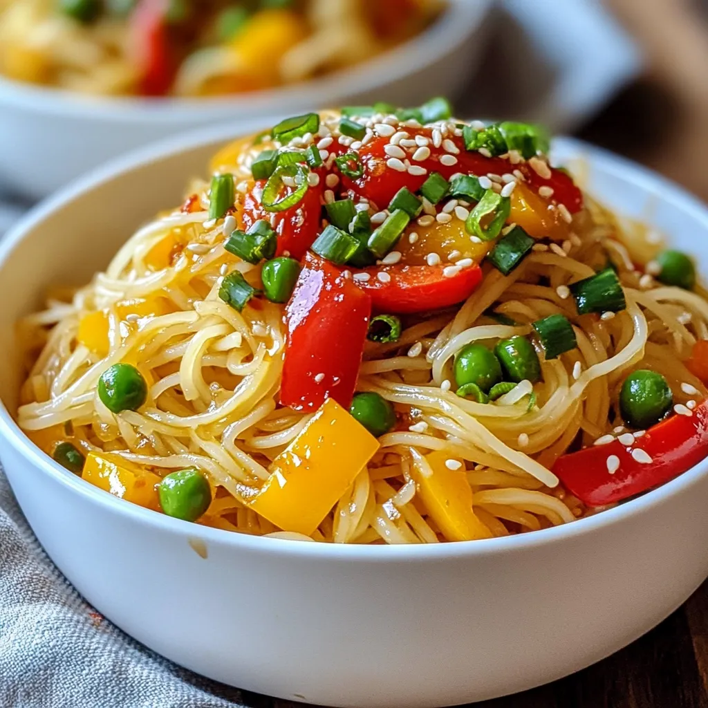 - 8 oz rice noodles - 2 tablespoons vegetable oil - 6 cloves garlic, minced - 1-2 red chilies, finely sliced - 1 tablespoon ginger, grated - 3 tablespoons soy sauce - 2 tablespoons chili paste - 1 tablespoon sesame oil - 1 tablespoon honey (or maple syrup) - 1 cup mixed bell peppers, thinly sliced - 1 cup snap peas or green beans - 2 green onions, chopped - Sesame seeds The first step to making Spicy Garlic Chili Noodles is gathering your ingredients. Having everything ready helps speed up the cooking process. I love using rice noodles. They soak up flavors well. You can choose between snap peas or green beans for crunch. Mixed bell peppers add color and sweetness. The garlic and ginger give a great aroma. Red chilies bring heat, so adjust them to your taste. Soy sauce adds depth, while chili paste kicks up the spice. Honey or maple syrup balances the heat with sweetness. Finish with sesame oil and seeds for a nutty touch. Make sure to measure your ingredients before you start. It makes cooking smoother and more fun! {{ingredient_image_1}} To start, you need to cook the rice noodles. Bring a large pot of water to a boil. Add the rice noodles and cook them until they are al dente. This usually takes about 5-7 minutes. After cooking, drain the noodles and rinse them under cold water. This stops the cooking and keeps them from getting mushy. Set the noodles aside for later. Next, let’s make the sauce. In a small bowl, combine soy sauce, chili paste, sesame oil, and honey. Mix well until smooth. You can adjust the amount of chili paste based on how spicy you want it. If you like it hot, add more chili paste. Now, it's time to sauté the aromatics. Heat vegetable oil in a large pan or wok over medium heat. Add minced garlic, sliced red chilies, and grated ginger. Sauté these for about 1-2 minutes. You want them fragrant but not burnt. Keep an eye on them so the garlic does not turn dark. After the aromatics are ready, add in the sliced bell peppers and snap peas or green beans. Stir-fry these veggies for about 3-4 minutes. You want them to be tender yet still crisp. This gives your dish a nice texture. Next, add the cooked rice noodles to the pan with the veggies. Pour the sauce mixture over the noodles and toss everything together. Keep the heat on medium and stir for 2-3 minutes. Make sure the noodles and veggies are well coated with the sauce. Finally, it’s time to serve. Remove the pan from heat and transfer the spicy garlic chili noodles to deep bowls. For a tasty finish, garnish with chopped green onions and a sprinkle of sesame seeds. If you want, you can also add extra chili slices or a drizzle of sesame oil for more flavor. Enjoy your meal! To change the heat, use fewer or more chilies. Start with one chili if you want mild noodles. You can always add more spice later. Mix in extra chili paste for a kick. Taste as you go. This way, you control the spice perfectly. Cook the rice noodles just right. Follow the package instructions closely. Drain and rinse them under cold water to stop cooking. This keeps them firm and prevents clumping. Toss them with a bit of oil if needed. This helps keep them separate and ready for sauce. Garnishes add a lot of flavor and color. Use chopped green onions for a fresh taste. Sprinkle sesame seeds for a nice crunch. You can also add more chili slices for extra heat. A drizzle of sesame oil on top gives a lovely finish. These small touches make your dish shine! Pro Tips Adjust Spice Level: Start with less chili paste and add more gradually to achieve your preferred heat level without overpowering the dish. Perfect Noodle Texture: Rinse the noodles under cold water after cooking to stop the cooking process and prevent them from becoming mushy. Fresh Ingredients: Use fresh garlic and ginger for maximum flavor. If you can, opt for fresh vegetables instead of frozen for a vibrant dish. Garnishing Tips: For added texture and flavor, consider topping the dish with crushed peanuts or a squeeze of lime juice before serving. {{image_2}} You can easily make this dish vegetarian or vegan. Start by using vegetable oil for cooking. For the sweet touch, swap honey with maple syrup. The rest of the ingredients are plant-based. This keeps the dish vibrant and tasty. Want to add protein? Chicken or tofu works great here. For chicken, slice it thin and cook it before adding the garlic and ginger. If you choose tofu, use firm tofu. Cut it into cubes, fry until golden, and add it with the veggies. This adds a nice texture and flavor. Feel free to mix up the veggies! Broccoli, carrots, or zucchini all taste great. Just make sure to chop them into small pieces. This helps them cook evenly. You can also use frozen vegetables if you're in a hurry. They save time and still taste fresh. You can store your spicy garlic chili noodles in an airtight container. Make sure to let them cool first. They will stay fresh in the fridge for about three days. To reheat, add a splash of water or broth to a pan. Heat over medium heat until warm. Stir often to keep the noodles from sticking. You can also use a microwave. Place the noodles in a bowl with a little water, cover, and heat for one to two minutes. If you want to freeze the noodles, do it without the sauce and veggies. Place cooled noodles in a freezer bag or container. They can last for up to three months. When you're ready to eat them, thaw overnight in the fridge and reheat as usual. If you don’t have rice noodles, you can use several options. Regular wheat noodles work well. You can also try egg noodles or even zoodles. Zoodles are spiralized zucchini and are great for a low-carb dish. Each choice gives a unique taste to your meal. To reduce the heat, cut back on the red chilies and chili paste. You can also add more honey or maple syrup. This will balance the spice with sweetness. Adding more vegetables can help, too. Bell peppers and snap peas add bulk without heat. Yes, you can prepare parts of this dish ahead. Cook the rice noodles and store them in the fridge. You can also make the sauce in advance. When you’re ready, just stir-fry the veggies and mix everything together. This keeps your meal quick and easy. Pair your noodles with simple sides. Steamed broccoli or a fresh cucumber salad work well. You can also serve spring rolls or dumplings for a fun touch. These sides balance the heat and add variety to your meal. This post showed you how to make Spicy Garlic Chili Noodles. We covered all the key ingredients, from rice noodles to sesame seeds. I shared detailed steps to cook each part, plus tips to adjust spice and enhance flavors. Don't forget the variations you can try. You can add protein or swap in different veggies for a new twist. Enjoy this dish fresh, store leftovers properly, and reheat with care. With this recipe, you can impress family and friends with every bowl. Happy cooking!