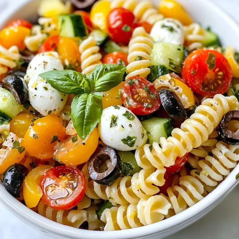 To make a delightful Italian Veggie Pasta Salad, gather the following ingredients: - Pasta Types: - 8 oz (about 2 cups) rotini or farfalle pasta - Fresh Vegetables: - 1 cup cherry tomatoes, halved - 1 medium cucumber, diced - 1 red bell pepper, diced - 1 cup black olives, sliced - 1/4 cup red onion, finely chopped - 1/4 cup fresh basil leaves, chopped - Dressing Components: - 1/4 cup olive oil - 2 tablespoons red wine vinegar (or apple cider vinegar) - 1 teaspoon dijon mustard - 1 teaspoon Italian seasoning - Salt and pepper to taste - Optional Add-Ins: - Additional veggies or proteins like mozzarella balls (bocconcini), chickpeas, or grilled chicken These ingredients create a bright, fresh dish. The pasta serves as a base, while the vegetables add crunch and color. The dressing ties everything together, providing a burst of flavor. You can also customize this salad. Add more veggies or proteins to suit your taste. Enjoy the process of mixing and matching! {{ingredient_image_1}} How to Cook Pasta Al Dente To cook pasta al dente, bring a large pot of salted water to a boil. Add 8 oz of rotini or farfalle pasta. Stir occasionally. Cook according to package directions, usually around 8-10 minutes. The pasta should be firm, not mushy. Rinsing Pasta to Stop Cooking Once the pasta is cooked, drain it in a colander. Rinse it under cold water. This stops the cooking process. It also helps cool the pasta quickly. Cool Down Techniques After rinsing, spread the pasta on a baking sheet. This allows it to cool evenly. You want to avoid clumping. Set it aside while you prep the veggies. Chopping Cherry Tomatoes and Cucumber Take 1 cup of cherry tomatoes and cut them in half. This gives a nice bite. Next, grab a medium cucumber and dice it into small pieces. This adds crunch. Dicing Red Bell Pepper and Red Onion Now, take 1 red bell pepper and remove the seeds. Dice it into small cubes. For the red onion, finely chop 1/4 cup. This adds a sweet bite to the salad. Slicing Olives and Mozzarella Balls Slice 1 cup of black olives. They bring salty flavor to the dish. For the mozzarella, cut 1 cup of mozzarella balls in half. They add creaminess to the salad. Whisking Ingredients Together In a small bowl, add 1/4 cup of olive oil, 2 tablespoons of red wine vinegar, and 1 teaspoon of dijon mustard. Whisk until combined. This forms a smooth dressing. Adjusting Flavor with Seasoning Add salt, pepper, and 1 teaspoon of Italian seasoning to the dressing. Taste and adjust as needed. You want a balanced flavor that enhances the salad. Best Practices for Homemade Dressings Always use fresh ingredients for the best taste. Make your dressing ahead of time to boost the flavor. Store it in the fridge until ready to use. Mixing Ingredients in a Large Bowl In a large bowl, combine the cooled pasta, cherry tomatoes, cucumber, red bell pepper, black olives, mozzarella, red onion, and chopped basil. Ensuring Even Distribution of Ingredients Gently toss the ingredients to mix well. You want every bite to have all the flavors. Importance of Chilling for Flavor Development Cover the salad and refrigerate for at least 30 minutes. This allows the flavors to meld. Serve chilled for the best taste. - How to Avoid Sticky Pasta To keep pasta from sticking, use plenty of water. Aim for 4-6 quarts for 8 oz of pasta. Stir the pasta often in the first few minutes. This helps separate the pieces. - Importance of Salting Pasta Water Always salt your water before adding pasta. Use about 1 tablespoon of salt for every 4 quarts of water. This adds flavor to the pasta. - Cooling Techniques for Pasta After draining, rinse the pasta under cold water. This stops the cooking and cools it down quickly. Spread it out on a baking sheet to cool even faster. - Best Practices for Chopping Efficiency Use a sharp knife for clean cuts. Chop all your veggies in one go. This saves time and keeps your kitchen tidy. - Choosing Fresh Vegetables Look for bright colors and firm textures. Fresh veggies taste better and add crunch. Check for any blemishes or soft spots before buying. - Storing Chopped Veggies Keep chopped veggies in airtight containers. Store them in the fridge for up to three days. This keeps them fresh and ready for your salad. - Ideas for Flavor Enhancements Add a squeeze of lemon juice for brightness. Try different herbs like parsley or oregano for extra flavor. - Seasonal Vegetable Suggestions In summer, add sweet corn or zucchini. In fall, consider roasted butternut squash or Brussels sprouts. This keeps your salad fresh and exciting. - Protein Options to Add for Heartiness For a filling meal, add grilled chicken or chickpeas. You can also use shrimp or diced tofu for a vegetarian twist. This makes the salad more satisfying. Pro Tips Tip for Perfect Pasta: Always cook pasta in a large pot of salted boiling water to enhance flavor and prevent sticking. Chill for Flavor: Allow the salad to chill for at least 30 minutes before serving to let the flavors meld together beautifully. Freshness Matters: Use fresh vegetables and herbs for the best taste; they will elevate the overall freshness of the salad. Customize Your Ingredients: Feel free to swap out veggies or add proteins like grilled chicken or chickpeas for a heartier salad. {{image_2}} To make a Mediterranean veggie pasta salad, add these ingredients: - 1 cup artichoke hearts, chopped - 1/2 cup feta cheese, crumbled - 1/2 cup sun-dried tomatoes, sliced - 1/4 cup fresh parsley, chopped For dressing, use lemon juice instead of vinegar. You can also add a splash of balsamic vinegar for a deeper flavor. This mix brings a bright and tangy taste. The feta cheese adds creaminess that complements the pasta. You can boost your pasta salad with protein. Try adding grilled chicken or shrimp. Cook the chicken until it's golden brown. For shrimp, cook until they turn pink and opaque. Both options add heartiness to the dish. For vegetarian options, chickpeas or tofu work great. If using chickpeas, drain and rinse them well. For tofu, press it to remove excess water and then cube it. Cook the tofu until it's golden for added flavor. If you need a gluten-free option, choose gluten-free pasta like brown rice or quinoa pasta. These options cook well and taste great in salads. Adjust your ingredients to avoid gluten. Look for gluten-free dressings and avoid any pre-made mixes that may contain gluten. To maintain flavor, add extra herbs like oregano or thyme. These adjustments keep your dish tasty while being gluten-free. - Best Containers for Storage: Use airtight containers to keep your pasta salad fresh. Glass or plastic containers work well. - Refrigeration Tips for Freshness: Always store your pasta salad in the fridge. It should stay cool. Make sure to cover it tightly to avoid odors. - Freezing Options for Long-Term Storage: You can freeze pasta salad, but it may change texture. Use freezer-safe containers and eat within three months. - How Long Does It Last in the Fridge?: Pasta salad lasts about three to five days in the fridge. Store it properly to keep it fresh. - Signs of Spoilage to Watch For: Check for bad smells, discoloration, or mold. If you see these, throw it away. - Best Practices for Reheating Pasta Salad: Reheat gently. Use low heat to avoid mushy pasta. Add a splash of olive oil if needed. - Microwave vs. Stovetop Methods: You can use the microwave for quick reheating. The stovetop is better for even heating. Just stir often. To boost nutrition, add more veggies like spinach or kale. These greens pack vitamins. You can also toss in some chickpeas for protein and fiber. They make the salad heartier without many calories. For a low-calorie dressing, try using Greek yogurt mixed with herbs. This option is creamy but light. You can also use lemon juice and herbs for a fresh taste without added fat. These changes keep the salad tasty and healthy. Yes, you can make this salad ahead of time. It tastes even better after chilling. Prepare it the night before. Just keep it in the fridge until serving. Store it in an airtight container to keep it fresh. You can also mix the dressing separately. Add it right before serving for the best flavor. This way, your pasta won’t get soggy. You can try many dressings for this salad. A balsamic vinaigrette adds a sweet tang. A lemon-based dressing gives a bright flavor. Homemade dressings are often healthier. They let you control the ingredients. Store-bought options can be easy, but check for added sugars. Making your own is simple and fun. To boost flavor, add more herbs like parsley or oregano. Fresh herbs make a big difference. You can also sprinkle some grated cheese on top for richness. Try adding some crushed red pepper for heat. If you like a smoky taste, mix in some smoked paprika. These little touches will make your pasta salad stand out! In this post, we explored how to make a tasty Italian Veggie Pasta Salad. We covered key ingredients like pasta, fresh veggies, and dressing components. You learned to cook pasta perfectly and prepare your vegetables with ease. Customizing your dish and storing leftovers were also discussed. With these tips, you can create a salad that’s fresh, fun, and healthy. Remember, your pasta salad should reflect your taste. Enjoy mixing it up with new flavors!