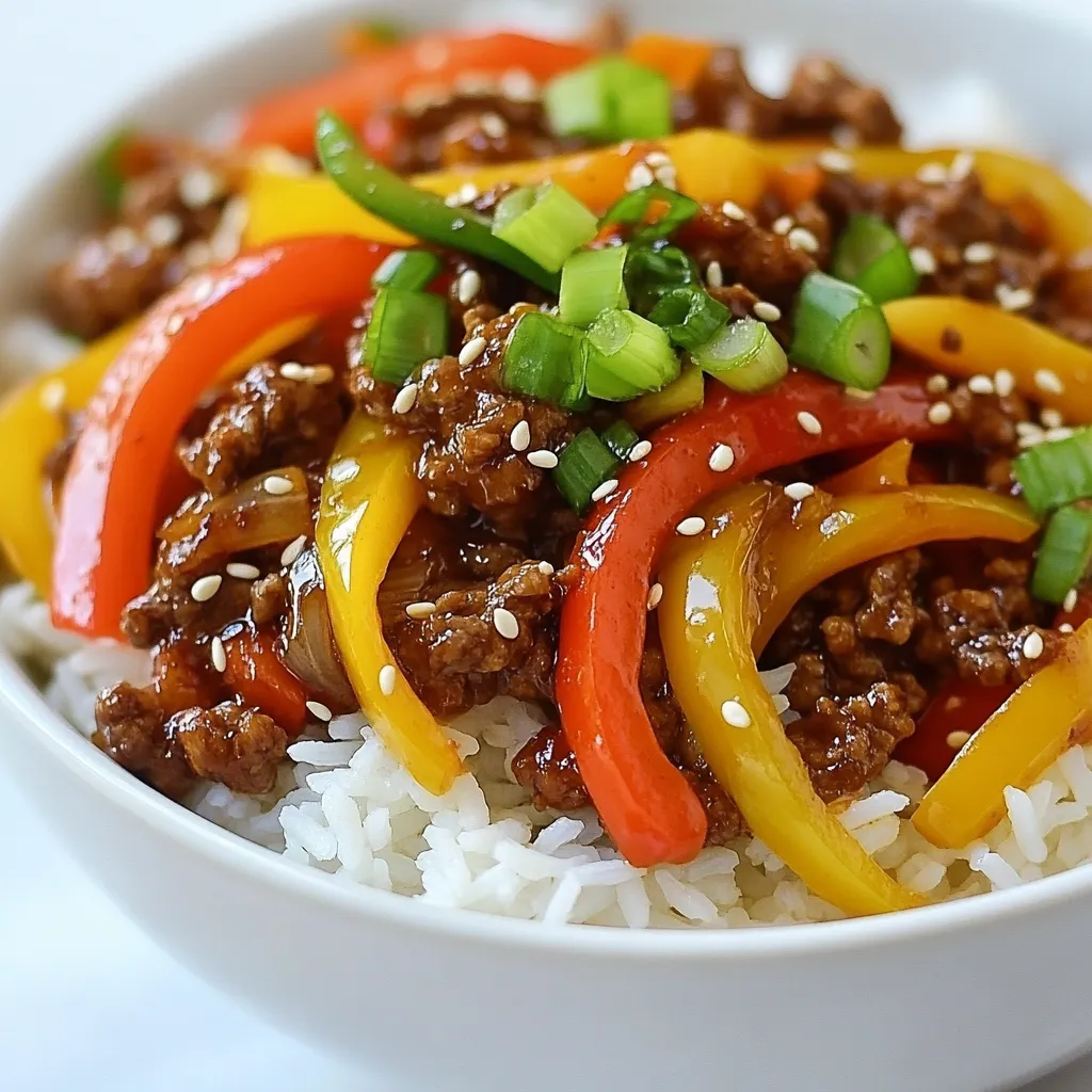 To make a Spicy Ground Beef Stir-Fry Bowl, gather these fresh items: - 1 pound ground beef - 2 tablespoons soy sauce - 1 tablespoon sriracha (adjust for spice preference) - 1 tablespoon sesame oil - 3 cloves garlic, minced - 1-inch piece of ginger, grated - 1 bell pepper (red or yellow), sliced - 1 medium carrot, julienned - 2 green onions, sliced (for garnish) - 1 cup cooked rice (jasmine or brown) - 1 tablespoon sesame seeds (for garnish) - Salt and black pepper to taste The soy sauce adds a savory touch. Sriracha brings heat and flavor. Garlic and ginger give a warm, aromatic base. Together, they create a rich, bold taste. You can adjust the sriracha based on your spice level. More sriracha means more heat! The balance of savory and spicy is key to this dish. You can swap ground beef for turkey or chicken. Both are leaner options. For a vegetarian twist, try firm tofu or tempeh. Use tamari instead of soy sauce for a gluten-free option. If you lack sriracha, a mix of chili paste and hot sauce works too. Feel free to change veggies as well. Snow peas, broccoli, or snap peas add great crunch! {{ingredient_image_1}} To start, gather all your ingredients. This makes cooking smooth and fun. Here’s what you need: - 1 pound ground beef - 2 tablespoons soy sauce - 1 tablespoon sriracha - 1 tablespoon sesame oil - 3 cloves garlic, minced - 1-inch piece of ginger, grated - 1 bell pepper, sliced - 1 medium carrot, julienned - 2 green onions, sliced - 1 cup cooked rice - 1 tablespoon sesame seeds - Salt and black pepper to taste Next, wash and chop the bell pepper and carrot. Slice the green onions and set them aside for later. This keeps everything neat. Heat a large skillet or wok over medium-high heat. Pour in the sesame oil and warm it up. Add the minced garlic and grated ginger. Stir them for about 30 seconds until they smell great. This step wakes up the flavors. Now, add the ground beef. Use a spatula to break it apart. Cook for 5 to 7 minutes until it turns brown. If there is extra grease, drain it. Then, stir in the soy sauce and sriracha. Mix well so the beef is coated evenly. Add the sliced bell pepper and julienned carrot. Stir-fry them for 3 to 4 minutes. You want the veggies to be tender but still crisp. Finally, season with salt and pepper to your taste. Time to serve! Take a scoop of cooked rice and place it in a bowl. Top it with the spicy ground beef stir-fry. For the finishing touch, sprinkle on the sliced green onions and sesame seeds. This adds color and crunch. Enjoy your meal! To get the spice just right, start with one tablespoon of sriracha. This gives a mild heat. If you want more heat, add an extra teaspoon. Taste as you go. Adjusting the spice is key to your liking. Remember, you can always add more, but you can't take it out. Use a large skillet or wok for even cooking. Heat the sesame oil first, then add garlic and ginger. This gives a nice flavor base. When adding the ground beef, break it apart with your spatula. Cook until it's browned, about 5-7 minutes. Drain any excess grease for a leaner meal. Stir in the soy sauce and sriracha for flavor while the beef is still hot. Garnish makes your dish pop! For a fresh touch, slice green onions thinly and sprinkle them on top. Add a dash of sesame seeds for crunch. You can also add lime wedges on the side for a tangy kick. These small details make your bowl look and taste great. Pro Tips Use Lean Ground Beef: Opt for 90% lean ground beef to reduce excess fat while retaining flavor. Customize Your Spice Level: Adjust the amount of sriracha based on your spice tolerance; start with less and add more as desired. Add More Vegetables: Feel free to incorporate other vegetables like broccoli, snap peas, or zucchini for added nutrition and color. Serve with Fresh Herbs: Fresh cilantro or basil can enhance the dish’s flavor profile and add a refreshing touch. {{image_2}} You can swap ground beef for plant-based options. Try using textured vegetable protein or lentils. Both give a great texture and flavor. For a vegan twist, use tofu or tempeh. Just crumble or cube them and sauté until golden. Be sure to adjust the seasoning to keep it tasty! Feel free to add more veggies to your stir-fry. Broccoli, snap peas, and zucchini work well. They add color and crunch. You can also try mushrooms for a meaty flavor. Just chop them up and toss them in with the beef or your meat substitute. If you want a change from beef, try chicken or turkey. Ground chicken or turkey can be a lighter option. You can also use shrimp for a seafood twist. Just cook shrimp until they turn pink. Each protein brings its own unique flavor, so experiment to find your favorite! To store your spicy ground beef stir-fry, let it cool first. Place it in an airtight container. This helps keep it fresh. You can store it in the fridge for up to three days. Make sure to label it with the date. This way, you know when to eat it. When you're ready to eat your leftovers, reheat them on the stove. Use a pan over medium heat. Stir the beef and veggies often. This helps them heat evenly. You can also use a microwave. Place the stir-fry in a microwave-safe bowl. Heat for one to two minutes. Stir halfway through to ensure even heating. If you want to save some for later, freezing is a great option. Place the cooled stir-fry in a freezer-safe bag or container. Make sure to push out as much air as possible. This helps prevent freezer burn. You can freeze it for up to three months. When you are ready to eat, thaw it in the fridge overnight before reheating. Yes, you can use other meats. Ground turkey or chicken works well. You can also try pork or beef strips. Each meat has its own flavor, but it will still be tasty. To reduce the spice, cut back on sriracha. Start with half a tablespoon. You can also add more vegetables like bell peppers or carrots. This will balance the heat. A touch of honey can add sweetness without spice. You can pair the stir-fry with cooked rice, quinoa, or noodles. Fresh veggies like cucumber or snap peas make a great side. A light salad with a tangy dressing adds a nice touch too. This blog post covered key ingredients and step-by-step instructions for creating a tasty dish. We explored important spices and seasoning tips, plus helpful substitutions. You learned about cooking techniques to get the best ground beef and how to present your meal beautifully. Variations like vegetarian options and extra veggies were discussed too. Lastly, we looked at storage tips and common questions. With these insights, you can now cook with confidence and impress your family and friends. Enjoy your cooking adventure!