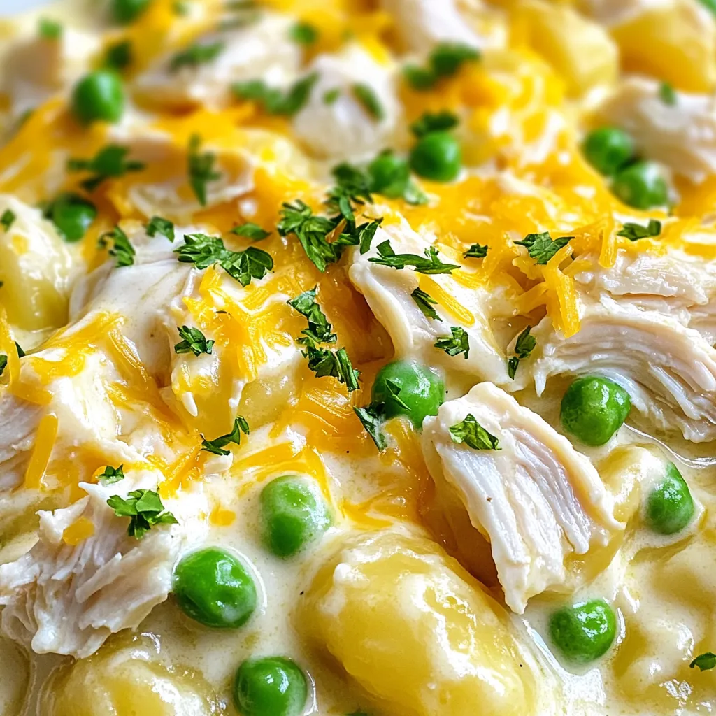 - 1 lb (450g) gnocchi - 1 lb (450g) cooked shredded chicken - 1 cup (240ml) chicken broth - 1 cup (240g) cream cheese, softened - 1 cup (240ml) heavy cream - 1 cup (100g) shredded cheddar cheese - 1 cup (150g) frozen peas - 2 cloves garlic, minced - 1 teaspoon onion powder - 1 teaspoon garlic powder - 1 teaspoon paprika - 1 teaspoon Italian seasoning - Salt and pepper to taste - 2 tablespoons chopped fresh parsley for garnish This dish is all about comfort, and the ingredients make it shine. First, we have gnocchi, which are soft potato dumplings. They soak up all the sauce and add a fluffy texture. Next, the cooked shredded chicken is key. It adds protein and a savory flavor. You can use leftover chicken or rotisserie chicken for ease. Then, we need chicken broth. It brings richness and depth. Cream cheese and heavy cream create a creamy sauce that hugs each piece of gnocchi. The cheese adds tang, while the cream makes it smooth. Shredded cheddar cheese adds a nice sharpness to the dish. Frozen peas bring a pop of color and sweetness. Garlic gives a wonderful aroma. The onion powder and garlic powder boost the flavor without much fuss. Paprika adds a hint of smokiness. Italian seasoning brings herbs into play for added depth. Finally, adjust with salt and pepper to balance all the flavors. The fresh parsley not only makes the dish look pretty; it also adds a fresh taste. Gather these ingredients, and you are ready to make a meal that warms the heart! {{ingredient_image_1}} Start by boiling water in a large pot. Add salt to the water. Once it’s boiling, add 1 lb of gnocchi. Cook according to the package directions. When the gnocchi float to the top, they are done. This usually takes about 2-3 minutes. Drain them carefully and set them aside. In a big skillet, heat over medium. Add 1 lb of cooked, shredded chicken. Pour in 1 cup of chicken broth. Then, add 1 cup of softened cream cheese. Stir it well until it melts into the broth. This will form a creamy base for your sauce. Next, pour in 1 cup of heavy cream. Mix until the sauce is smooth. Add 2 cloves of minced garlic, 1 teaspoon of onion powder, 1 teaspoon of garlic powder, 1 teaspoon of paprika, and 1 teaspoon of Italian seasoning. Let it simmer for about 5 minutes. This helps the flavors blend and the sauce thicken slightly. After that, stir in 1 cup of shredded cheddar cheese. Keep stirring until it melts. Then, add 1 cup of frozen peas. Cook for another 2-3 minutes until the peas are warmed through. Now it’s time to bring it all together. Gently fold the cooked gnocchi into the sauce. Make sure every piece is coated well. Taste and season with salt and pepper as needed. Remove the skillet from heat. Garnish your dish with 2 tablespoons of chopped fresh parsley. This adds a nice color and fresh flavor. Serve this creamy comfort food warm. Enjoy every bite! To cook gnocchi right, start with a big pot. Fill it with salted water and bring it to a boil. Add the gnocchi and watch closely. When they float, they are done. This usually takes about two to three minutes. Drain them well and set aside. Do not rinse, as this washes away the flavor. To store leftover Crack Chicken Gnocchi, let it cool first. Use an airtight container to keep it fresh. You can keep it in the fridge for up to three days. If you want to store it longer, freeze it. Just make sure to use a freezer-safe container. It will last for up to three months in the freezer. If you need to adjust the recipe, here are some smart swaps: - Use plant-based cream cheese for a dairy-free option. - Swap heavy cream for coconut cream for a lighter choice. - For gluten-free gnocchi, look for brands made with rice or corn flour. - Use vegetable broth instead of chicken broth for a vegetarian version. These swaps will help you enjoy a tasty meal that fits your needs. Pro Tips Cook Gnocchi Al Dente: To achieve the perfect texture, make sure to cook the gnocchi just until they float in the boiling water. This ensures they remain tender yet firm, providing the ideal bite in your dish. Use Rotisserie Chicken: For a quick and easy preparation, consider using store-bought rotisserie chicken. This saves time and adds extra flavor to your dish without the need for cooking raw chicken. Experiment with Cheese: While cheddar is delicious, feel free to mix in other cheeses like mozzarella or gouda for a unique flavor profile. This can elevate the creaminess and overall taste of the sauce. Add Fresh Herbs: Along with parsley, try incorporating fresh basil or thyme for added freshness and depth of flavor. A sprinkle just before serving can enhance the aroma and visual appeal of the dish. {{image_2}} You can boost the nutrition by adding more veggies. Try spinach or kale for a pop of color and taste. You can also add bell peppers or carrots for extra crunch. Simply chop them up and add them when you mix in the peas. This makes your meal brighter and more fun to eat. If you like heat, add some spice! Red pepper flakes or diced jalapeños can bring a kick. Start with a little, taste, and then add more if you want. You can also swap some of the paprika for cayenne pepper for a smoky flavor with heat. This way, you can make the dish fit your taste buds. You can create a lighter version of this dish too. Instead of heavy cream, use half-and-half or a plant-based milk. You can also cut back on the cream cheese. This keeps the dish creamy but lowers the calories. A lighter version is still rich and tasty, making it perfect for any meal. You can store leftover Crack Chicken Gnocchi in your fridge. Place it in an airtight container. It will stay fresh for up to three days. When you are ready to eat, check for any changes in smell or color. If it seems okay, you can reheat it. To freeze this dish, first let it cool completely. Then, transfer it to a freezer-safe container or bag. Make sure to remove as much air as possible. You can freeze it for up to three months. When you want to eat it again, thaw it in the fridge overnight before reheating. To reheat, you can use the stovetop or microwave. If using the stovetop, add a splash of chicken broth. Heat it over low heat, stirring gently. If you prefer the microwave, place it in a microwave-safe bowl. Heat in short bursts, stirring in between. This helps it heat evenly. Always check that it's hot throughout before serving. Yes, you can use store-bought gnocchi. It saves time and is very easy. Look for fresh or frozen gnocchi at your store. They cook quickly and taste great in this dish. Just follow the package instructions for cooking. I recommend using cooked and shredded chicken breast. It’s lean and has a mild taste. You can use leftover rotisserie chicken too. This option adds flavor and makes prep faster. Just shred it and mix it into the sauce. To make Crack Chicken Gnocchi gluten-free, choose gluten-free gnocchi. Many brands offer this option now. Be sure to check the label. The other ingredients are naturally gluten-free, so you are mostly set! Yes, you can make it in advance! Prepare the dish and store it in the fridge. When you are ready to eat, just reheat it. Add a splash of cream if it seems too thick. This makes it creamy and fresh again. This dish pairs well with a light salad. A simple green salad adds freshness. You can also serve garlic bread for a tasty side. The bread soaks up the creamy sauce perfectly! In this article, we explored a tasty Crack Chicken Gnocchi recipe. You learned about key ingredients, from gnocchi to fresh parsley. The step-by-step instructions made cooking simple, and our tips will help you improve your dish. Don’t be afraid to experiment with variations to fit your taste. Remember, cooking should be fun! Now, grab those ingredients and enjoy making this hearty meal. You’ll impress your family and friends with your skills. Happy cooking!