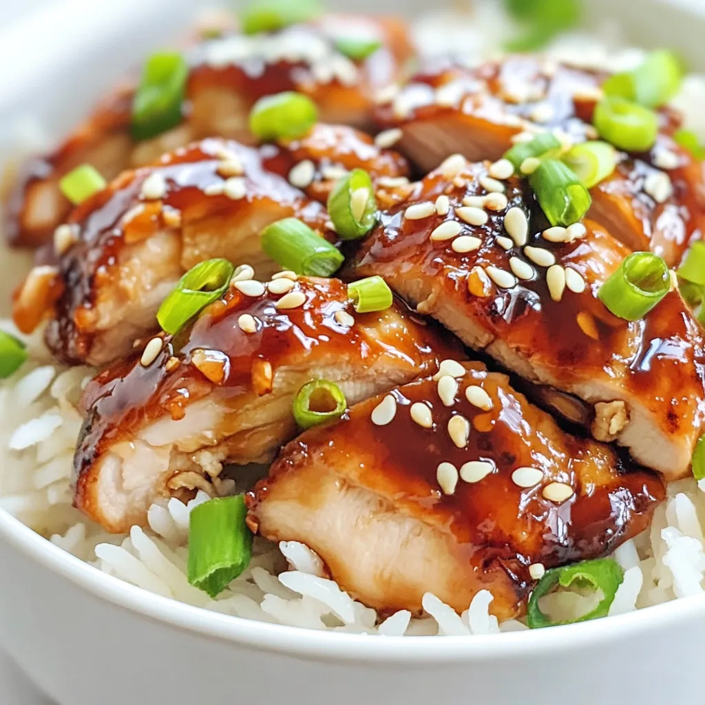 - 2 cups jasmine rice - 4 cups chicken broth - 1.5 lbs boneless, skinless chicken thighs - 1/4 cup soy sauce - 1/4 cup honey - 2 tablespoons sesame oil - 3 cloves garlic, minced - 1 inch piece of fresh ginger, grated - 1 tablespoon rice vinegar - 1/4 teaspoon crushed red pepper flakes (optional) - 1/4 cup green onions, chopped (for garnish) - 1 tablespoon sesame seeds (for garnish) The heart of a great Sticky Chicken Rice Bowl lies in its ingredients. Jasmine rice adds a lovely aroma. Chicken thighs bring juicy flavor. For the marinade, soy sauce and honey create a rich taste. Sesame oil gives a nutty hint, while garlic and ginger add depth. Rice vinegar brightens the mix, and crushed red pepper flakes add a kick, if you like spice. - You can swap jasmine rice for basmati or brown rice. - If you prefer, use chicken breasts instead of thighs. - For a gluten-free option, try tamari or coconut aminos instead of soy sauce. These swaps keep the meal delicious. Basmati rice offers a different texture. Chicken breasts are leaner but still tasty. Tamari or coconut aminos work well for those avoiding gluten. - Measuring cups and spoons - Non-stick skillet or grill pan - Mixing bowls and utensils Having the right tools makes cooking easier. Measuring cups and spoons help get your amounts right. A non-stick skillet or grill pan cooks the chicken evenly. Mixing bowls are great for whisking the marinade. These tools set you up for success in the kitchen. {{ingredient_image_1}} Start by rinsing the jasmine rice. Place it in a bowl and cover it with cold water. Swirl the rice around. Drain the water when it looks clear. This step removes extra starch. Next, boil the chicken broth in a saucepan. Add the rinsed rice to the boiling broth. Cover the pot and reduce the heat to low. You will simmer it for 15-20 minutes until the liquid is gone. After that, remove it from the heat. Let it sit covered for 5 minutes. Finally, fluff the rice with a fork before serving. In a bowl, mix the marinade ingredients. Combine the soy sauce, honey, sesame oil, minced garlic, grated ginger, rice vinegar, and optional red pepper flakes. Whisk the mixture well. Now, take the chicken thighs. Place them in a large bowl or a resealable bag. Pour the marinade over the chicken. Make sure each piece is well coated. Let it marinate for at least 30 minutes. For deeper flavor, marinate it for up to 2 hours. Heat a non-stick skillet or grill pan over medium-high heat. Remove the chicken from the marinade, but keep the marinade for later. Cook the chicken for about 6-7 minutes on each side. The inside should reach 165°F (75°C). Once done, remove the chicken from the pan. Let it rest for a few minutes before slicing it. Resting helps keep the juices in the chicken. To get the right thickness for the sticky sauce, keep it simple. You can simmer it longer to make it thicker. If it's too thick, add a little water or chicken broth. Taste it as you go to get the flavor just right. Safety is key when handling raw chicken. Always wash your hands after touching it, and use separate cutting boards for meat and veggies to avoid cross-contamination. Want to spice things up? You can add more garlic, ginger, or even a squeeze of lime to the marinade. This twist brightens the taste. If you love heat, add more crushed red pepper flakes. Pair the bowls with a fresh salad or steamed veggies for a complete meal. These sides balance the richness of the chicken and rice. Cooking times vary based on chicken size. Thicker chicken thighs may need a few extra minutes. Always use a meat thermometer to check if the chicken is safe to eat. It should reach 165°F (75°C) inside. After cooking, let the chicken rest for a few minutes. This keeps it juicy and makes slicing easier. Pro Tips Marinate Longer for Flavor: For the best flavor, marinate the chicken thighs for up to 2 hours. This allows the marinade to penetrate the meat, resulting in a more flavorful dish. Use Fresh Ingredients: Fresh garlic and ginger enhance the overall taste of the dish. Whenever possible, opt for fresh over pre-minced or powdered options. Thicken the Sauce: If you prefer a thicker sauce, let it reduce a bit longer in the skillet until it reaches your desired consistency before drizzling over the chicken. Serving Suggestions: Pair the sticky chicken rice bowls with steamed vegetables or a side salad for a complete meal that adds color and nutrients. {{image_2}} You can add many vegetables to your Sticky Chicken Rice Bowls. Bell peppers, carrots, and snap peas work well. Slice bell peppers into thin strips for crunch. Grate carrots for sweetness and color. Slice snap peas diagonally for a fresh bite. You can stir-fry these veggies in the pan after cooking the chicken. This adds flavor and makes your meal more colorful. Try using seasonal vegetables for variety and flavor. If you want a different protein, try using tofu, shrimp, or pork. For tofu, choose firm blocks and press out the water. Cut it into cubes and marinate like the chicken. For shrimp, use large shrimp and sauté them for about 3-4 minutes until pink. Pork can also shine here; thinly slice pork tenderloin and cook it the same way as chicken. Each option brings a unique taste to your rice bowls. Explore global flavors by changing sauces or spices. For a Thai twist, add coconut milk and lime juice to the marinade. You can also use teriyaki sauce for a sweet and savory flavor. For a spicy kick, try adding sriracha or gochujang. Each sauce adds its own character to the dish. Experimenting with spices like cumin or coriander can also bring a new dimension. Don't be afraid to mix and match! Store any leftover Sticky Chicken Rice Bowls in an airtight container. The rice and chicken should cool down first. Place them in the fridge within two hours of cooking. This keeps them fresh and safe to eat. Leftovers can last up to four days in the fridge. For longer storage, you can freeze the chicken and rice. Use freezer-safe bags or containers. They can stay good for up to three months in the freezer. Remember to label them with the date. To reheat, I suggest using the microwave or stovetop. If using the microwave, place the rice and chicken in a bowl. Add a splash of water to keep it moist. Cover the bowl with a lid or microwave-safe wrap. Heat in short bursts, stirring in between. This keeps the chicken tender. If using the stovetop, warm them in a skillet over low heat. Stir often and add a bit of broth or water if needed. Here’s how long the main ingredients last: - Jasmine rice: lasts indefinitely if kept dry in a cool place. - Chicken thighs: fresh chicken lasts 1-2 days in the fridge. Cooked chicken can last 3-4 days. - Soy sauce: lasts for years when stored in a cool, dark place. - Honey: lasts indefinitely due to its natural preservative qualities. - Sesame oil: best used within 6 months after opening for freshness. - Garlic and ginger: last about 1-2 weeks when stored in the fridge. Knowing how to store and reheat your meal helps you enjoy it later. You can prep Sticky Chicken Rice Bowls in advance. Start by cooking the rice and chicken. Store them separately in airtight containers. Keep the rice in the fridge for up to four days. The chicken lasts up to three days. When ready to eat, simply reheat the rice and chicken. You can add the sticky sauce just before serving. This method saves time and keeps your meal fresh. Yes, you can use brown rice. However, brown rice takes longer to cook. Use a 1:2.5 rice-to-water ratio. This means you will need 5 cups of chicken broth for 2 cups of brown rice. Cook it for about 45 minutes instead of 20. Brown rice adds more fiber and a chewy texture. It also makes the dish more filling. Sticky Chicken Rice Bowls pair well with many sides. Here are some ideas: - Steamed broccoli - Quick pickled cucumbers - Asian slaw - Edamame - Roasted vegetables These options add color, crunch, and more nutrition. They also enhance the meal's flavor. Enjoy getting creative with your sides! You now have all the key steps to make delicious Sticky Chicken Rice Bowls. We covered the main ingredients, simple cooking techniques, and tips for flavor. I highlighted how to customize your dish and store leftovers properly. Enjoy experimenting with different flavors and textures for a fun meal. Follow these steps, and you'll impress everyone at your table. Happy cooking!