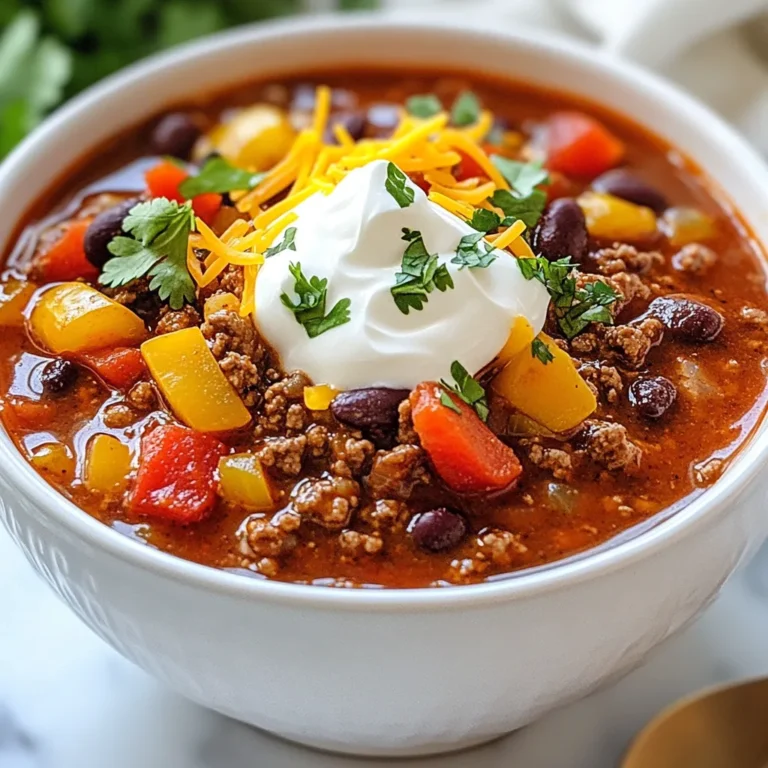 - 1 lb ground beef (85% lean) - 1 medium onion, diced - 2 cloves garlic, minced - 1 bell pepper (red or green), diced - 1 can (15 oz) kidney beans, drained and rinsed - 1 can (15 oz) black beans, drained and rinsed - 1 can (14 oz) diced tomatoes with green chilies - 2 tablespoons tomato paste - 1 cup beef broth - 2 tablespoons chili powder - 1 tablespoon ground cumin - 1 teaspoon paprika - 1 teaspoon oregano - 1/2 teaspoon cayenne pepper (adjust to taste) - Salt and pepper to taste - Shredded cheese - Sour cream - Sliced jalapeños - Chopped cilantro The right mix of ingredients makes this chili great. Ground beef gives it a nice, meaty texture. I like using 85% lean beef for the best flavor and less grease. Fresh vegetables like onion, garlic, and bell pepper add a sweet taste and crunch. The canned beans and tomatoes bring in depth and body. Spices are the secret to a bold flavor. Chili powder gives heat, while cumin adds a warm, earthy taste. Paprika and oregano add layers of flavor, and cayenne pepper can spice things up. Adjust it to fit your taste. Don’t forget the toppings! Shredded cheese melts and adds creaminess. Sour cream cools the heat. Jalapeños give an extra kick, and cilantro adds freshness. These little details make your chili shine. {{ingredient_image_1}} First, heat one tablespoon of olive oil in a large pot over medium heat. Add one medium onion, diced, and one diced bell pepper. Sauté for 5-7 minutes until they soften. Next, add two minced garlic cloves and cook for one more minute. This step builds the base flavor of your chili. Now, add one pound of ground beef to the pot. Cook it, breaking it apart with a spoon, until it turns brown. This should take about 7-10 minutes. If there’s too much fat, drain what you don’t need. Browning the beef adds richness to the chili. Mix in two tablespoons of tomato paste, along with the spices. Add two tablespoons of chili powder, one tablespoon of cumin, and one teaspoon of paprika. Stir in one teaspoon of oregano and half a teaspoon of cayenne pepper. Season with salt and pepper to taste, then cook for 2-3 minutes. This lets the spices bloom and enhances the flavor. Now, add one can of diced tomatoes, kidney beans, black beans, and one cup of beef broth. Stir well to combine all the ingredients. Bring the mixture to a boil over high heat. Once boiling, reduce the heat to low and cover the pot. Let it simmer for at least 30 minutes. For richer flavor, let it simmer for up to an hour. Stir occasionally to prevent sticking. Taste and adjust the seasoning if needed. Add more salt, pepper, or cayenne for extra heat. This step is crucial for developing deep flavors in your chili. For great flavor and texture, use ground beef with 15% fat. This mix gives a juicy taste. If you want, you can also use ground turkey or chicken. These lean options work well, too. To boost the taste, add a dash of smoked paprika or a sprinkle of cayenne. These spices can wake up your chili. Simmering for at least 30 minutes is key. The longer it simmers, the richer the flavor. Serve your chili with cornbread or tortilla chips for crunch. You can also add toppings like cheese, sour cream, or sliced jalapeños. Fresh cilantro adds a nice touch, too. It's all about what you love! Pro Tips Use Fresh Ingredients: Fresh vegetables and spices can significantly enhance the flavor of your chili, making it more vibrant and aromatic. Adjust the Heat: If you prefer a spicier chili, consider adding fresh diced jalapeños or a splash of hot sauce to the mix for an extra kick. Let It Rest: For even better flavor, allow your chili to rest for a few hours or overnight in the fridge. Reheat before serving to let the flavors meld together. Experiment with Toppings: Don't be afraid to get creative with toppings! Avocado, lime wedges, or even crushed tortilla chips can add unique textures and flavors. {{image_2}} You can switch up the meat in your chili. Ground turkey or chicken works well. These options are leaner but still tasty. If you want a vegetarian version, try using lentils or chickpeas. These will add protein and fiber without meat. Want your chili mild or hot? You can easily change the spice level. For mild chili, use less cayenne pepper. Start with just a pinch and taste as you go. If you like heat, add more cayenne or even some diced jalapeños. Adjust until it’s just right for you. To make a meat-free chili, replace the ground beef with a mix of beans. Use kidney beans, black beans, and some lentils for texture. You can also add more veggies, like zucchini or corn. This will give your chili great flavor and substance without the meat. To store your chili, let it cool down first. This helps keep it fresh. Use a clean, airtight container. Pour the chili into the container, leaving some space at the top. This allows for expansion when the chili freezes. Seal the container tightly. Place it in the fridge. Your chili stays good for up to four days. Always reheat only what you plan to eat. Freezing your chili is simple and keeps it tasty. Start by letting it cool completely. Use freezer-safe containers or zip-top bags. If using bags, squeeze out the air before sealing. Label the bags with the date. You can freeze chili for up to three months. When you're ready to eat, thaw it overnight in the fridge. Reheat it in a pot over low heat. Stir occasionally until hot. You can also use the microwave for quick reheating. For the best flavor, eat your refrigerated chili within four days. If frozen, try to use it within three months. After this time, the taste may fade. Always check for off smells or changes in color before eating. Enjoy your chili while it's fresh for the best experience! To thicken your chili, try these simple tips: - Add more beans: Use extra kidney or black beans. - Mash some beans: Take a few beans and mash them with a fork. - Use cornmeal: Stir in a tablespoon of cornmeal. - Simmer longer: Let it cook uncovered to reduce liquid. These methods help you reach your desired thickness. Always taste and adjust as you go. Yes, you can make chili in advance. Here are some benefits: - Better flavor: Chili tastes even better the next day. - Easy meal prep: Prepare it ahead for busy days. - Convenient storage: You can refrigerate or freeze it. Making chili in advance saves time and keeps your week stress-free. Chili pairs well with many sides. Here are some great options: - Cornbread: Soft and sweet, it’s a classic choice. - Rice: Serve it over steamed white or brown rice. - Tortilla chips: Crunchy chips add texture and fun. - Salad: A fresh side salad balances the meal. These sides enhance your chili experience and make it more enjoyable. This blog post covered how to make a great chili. We started with key ingredients like ground beef and vegetables. Then, we shared simple steps for cooking and flavoring. Tips helped enhance your dish, while variations offered options for different tastes. Finally, we addressed storage and answered common questions. Chili is flexible and fun. You can always adjust it to fit your tastes. Now, it’s time to cook and enjoy your delicious creation!