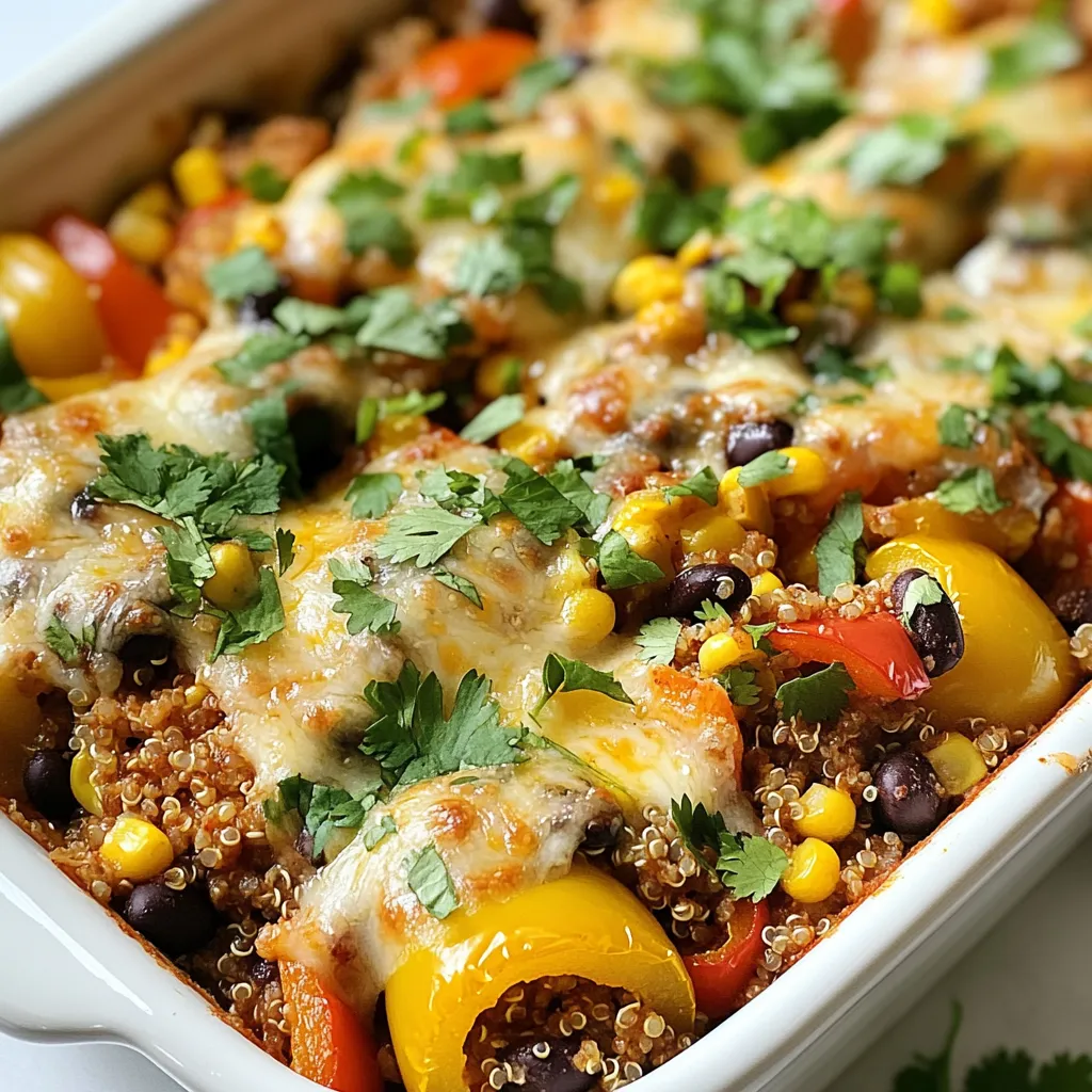 - 4 bell peppers (any color), diced - 1 lb ground turkey or beef - 1 cup cooked quinoa or rice - 1 can (15 oz) diced tomatoes, with juices - 1 cup black beans, drained and rinsed - 1 cup corn kernels (fresh or frozen) - 1 onion, finely chopped - 2 cloves garlic, minced - 1 tablespoon chili powder - 1 teaspoon cumin - Salt and pepper to taste - 1 cup shredded cheese (cheddar or Mexican blend) - Fresh cilantro for garnish (optional) Using fresh ingredients makes this dish pop with flavor. I love using colorful bell peppers. They add great taste and look beautiful. You can choose any color you like—red, green, yellow, or orange. Ground turkey or beef gives the casserole its heartiness. Choose what you prefer or have on hand. Cooked quinoa or rice works as a nice base. Either option makes it filling. I often use cooked quinoa for a healthy twist. Diced tomatoes bring moisture and a tangy flavor. Don't forget to include the juices for the best texture. Black beans and corn add fiber and sweetness. They also help make the dish colorful and fun. Onions and garlic bring a savory depth to the mix. I like to sauté them first to enhance their flavors. Chili powder and cumin add warmth to the dish. Adjust these spices to fit your taste. Salt and pepper are key for balancing flavors. Lastly, shredded cheese on top makes everything gooey and delicious. I recommend cheddar or a Mexican blend for a nice kick. For a fresh touch, sprinkle cilantro on top before serving. It adds a bright finish that I always enjoy. With these ingredients, you’ll create a stuffed pepper casserole that is both easy and hearty. {{ingredient_image_1}} 1. Start by washing the bell peppers. Cut off the tops and remove the seeds. Dice them into small pieces. 2. Next, chop the onion into tiny pieces. Mince the garlic cloves. 3. If you haven't cooked your quinoa or rice yet, do so now. Follow the package directions for perfect results. 1. Heat a large skillet over medium heat. Add the chopped onion and minced garlic. Cook for about 3-4 minutes or until the onion turns soft and clear. 2. Now, add your ground turkey or beef to the skillet. Cook it for 5-7 minutes. Break it up with a spatula as it cooks. You want it nicely browned. 3. Stir in the diced bell peppers, cooked quinoa or rice, diced tomatoes (including their juices), black beans, corn, chili powder, cumin, salt, and pepper. Mix everything well. Let it cook for another 5 minutes. This step helps the flavors blend together. 1. Take the skillet mixture and transfer it to a greased 9x13-inch casserole dish. Spread it evenly. 2. Sprinkle the shredded cheese generously over the top. This will add a tasty, melty layer. 3. Cover the dish with aluminum foil and place it in the preheated oven. Bake for 25 minutes. 4. After 25 minutes, remove the foil. Bake for another 10-15 minutes. You want the cheese to melt and bubble. 5. Once it's done, let the casserole sit for a few minutes. This helps it set before you serve. To make your stuffed pepper casserole shine, focus on balancing spices. I recommend using chili powder and cumin. These spices add depth to your dish. Start with one tablespoon of chili powder and one teaspoon of cumin. Adjust to taste as you mix the filling. If you like more texture, try adding more vegetables. You can include zucchini, carrots, or even spinach. These veggies boost flavor and nutrition. Chop them small so they blend well. A watery casserole can ruin your meal. To avoid this, drain the canned tomatoes well. The liquid can make your dish soggy. Also, do not skip the step of letting the casserole sit before serving. This helps it set up nicely. For cheese that melts evenly, sprinkle it on top of the hot mixture. This way, the heat from the filling melts the cheese perfectly. You can use cheddar or a Mexican blend. Both add great flavors. You can make this casserole ahead of time. Prepare it up to the baking step. Cover it well and store it in the fridge. When you are ready, just bake it as directed. If you have leftovers, freezing is a smart choice. Cool the casserole completely, then cut it into portions. Wrap them in plastic wrap and put them in a freezer bag. This way, you can enjoy it later. Pro Tips Use Fresh Ingredients: For the best flavor, use fresh bell peppers and high-quality ground meat. Fresh ingredients enhance the overall taste of the dish. Customize Your Spices: Feel free to adjust the chili powder and cumin to suit your taste. Add more spices for a spicier kick or reduce them for a milder flavor. Layer Your Cheese: For an extra cheesy casserole, consider layering some cheese within the mixture and on top. This will add richness and gooeyness to every bite. Let It Rest: Allowing the casserole to sit for a few minutes after baking helps it set and makes serving easier. This also allows flavors to deepen. {{image_2}} You can switch up the protein in this dish easily. If you want a vegetarian option, consider using lentils or black beans instead of meat. These options add great texture and flavor while keeping it hearty. For meat lovers, you might try ground chicken or pork. Both will work well in this casserole. Each protein brings a unique taste, so feel free to experiment. Want to spice up your casserole? Add some diced jalapeños or a dash of hot sauce to the mix. This will give it a nice kick. You can also change the cheese. If you like it creamy, use mozzarella or pepper jack cheese. For a sharper flavor, go with aged cheddar or feta. Mixing different cheeses can create a rich flavor profile that everyone will love. You can choose different base ingredients for this casserole. Quinoa is a great option as it adds protein and a nutty taste. If you prefer rice, brown rice works well too. It brings a chewy texture that complements the dish. Other grains like farro or barley can also be used. These grains add fiber and a unique flavor to your casserole, making it a fun twist on the classic recipe. To keep your stuffed pepper casserole fresh, store it in an airtight container. This method helps keep moisture in and prevents it from drying out. You can refrigerate it for up to four days. Make sure to let it cool before placing it in the fridge. This helps keep the texture nice and avoids steam buildup. If you want to save some for later, freezing is a great option. First, let the casserole cool completely. Then, cover it tightly with plastic wrap or aluminum foil. Place it in a freezer-safe container. You can freeze it for up to three months. When you're ready to eat, thaw it in the fridge overnight. To reheat, bake it at 350°F (175°C) until it’s hot all the way through. This usually takes about 30-40 minutes. You can also microwave it, but the oven keeps the texture better. You have two main options for reheating: the oven and the microwave. The oven works best for keeping the flavors and texture. Set it to 350°F (175°C) and cover the casserole with foil. Heat for about 20 minutes, then check if it's warm inside. Using the microwave is quicker, but it may not taste as good. Heat in short bursts, stirring in between. This helps heat it evenly. No one wants a cold center! Always make sure it reaches a safe temperature of 165°F (74°C) before serving. Yes, you can prepare this dish ahead of time. Make the filling and store it in the fridge for up to 24 hours. You can also assemble the casserole in advance. Just cover it tightly with foil and store it in the fridge. When you are ready to bake, simply add extra time to the cooking process, as it will be cold. - Preparing in advance: Cook the filling and let it cool before storing. - Storage options: Keep it in an airtight container for best results. Yes, you can use brown rice instead of quinoa. Keep in mind that brown rice takes longer to cook. If you use brown rice, cook it before adding it to the mix. - Cooking times and adjustments: Cook brown rice for about 45 minutes before mixing it in. Reheating this casserole can be easy and quick. Use the oven for the best flavor and texture. Preheat the oven to 350°F (175°C). Place the casserole in a baking dish and cover it with foil. Bake for about 20 minutes. - Tips for retaining flavor and texture: Make sure to cover the dish to keep it moist. This casserole is packed with good nutrients. It has protein from turkey or beef, fiber from beans, and vitamins from peppers. - Nutritional breakdown: Each serving has a good balance of carbs, protein, and fats. - Caloric content and serving size: One serving is about 300-400 calories, depending on the meat and cheese you choose. This blog post outlined how to make a tasty stuffed pepper casserole. We covered the key ingredients and the steps to prepare, cook, and assemble your dish. I shared tips for great flavor, texture, and quick meal prep. You can even explore different protein and grain options. In the end, this casserole is not just delightful, but also flexible. You can tweak it to suit your taste. Whether you cook it today or freeze it for later, you have a meal that pleases every time. Enjoy your cooking adventure!