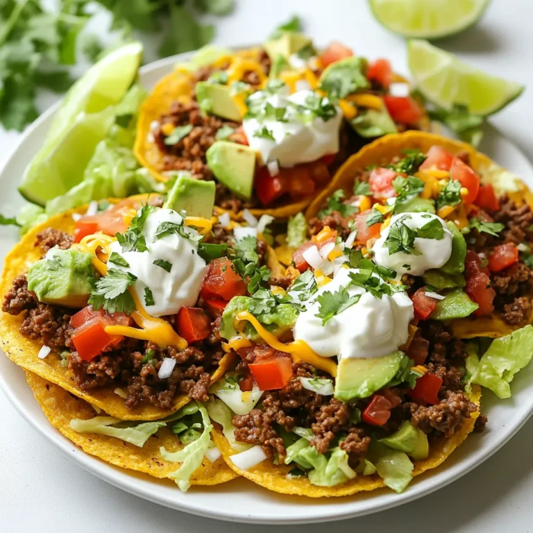 To make tasty ground beef tostadas, you need a few key items. Here’s what you’ll need: - 1 lb ground beef - 1 tablespoon olive oil - 1 small onion, diced - 2 cloves garlic, minced - 1 teaspoon chili powder - 1 teaspoon cumin - ½ teaspoon smoked paprika - Salt and pepper to taste - 8 tostada shells - 1 cup refried beans - 1 cup shredded lettuce - 1 cup diced tomatoes - ½ cup crumbled queso fresco - ½ cup sour cream - 1 avocado, sliced - Fresh cilantro for garnish - Lime wedges for serving These ingredients come together to create a delicious meal. The ground beef provides the main flavor. The spices like chili powder, cumin, and smoked paprika add depth. While the basic tostada is great, you can always add more fun toppings. Here are some ideas: - Jalapeños for heat - Black olives for a briny touch - Corn for sweetness - Sliced radishes for crunch - Fresh salsa for added zest Feel free to mix and match these toppings to fit your taste. Each one adds its own twist to the dish. To make your meal even better, consider these sides: - Mexican rice for a filling option - Guacamole for a creamy dip - Refried beans for extra protein - Chips and salsa for snacking These sides balance the meal well. They also offer more flavor and texture to enjoy with your tostadas. {{ingredient_image_1}} Start by heating 1 tablespoon of olive oil in a large skillet over medium heat. Add 1 small diced onion and 2 minced cloves of garlic. Sauté these until the onion turns soft and clear. Then, add 1 pound of ground beef to the skillet. Break the meat apart with a spatula. Cook the beef for about 5 to 7 minutes, until it turns brown. Make sure to stir it well so it cooks evenly. After browning the beef, mix in 1 teaspoon of chili powder, 1 teaspoon of cumin, and ½ teaspoon of smoked paprika. Add salt and pepper to taste. Cook for another 2 to 3 minutes to blend the spices with the meat. Remove the skillet from heat once the mixture smells good. While the beef cooks, preheat your oven to 375°F (190°C). Take 8 tostada shells and lay them flat on a baking sheet. Warm the tostada shells in the oven for about 5 minutes. This step makes them nice and crispy. Keep an eye on them so they do not burn. Crispy shells make the tostadas extra tasty. Once the tostada shells are warm, it’s time to put everything together. Start by spreading 1 cup of refried beans on each tostada shell. Then, add a generous scoop of the seasoned ground beef mixture right on top. Next, pile on 1 cup of shredded lettuce and 1 cup of diced tomatoes. Sprinkle ½ cup of crumbled queso fresco over the top. For the finishing touch, drizzle some sour cream and add slices of 1 avocado. Garnish each tostada with fresh cilantro. Serve the tostadas with lime wedges on the side for a zesty kick. Enjoy your creation! To brown ground beef well, heat olive oil in a skillet over medium heat. Add diced onion and minced garlic. Cook until the onion is clear. Next, add ground beef. Use a spatula to break it apart. Cook for 5-7 minutes until it turns brown. The meat should not steam; it needs space in the pan. If the pan is crowded, the beef cooks unevenly. You can change the flavor of your tostadas easily. For a spicy kick, add more chili powder or some diced jalapeños. For a sweeter taste, mix in some corn or bell peppers. Fresh herbs like cilantro can brighten the dish. You can even try different spices, like oregano or taco seasoning. Always taste as you go, adjusting flavors to fit your preference. To keep your tostadas crispy, warm them in the oven just before serving. Place them on a baking sheet at 375°F (190°C) for about 5 minutes. This step makes them crunchy and ready for toppings. Avoid piling on too many wet toppings at once. Layer ingredients carefully to prevent sogginess. You want to enjoy every bite without them getting soft. Pro Tips Fresh Ingredients: Always use fresh vegetables for toppings to enhance the flavor and texture of your tostadas. Layer Wisely: Spread the refried beans evenly on the tostada shells to create a solid base that will hold the toppings without getting soggy. Customize Spices: Feel free to adjust the amount of chili powder and cumin according to your heat preference for a personalized kick. Make Ahead: Prepare the beef mixture and refried beans in advance for a quick assembly when you're ready to serve. {{image_2}} If you want a meatless option, try using lentils or black beans. Both add great taste and texture. You can also use a mix of veggies like bell peppers and zucchini. Sauté them with the same spices for a delicious twist. For a cheesy touch, add some shredded cheese on top. To adjust the heat, you can add more chili powder or jalapeños. For a milder version, skip the chili powder or use sweet paprika. Adding fresh cilantro can also tone down the spice. If you like it hot, try adding hot sauce or diced serrano peppers. Ground turkey or chicken works well in place of beef. These proteins are leaner and still taste great. For a unique flavor, use chorizo or ground pork. You could even try tofu for a plant-based option. Just remember to cook it until it’s nice and browned. After you enjoy your tostadas, store leftovers in a sealed container. Keep the beef and toppings separate from the tostada shells. This keeps them from getting soggy. Store the beef mixture in the fridge for up to three days. The toppings can also last for about three days. To reheat the beef, warm it in a skillet over medium heat. Stir until hot. For the tostada shells, pop them in the oven at 375°F for about five minutes. This makes them crispy again. Avoid using the microwave, as it can make the shells soft. You can freeze the beef mixture if you want to save it for later. Place it in a freezer-safe bag. Remove as much air as possible before sealing. It can last up to three months in the freezer. When ready to eat, thaw it overnight in the fridge. Reheat it on the stove before serving. Yes, you can prepare some parts in advance. Cook the ground beef and store it in the fridge. You can also warm the tostada shells before serving. Just wait to add fresh toppings until right before you eat. This keeps everything fresh and tasty. If you don’t have refried beans, try black beans or pinto beans. You can mash them up for a similar texture. Hummus is another fun option for a twist. It adds creaminess and goes well with the beef. Making tostadas is easy. Start with corn tortillas. Brush them lightly with olive oil. Then, bake them in the oven at 375°F (190°C) for about 10 minutes. Flip them halfway through for even crispiness. You can use a skillet to fry them, too, if you prefer. You learned how to make tasty ground beef tostadas today. We covered the main ingredients, cooking steps, and helpful tips. You can also explore fun variations to fit your taste. Don't forget to store leftovers properly for later enjoyment. Tostadas are versatile and can satisfy many cravings. Enjoy creating your own versions with different flavors and textures. Dive in, experiment, and make these dishes your own! You're now ready to impress with your cooking skills.