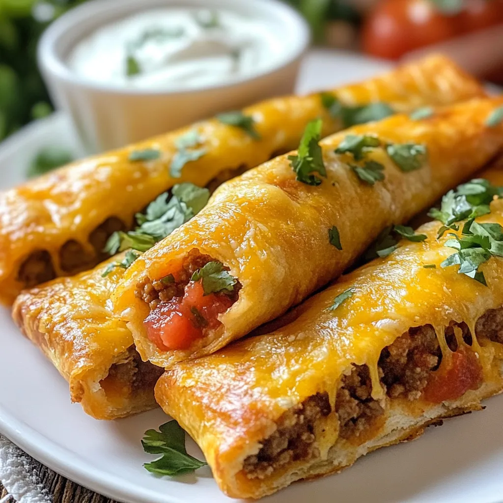 To make Cheesy Taco Sticks, you need some key ingredients. Here’s what you’ll need: - 1 pound ground beef - 1 packet taco seasoning - 1 cup shredded cheddar cheese - 1 cup shredded mozzarella cheese - 1 cup salsa - 10 large flour tortillas - 1 cup sour cream (for dipping) - Cooking spray or olive oil (for brushing) - Chopped fresh cilantro (for garnish) These ingredients come together to create a tasty treat that everyone loves. The combination of beef, cheese, and salsa is hard to beat. You will also need some basic tools to prepare this dish. Here’s what I recommend: - A skillet for cooking the beef - A mixing bowl for combining ingredients - A baking sheet lined with parchment paper - A sharp knife for cutting the sticks - A pastry brush for oiling Having the right tools makes cooking easier and more fun. Feel free to get creative! You can add extra flavors to your Cheesy Taco Sticks. Here are some options: - Black beans for added protein - Jalapeños for a spicy kick - Corn for sweetness and texture - Avocado for creaminess - Extra spices like cumin or paprika These optional ingredients can take your snack to the next level. Mixing in different flavors keeps things exciting and new. {{ingredient_image_1}} First, preheat your oven to 375°F (190°C). This step is key to getting crispy taco sticks. Next, line a baking sheet with parchment paper. This helps the taco sticks not stick to the pan. In a skillet, heat the ground beef over medium heat. Break it apart as it cooks until it is browned. If there is extra fat, drain it off. Now, stir in the taco seasoning and add about 1/4 cup of water. Mix well and let it simmer for about 5 minutes. This lets the flavors blend together nicely. In a large bowl, combine the cooked beef with both cheeses and salsa. Use a spatula to mix until everything is well blended. This mixture will fill your taco sticks with cheesy goodness. Take a flour tortilla and lay it flat on a clean surface. Spoon 2-3 tablespoons of the beef and cheese mixture onto the center. Roll the tortilla tightly around the filling. Place each roll seam side down on the lined baking sheet. Repeat this with the rest of the tortillas. Lightly brush the tops of the rolled tortillas with cooking spray or olive oil. This adds flavor and helps them crisp up. Bake in the preheated oven for 15-20 minutes. Keep an eye on them until they turn golden brown and crispy. Once baked, take them out and let them cool slightly. Cut each taco stick into 2-3 pieces. Serve them warm with sour cream for dipping. For a fun touch, sprinkle chopped fresh cilantro on top. This adds a burst of color and flavor! To get crispy taco sticks, preheat your oven to 375°F (190°C). Use parchment paper on your baking sheet. Brush the tops of the rolls lightly with cooking spray or olive oil. This helps them brown well. Bake for 15 to 20 minutes until they are golden and crunchy. One common mistake is overfilling the tortillas. If you add too much filling, they can burst while baking. Make sure to use only 2-3 tablespoons of the beef and cheese mixture. Another mistake is not letting the cooked beef drain properly. Too much fat can make your taco sticks soggy. If you want a vegetarian option, swap the ground beef for black beans or lentils. For a spicy kick, try adding jalapeños to the filling. You can also use gluten-free tortillas for those with gluten sensitivity. Finally, switch the cheeses for dairy-free varieties to make it vegan-friendly. Pro Tips Use Fresh Ingredients: Always opt for fresh tortillas and high-quality cheese for the best flavor and texture in your taco sticks. Customize the Filling: Feel free to add your favorite ingredients like black beans, corn, or jalapeños to enhance the flavor profile. Watch the Baking Time: Keep a close eye on the taco sticks as they bake; remove them from the oven when they are golden brown for a perfect crunch. Serve with Variety: Offer different dipping sauces like guacamole or pico de gallo alongside sour cream to elevate the dining experience. {{image_2}} You can easily make cheesy taco sticks vegetarian. Just swap the ground beef with black beans or lentils. Add taco seasoning to give it flavor. For cheese, use your favorite blend. I like using a mix of cheddar and Monterey Jack. Add some chopped bell peppers, onions, and corn for extra texture and taste. These veggie sticks are just as fun! If you like heat, try adding jalapeños or serrano peppers to your filling. You can also use spicy salsa instead of regular salsa. For an extra kick, mix in some hot sauce with your meat or beans. If you want more heat, sprinkle some crushed red pepper flakes on top before baking. These spicy taco sticks will make your taste buds dance! You can get creative with fillings! Try adding cooked chicken or turkey for a different protein. If you love cheese, add cream cheese for a creamy texture. You can also include diced tomatoes or olives for added flavor. If you want something sweet, try adding a spoonful of pineapple. The choices are endless, so have fun mixing and matching! To keep your leftover taco sticks fresh, place them in an airtight container. Make sure they cool down to room temperature first. Store them in the fridge for up to three days. If you want them to last longer, consider freezing them. When you're ready to enjoy your taco sticks again, preheat the oven to 350°F (175°C). Place the taco sticks on a baking sheet. Heat them for about 10-15 minutes. This will help them regain their crispiness. You can also use a microwave, but they might not be as crispy. To freeze taco sticks, wrap each one tightly in plastic wrap. Then, place them in a freezer-safe bag or container. They can stay in the freezer for up to three months. When you're ready to eat, let them thaw in the fridge overnight before reheating. Cheesy Taco Sticks are a fun snack made with tortillas, beef, and cheese. You fill tortillas with a tasty mix of cooked ground beef, salsa, and cheddar and mozzarella cheeses. Then, you roll and bake them until crispy. They are great for parties or game nights. Yes, you can make Cheesy Taco Sticks ahead of time. Prepare the filling and roll the tortillas. Place them in the fridge for a few hours or overnight. When you are ready, just bake them until golden. This makes them perfect for meal prep or busy days. To make Cheesy Taco Sticks gluten-free, use gluten-free tortillas. Many stores offer these options. Ensure your taco seasoning is also gluten-free. This way, everyone can enjoy this tasty snack without worry. Besides sour cream, you can try many dips. Salsa pairs well, adding more flavor. Guacamole adds creaminess and richness. You could also use ranch dressing for a different taste. Experiment with your favorite dips for fun! You can find pre-made Cheesy Taco Sticks at some grocery stores or online. Check the frozen food section, as many brands offer them. Local restaurants may also have them on the menu. It’s a great way to enjoy the snack without cooking! Cheesy taco sticks are easy to make and fun to eat. We covered key ingredients, from main staples to optional flavor boosters. I detailed the steps, from preheating the oven to serving tips. You now know how to create crispy, tasty treats and avoid common mistakes. Feel free to try variations that suit your taste. Remember, whether you choose to store leftovers or enjoy them fresh, these taco sticks bring joy to any meal. Enjoy your cooking adventure!