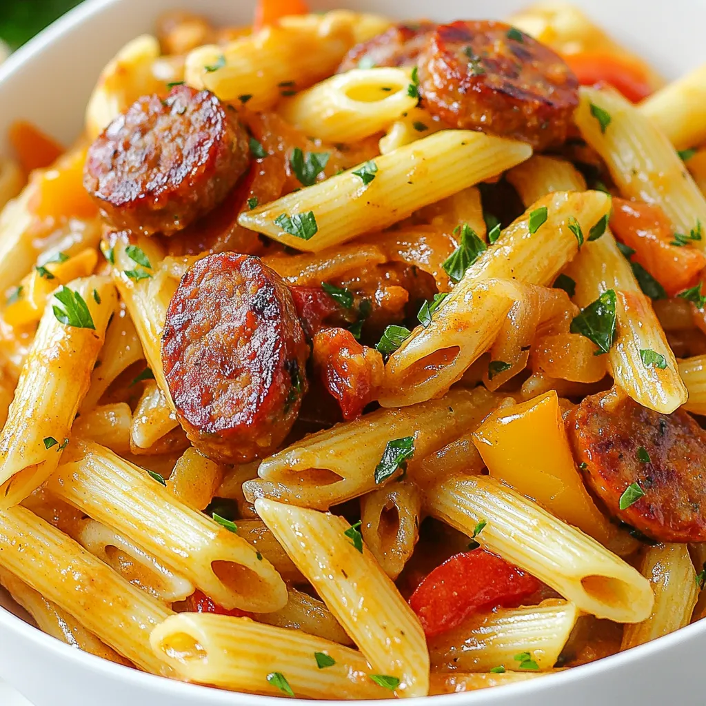 To make a tasty creamy Cajun sausage pasta, gather these simple ingredients: - 8 oz penne pasta - 2 tablespoons olive oil - 12 oz smoked sausage, sliced - 1 small onion, diced - 3 cloves garlic, minced - 1 bell pepper (any color), diced - 1 teaspoon Cajun seasoning - 1/2 teaspoon paprika - 1 cup heavy cream - 1/2 cup chicken broth - 1 cup grated Parmesan cheese - Salt and pepper to taste - Fresh parsley for garnish You need some basic tools to whip up this dish: - Large pot for boiling pasta - Large skillet for cooking sausage and veggies - Wooden spoon or spatula for stirring - Measuring cups and spoons for accuracy - Knife and cutting board for chopping Choosing fresh ingredients makes your dish even better. Here are some tips: - Pasta: Look for high-quality penne with no broken pieces. - Sausage: Pick smoked sausage with a good aroma. It should feel firm. - Veggies: Choose bell peppers with smooth skin. Onions should be dry and firm. - Garlic: Look for garlic bulbs that are plump and free of sprouts. - Cream: Buy heavy cream with a long expiration date for the best taste. - Cheese: Freshly grated Parmesan melts better than pre-grated. These simple choices will enhance the flavor of your creamy Cajun sausage pasta! {{ingredient_image_1}} 1. Cook the Pasta: Start by boiling salted water in a large pot. Add the penne pasta and cook it according to the package. Drain the pasta and set it aside. 2. Sauté the Sausage: Heat two tablespoons of olive oil in a large skillet on medium heat. Once it’s hot, add the sliced smoked sausage. Cook it until it's browned, about 5 to 7 minutes. 3. Add Veggies: Now, add the diced onion, minced garlic, and diced bell pepper to the skillet. Sauté these for another 5 minutes until they soften. 4. Season It Up: Sprinkle one teaspoon of Cajun seasoning and a half teaspoon of paprika over the mixture. Stir well and let the spices cook for about 1 minute. 5. Make It Creamy: Pour in one cup of heavy cream and a half cup of chicken broth. Stir everything together and bring it to a gentle simmer for 3 to 5 minutes. 6. Cheesy Goodness: Add one cup of grated Parmesan cheese to the skillet. Stir until it melts and becomes creamy. Taste it and add salt and pepper as needed. 7. Combine Pasta and Sauce: Finally, add the cooked penne pasta to the skillet. Toss everything together until the pasta is well coated with the creamy sauce. 8. Serve & Garnish: Serve your creamy Cajun sausage pasta hot. Top it with freshly chopped parsley for a burst of color and flavor. In this dish, sautéing brings out the flavors of the sausage and veggies. It cooks them quickly and adds color. Simmering helps meld all the flavors together in the sauce. It thickens the cream and lets the spices shine. Both techniques help create a rich and tasty dish. To save time, start cooking the pasta while you prepare the sausage and veggies. This way, everything finishes at the same time. Gather all your ingredients before you start. This makes cooking smooth and enjoyable. If you have everything ready, you will finish in about 30 minutes! To make your sauce creamy, use heavy cream. It adds rich flavor and smoothness. After adding the cream, let it simmer gently. This helps the sauce thicken nicely. Stir in the Parmesan cheese until it melts. This step makes the sauce even creamier. If you want more flavor, add a pinch of Cajun seasoning at the end. One common mistake is cooking the sauce too quickly. High heat can cause the cream to curdle. Always use medium heat when simmering. Another mistake is not seasoning enough. Taste your sauce before serving. Add salt and pepper as needed. Lastly, don’t skip the pasta cooking water. Mixing a little in can help the sauce cling better. Cooking in batches can save time. Make a double or triple batch of the sauce. Store it in the fridge for later. You can cook fresh pasta when you're ready to eat. This way, you’ll always have a quick meal on hand. If you freeze the sauce, thaw it overnight before reheating. Always reheat gently to keep the cream smooth. Pro Tips Use Fresh Ingredients: Fresh vegetables and high-quality sausage will enhance the flavor of your dish significantly. Adjust Spice Levels: Feel free to increase or decrease the Cajun seasoning based on your spice tolerance. Leftover Pasta: This dish reheats well. Store any leftovers in an airtight container for up to 3 days. Garnish for Freshness: Adding fresh parsley not only adds color but also a burst of freshness to the rich dish. {{image_2}} You can change the flavor of this dish easily. Try different sausages like andouille or chorizo. Both add a nice kick. You can also swap the Cajun seasoning for Italian herbs. This change gives a new twist to the dish. If you want more heat, add crushed red pepper flakes. They boost the spice level quickly. To make this dish vegetarian, replace the sausage with plant-based sausage. It gives a similar texture. For a vegan option, use coconut cream instead of heavy cream. Also, choose a vegan cheese or skip it entirely. This way, you keep rich flavors without animal products. Want to pack in more veggies? Add spinach, zucchini, or mushrooms to the skillet. They add color and nutrients. For extra protein, toss in some cooked chicken or shrimp. Both blend well with the creamy sauce and enhance the meal. You can even add beans for a hearty touch. Enjoy experimenting! To keep your creamy Cajun sausage pasta fresh, store it in an airtight container. Let it cool down first. Then, place the container in the fridge. It will stay good for about 3-4 days. If you want to save it longer, freezing is the best option. When you are ready to eat leftovers, use the stove for the best taste. Put the pasta in a skillet over low heat. Add a splash of chicken broth or cream to keep it creamy. Stir it often until it warms up. You can also use the microwave, but check every minute to avoid drying it out. To freeze creamy Cajun sausage pasta, first cool it completely. Then, portion it into freezer-safe bags. Remove as much air as you can before sealing. Label the bags with the date. It can last up to 3 months in the freezer. When you’re ready to eat, thaw it overnight in the fridge before reheating. You can use milk mixed with butter. This mix gives creaminess. Use about 3/4 cup of milk and 1/4 cup of melted butter. You can also try half-and-half for a lighter option. If you want a dairy-free choice, consider coconut cream. It adds a nice flavor and richness too. Yes, you can! Any pasta works well. You can use rotini, fettuccine, or even gluten-free pasta. Just remember to cook it according to package instructions. Each pasta shape holds sauce differently, so choose what you enjoy most. To add heat, increase the Cajun seasoning. You can also add red pepper flakes. Start with a pinch and taste as you go. For more heat, use hot sausage instead of smoked sausage. Fresh jalapeños or diced chili peppers can add a nice kick too. Salads work great! A simple green salad with vinaigrette balances the dish. Garlic bread is a classic choice too. You might also try roasted vegetables for a healthy option. Each side enhances the pasta's rich flavors while keeping the meal light. In this post, we explored how to make creamy Cajun sausage pasta. You learned about the key ingredients, tools, and techniques needed for great cooking. We shared tips for making a creamy sauce and avoiding common mistakes. You can also explore different flavors and adapt the dish to your taste. Finally, we covered how to store leftovers and answered your questions. Cooking can be fun and rewarding. Enjoy your pasta dish and let your taste buds guide you.