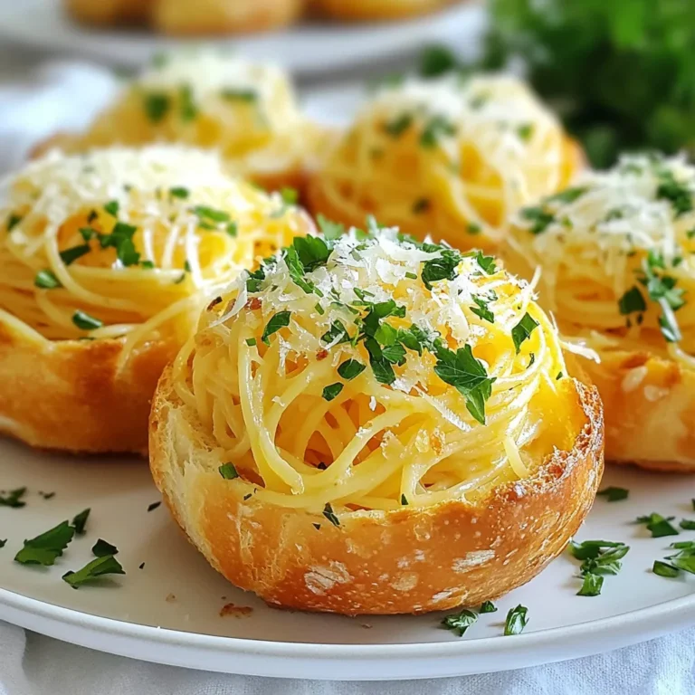 To make these tasty spaghetti garlic bread bowls, gather these key items: - 8 ounces spaghetti - 4 cloves garlic, minced - 1/4 cup unsalted butter, melted - 1 teaspoon dried Italian herbs (oregano, basil) - 1/2 teaspoon red pepper flakes (optional) - 1/2 cup grated Parmesan cheese - 1 cup marinara sauce - 1/4 cup fresh parsley, chopped - 4 large sourdough rolls - Salt and pepper, to taste These ingredients give the dish its rich, savory flavor. The sourdough rolls act as the perfect edible bowls, holding in all the goodness. To elevate your dish, consider adding: - Extra garlic for a stronger taste - Fresh basil leaves for a bright touch - Cooked protein, like chicken or meatballs, for a heartier meal - Olives or sun-dried tomatoes for extra zest These options can give your bowls a twist and cater to your taste buds. If you have dietary needs, here are some alternatives: - Use gluten-free pasta and rolls for a gluten-free option. - Substitute vegan butter and cheese for a dairy-free dish. - Replace spaghetti with zucchini noodles for a low-carb choice. These swaps keep the spirit of the dish while making it suitable for more diets. {{ingredient_image_1}} Start by gathering all your ingredients. You need 8 ounces of spaghetti, 4 cloves of garlic, and 1/4 cup of unsalted butter. Also, have your Italian herbs, red pepper flakes, and salt ready. Get 1/2 cup of grated Parmesan cheese and 1 cup of marinara sauce, plus fresh parsley for garnish. Lastly, grab 4 large sourdough rolls. Preheat your oven to 375°F (190°C). This helps the bread bowls bake perfectly. Next, cook the spaghetti. Follow the package instructions until it's al dente. Drain the spaghetti and set it aside. In a small bowl, mix the melted butter with minced garlic, Italian herbs, and red pepper flakes. Add a pinch of salt to enhance the flavor. This garlic butter mix will make your bread bowls extra tasty. Now, take your sourdough rolls. Cut the tops off and hollow them out. Leave a thin layer of bread on the sides and bottom. This will hold your spaghetti. Brush the garlic butter mixture on the insides of the sourdough bowls and their tops. Make sure to coat them well. Place the bowls on a baking sheet. Bake for about 10-12 minutes until they turn golden brown. While the bread is baking, combine the drained spaghetti with marinara sauce, grated Parmesan, and chopped parsley in a large bowl. Toss everything until the spaghetti is coated well. Season with salt and pepper to your taste. Once the bread bowls are ready, fill each bowl with the spaghetti mixture. Top them with extra Parmesan cheese. Bake them again for 5 minutes. This warms the spaghetti and melts the cheese slightly. When done, take them out of the oven. Let them cool for a minute before serving. Enjoy your hearty and tasty spaghetti garlic bread bowls! To make the best garlic bread bowl, start with fresh sourdough rolls. The crust should be firm to hold the filling. Hollow them out gently, leaving a thin layer. This helps keep the spaghetti from spilling. Brush the insides with the garlic butter mixture. Use a generous amount for great flavor. Bake until golden brown to achieve that perfect crunch. If you have leftovers, store the spaghetti and bread separately. Place the spaghetti in an airtight container. Keep the bread bowls in a paper bag to avoid sogginess. This keeps them fresh and tasty. When you want to eat, reheat the spaghetti gently. You can warm the bread bowls in the oven for that crispy texture again. When serving, place your garlic bread bowls on a wooden platter. It adds a nice rustic touch. Garnish with extra parsley and Parmesan cheese. This makes the dish look even more inviting. You can also serve with a side of marinara sauce for dipping. This adds a fun twist and extra flavor! Pro Tips Choose the Right Bread: Sourdough rolls provide a sturdy and flavorful base for your spaghetti bowls, but any crusty bread will work well. Just ensure it can hold the filling without getting soggy. Customize Your Filling: Feel free to add vegetables or proteins like cooked chicken or sausage to the spaghetti mixture for added flavor and nutrition. Extra Crispiness: For an even crispier bread bowl, toast the insides of the rolls briefly before filling them with the spaghetti mixture. Serving Suggestions: Pair your spaghetti garlic bread bowls with a fresh salad or garlic knots for a complete Italian feast! {{image_2}} You can make spaghetti garlic bread bowls vegetarian by swapping the marinara sauce. Try using a rich tomato basil sauce. You can also add veggies like bell peppers, mushrooms, or spinach. These add color and nutrients. Another option is to mix in some cooked lentils for extra protein. This makes the dish both hearty and healthy. For a gluten-free version, look for gluten-free spaghetti. There are many brands available that taste great. For the bread, you can use gluten-free rolls. Just make sure they are sturdy enough to hold the filling. Hollow them out as you would with regular sourdough. This way, you can enjoy the same great flavors while keeping it gluten-free. You can easily customize your garlic bread bowls. Add cooked sausage or meatballs for a meaty twist. If you like spice, try adding more red pepper flakes or diced jalapeños. Fresh herbs like basil or thyme can brighten the dish. For a cheesy kick, mix in more cheese before baking. You can even top the bowls with a drizzle of balsamic glaze for added flavor. The options are endless! To store leftover garlic bread bowls, let them cool down first. Place each bowl in an airtight container. Keep them in the fridge for up to three days. Make sure to cover the filling to keep it fresh. If you have extra marinara sauce, store it separately. Reheat your garlic bread bowls in the oven for best results. Preheat your oven to 350°F (175°C). Place the bowls on a baking sheet and cover them with foil. Heat for about 10-15 minutes. This keeps the bread crispy and warms the filling. You can also use a microwave, but the bread may get soft. You can freeze these bowls if you want to save them for later. Wrap each filled bowl tightly in plastic wrap. Then, place them in a freezer-safe bag. They can last up to three months in the freezer. To thaw, move them to the fridge overnight. Reheat as mentioned above before serving. Yes, you can use different types of bread. Try ciabatta, baguette, or even whole wheat rolls. Just ensure they are sturdy enough to hold the filling. This keeps the sauce from soaking through. Each type of bread adds a unique flavor and texture. You can store them in the fridge for up to three days. Make sure to wrap them tightly. This keeps them fresh and prevents them from drying out. Reheat them in the oven for the best taste. Avoid the microwave, as it can make the bread chewy. Marinara sauce works great, but you can also try Alfredo or pesto. Each sauce adds its own flavor. You can mix sauces too! For a spicy kick, add a bit of arrabbiata sauce. This makes the dish more exciting and keeps it fresh. Yes, you can prepare the garlic bread bowls and filling in advance. Just store the bowls and filling separately in the fridge. When ready to serve, fill the bowls and bake them. This saves time and allows you to enjoy the dish with less stress. In this post, we explored how to make delicious spaghetti garlic bread bowls. You learned about the key ingredients, preparation steps, and tips to enhance your dish. We also covered variations for different diets and storage methods for leftovers. Remember, the key to a great meal is using fresh ingredients and adding your personal touch. Enjoy making these bowls and delighting your friends and family! Your kitchen adventures start now.