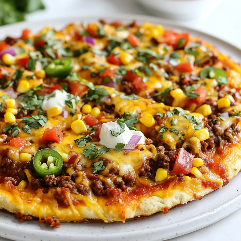 - 1 pre-made pizza crust (or homemade if preferred) - 1 cup refried beans - 1 cup cooked ground beef or turkey (seasoned with taco seasoning) - 1 cup corn kernels (canned or frozen, thawed) - 1 red bell pepper, diced - 1 small red onion, finely chopped - 1 cup shredded cheddar cheese - 1 cup shredded mozzarella cheese - 1 jalapeño, sliced (optional) - ½ cup salsa - Fresh cilantro, chopped, for garnish - Sour cream or Greek yogurt, for drizzle - Olive oil, for drizzling Using fresh, quality ingredients makes a big difference. Good ingredients enhance flavors and textures. For example, fresh veggies add crunch and brightness. Quality cheese melts beautifully, creating that perfect gooey layer. The taste of your pizza will shine when you focus on quality. You can customize your ingredients based on what you have. If you don’t have refried beans, try black beans or pinto beans. Ground turkey can swap with ground chicken or even lentils for a veggie twist. If you want more color, any bell pepper works. Don't forget, if jalapeños are too spicy, skip them or use mild peppers. {{ingredient_image_1}} Start by preheating your oven to 425°F (220°C). This step is key for a crispy crust. Next, roll out your pizza crust on a lightly floured surface. If you have a pre-made crust, just follow the package directions. Once your crust is ready, spread one cup of refried beans over it. Make sure to cover the whole crust, right to the edges. Now, layer one cup of your cooked ground beef or turkey seasoned with taco seasoning. This adds a savory flavor. Then, sprinkle one cup of corn, diced red bell pepper, and chopped red onion evenly over the meat. These veggies bring a nice crunch and color. Next, add one cup of shredded cheddar cheese and one cup of shredded mozzarella cheese. Cover every inch with cheese for a gooey finish. If you like some heat, add sliced jalapeños on top. Finally, drizzle a small amount of olive oil over the pizza for that golden look. Place your prepared pizza in the oven. Bake it for 15 to 20 minutes. Keep an eye on it until the crust turns golden and the cheese bubbles. This is when it reaches perfection! Once it's done, take it out and let it cool for a few minutes. Now it's time for the fun part! Drizzle salsa over the top for an extra kick. Then, sprinkle fresh chopped cilantro as a bright garnish. For a creamy touch, add dollops of sour cream or Greek yogurt around the pizza. Slice it up and serve hot. You’ll love every bite of this Fiesta Mexican Pizza! To get a great crust, use a hot oven. Preheat it to 425°F (220°C). If you want a crisp crust, roll out your dough thin. This helps it bake evenly. If you use a pre-made crust, follow the package directions. Drizzle some olive oil on top before baking. This adds flavor and color. Start with a layer of refried beans. This keeps the crust from getting soggy. Then add your seasoned meat. I love using ground beef or turkey. Next, sprinkle on corn, diced red bell pepper, and onion. Make sure to spread them evenly. The final touch is cheese. Use both cheddar and mozzarella. Cover every inch for a tasty bite. When your pizza is done, add salsa on top. Fresh cilantro gives it a bright look and taste. You can also drizzle sour cream or Greek yogurt around it. This adds creaminess and cools the spicy flavors. Slice it up and serve while hot for the best experience. Enjoy the burst of flavors in every bite! Pro Tips Perfectly Seasoned Meat: Make sure to season your ground beef or turkey well with taco seasoning for maximum flavor. Consider adding a splash of lime juice for a zesty kick. Cheese Combination: Mixing cheddar and mozzarella provides a great flavor and texture contrast. Try adding a bit of pepper jack for extra spice! Fresh Ingredients: Use fresh vegetables when possible. Fresh cilantro, in particular, adds a burst of flavor that dried herbs cannot replicate. Customize Your Heat: Adjust the heat level by adding more or fewer jalapeño slices. You can also use pickled jalapeños for a milder flavor. {{image_2}} You can make a tasty vegetarian Mexican pizza easily! Swap the meat for extra beans or veggies. Use black beans or pinto beans for a hearty base. Add more colorful veggies like zucchini, mushrooms, or spinach. You can also pile on the cheese for a rich flavor. A mix of cheddar and mozzarella works great. Want to turn up the heat? Add sliced jalapeños on top before baking. You can also use spicy salsa instead of regular salsa. For an extra kick, mix some chili powder into the refried beans. If you love heat, try adding crushed red pepper flakes. These simple changes will make your pizza fiery and fun! Think outside the box with toppings! Try using grilled chicken or shrimp for a different taste. You can also add fresh avocado slices after baking. Try pineapple for a sweet twist or olives for a salty bite. Experimenting with toppings can lead to your new favorite pizza! Don't be afraid to mix flavors and enjoy the process. To store leftover Mexican pizza, let it cool first. Wrap each slice in plastic wrap. You can also place slices in an airtight container. Store it in the fridge for up to three days. This keeps it fresh and tasty. You can freeze Mexican pizza for later use. First, let it cool completely. Then, slice the pizza and wrap each slice tightly in plastic wrap. Place the wrapped slices in a freezer bag. Label the bag with the date. Frozen pizza can last up to three months. When you're ready to eat it, thaw it in the fridge overnight. Reheat leftover Mexican pizza for the best taste. Preheat your oven to 350°F (175°C). Place the pizza slices on a baking sheet. Bake for about 10-15 minutes. This method keeps the crust crispy. You can also use a microwave, but the crust may get soft. If you use the microwave, heat it for 30 seconds to 1 minute. Enjoy your delicious pizza! Mexican pizza is a tasty fusion of pizza and Mexican flavors. It uses a pizza crust topped with refried beans, seasoned meat, cheese, and vegetables. The blend of spices and textures makes it unique. It’s a fun dish that combines comfort food with the zest of Mexican cuisine. Yes, you can easily make Mexican pizza without meat. Simply skip the ground beef or turkey. You can add more beans, corn, or veggies instead. Try black beans, bell peppers, or mushrooms. These ingredients will give your pizza a hearty texture and rich flavor. The best toppings for Mexican pizza include: - Refried beans - Cooked ground meat (beef or turkey) - Corn kernels - Diced bell peppers - Chopped red onion - Shredded cheese (cheddar and mozzarella) - Jalapeños (for heat) - Salsa - Fresh cilantro Feel free to mix and match according to your taste! To make your Mexican pizza healthier, you can: - Use whole wheat or cauliflower crust - Add more veggies like spinach or zucchini - Choose low-fat cheese or less cheese - Use turkey or plant-based meat instead of beef - Add avocado for healthy fats These changes keep the flavor but cut down on calories. Yes, Mexican pizza is very kid-friendly! Kids love the fun shapes and colors. They can help add their favorite toppings. Plus, the cheese and beans make it filling. You can adjust the spice level to suit their tastes too. In this post, we explored ingredients, steps, tips, and variations for making Mexican pizza. Quality matters; always choose the best toppings and substitutes. For the perfect crust, follow the steps carefully and enjoy the cooking process. Remember to experiment with toppings to find your favorite twist. Leftovers are easy to store and reheat. This dish is fun for everyone. With these insights, you can craft a delicious meal that delights your family and friends. Enjoy creating your tasty Mexican pizza!