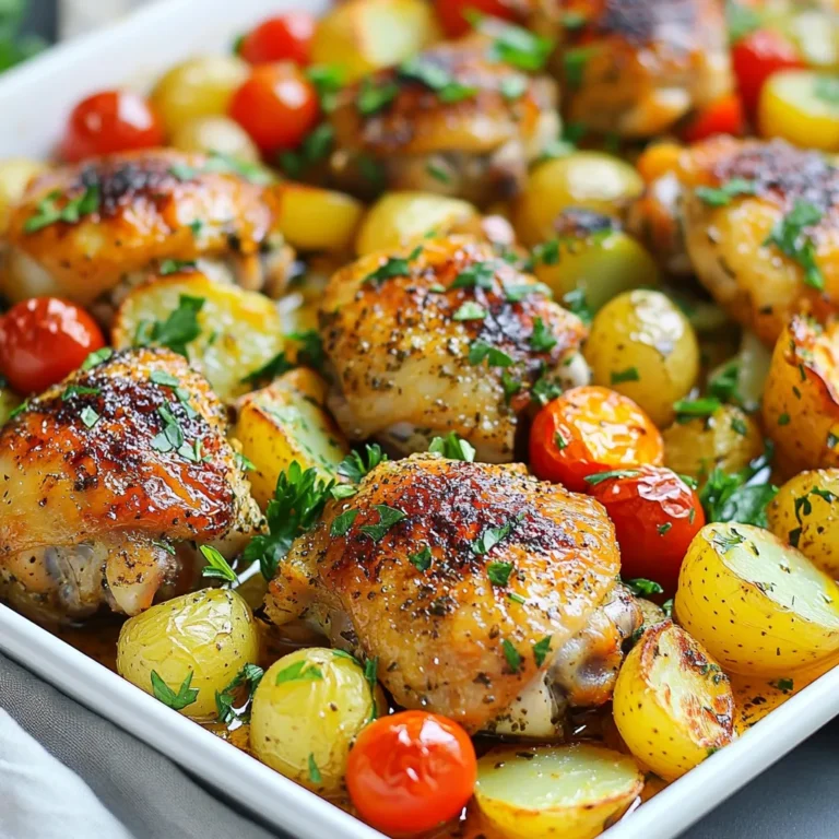 To make this tasty dish, gather these main ingredients: - 4 chicken thighs, bone-in and skin-on - 2 tablespoons olive oil - Juice of 2 lemons - Zest of 1 lemon - 4 cloves garlic, minced - 1 pound baby potatoes, halved - 1 cup cherry tomatoes, halved - 1 red bell pepper, sliced - Fresh parsley for garnish The herb mixture gives the chicken its special flavor. You will need: - 1 tablespoon fresh rosemary, chopped - 1 tablespoon fresh thyme, chopped - Salt and pepper to taste This mix of herbs makes the dish bright and fresh. The lemon juice adds zing, and the garlic gives it depth. You can swap some ingredients if you need to. Here are a few ideas: - Use chicken breasts instead of thighs for leaner meat. - Swap baby potatoes with sweet potatoes for a sweeter touch. - Cherry tomatoes can be replaced with diced zucchini for a different veggie. - If you lack fresh herbs, use dried herbs instead—just cut the amount in half. These changes help you adapt the recipe to what you have on hand or your taste. {{ingredient_image_1}} First, set your oven to 425°F (220°C). This high heat helps the chicken get crispy. Next, take a large sheet pan and line it with parchment paper. This makes cleanup easy and keeps food from sticking. In a small bowl, mix together 2 tablespoons of olive oil, the juice of 2 lemons, and the zest of 1 lemon. Add 4 minced garlic cloves, 1 tablespoon of chopped rosemary, and 1 tablespoon of chopped thyme. Season this mix with salt and pepper. Whisk it all together until combined. This mixture brings great flavor to the chicken and veggies. Place 4 bone-in, skin-on chicken thighs on one side of the sheet pan. Pour half of your lemon herb mixture over them. Spread it well to coat the chicken. In a bowl, take 1 pound of halved baby potatoes and mix them with the rest of the lemon herb mixture. Stir until the potatoes are well coated. Spread these seasoned potatoes on the other side of the sheet pan. Next, add 1 cup of halved cherry tomatoes and 1 sliced red bell pepper around the chicken and potatoes. This adds color and flavor to the dish. Slide the sheet pan into the preheated oven. Bake for about 35-40 minutes. Check if the chicken reaches 165°F (75°C) for safety. The skin should look crispy and golden. The veggies should be tender and slightly caramelized. When done, take the pan out of the oven. Let everything rest for a few minutes. Garnish with fresh parsley, and it's ready to serve! To get that crispy chicken skin, start with bone-in, skin-on thighs. This type of chicken holds moisture well. Pat the skin dry with a paper towel before cooking. The drier the skin, the crispier it gets. Bake at a high heat of 425°F (220°C). This temperature helps render the fat from the skin. Keep the chicken spread apart on the pan to allow air to circulate. Marinades add depth to your dish. For this recipe, mix olive oil, lemon juice, lemon zest, garlic, rosemary, and thyme. Let the chicken soak in this mix for at least 30 minutes. If you have time, marinate it overnight in the fridge for even better flavor. The acid in lemon juice breaks down proteins, making the chicken more tender. Using the right tools makes cooking easier. A large sheet pan helps fit all your ingredients. Parchment paper simplifies cleanup and prevents sticking. Invest in a good set of mixing bowls for marinating. A meat thermometer is also key for checking doneness. It ensures your chicken reaches 165°F (75°C). This way, you avoid undercooked chicken and keep your meal safe. Pro Tips Marinate for More Flavor: Allow the chicken to marinate in the lemon herb mixture for at least 30 minutes, or up to overnight in the refrigerator, to enhance the flavor. Crispier Skin: Pat the chicken thighs dry with paper towels before seasoning to achieve a crispier skin during baking. Mix Up Your Veggies: Feel free to add other vegetables like zucchini, asparagus, or carrots for a colorful and nutritious mix. Check for Doneness: Use a meat thermometer to ensure the chicken reaches an internal temperature of 165°F (75°C) for safe consumption. {{image_2}} You can swap chicken thighs for other proteins. Try using chicken breasts for a leaner meal. You can also use bone-in chicken legs for juicy bites. If you want a plant-based option, use firm tofu. Just make sure to press it to remove excess water. Change the veggies based on what’s fresh. In spring, use asparagus and snap peas for a bright touch. In summer, zucchini and corn provide great color and flavor. In fall, root vegetables like carrots and sweet potatoes add heartiness. In winter, use Brussels sprouts or butternut squash for warmth. Add more flavor with simple add-ins. A splash of white wine can enhance the taste. You can also sprinkle in some crushed red pepper for heat. For a smokier flavor, try adding smoked paprika. Fresh lemon slices on top will give a zesty aroma and taste. Once you finish your meal, let the chicken cool down. Place the leftover chicken and veggies in an airtight container. This helps keep them fresh. Store them in the fridge for up to three days. If you want to keep them longer, consider freezing. To reheat your leftovers, preheat the oven to 350°F (175°C). Place your chicken and veggies on a baking sheet. Cover them with foil to keep moisture in. Heat for about 15-20 minutes. Check the chicken to make sure it warms through. You can also use a microwave. Heat in short bursts to avoid overcooking. If you freeze your meal, wrap each piece tightly in plastic wrap. Place the wrapped items in a freezer bag or container. This helps prevent freezer burn. You can store them in the freezer for up to three months. When ready to eat, thaw overnight in the fridge. Reheat as explained above. Enjoy your tasty meal again! It takes about 35 to 40 minutes to bake lemon herb chicken. You want the chicken to reach an internal temperature of 165°F (75°C). The skin should be crispy, and the veggies should be tender. Always check the chicken's temperature to ensure it’s safe to eat. Yes, you can use boneless chicken thighs. They will cook faster than bone-in thighs. Adjust your baking time to about 25 to 30 minutes. Make sure they still reach the same safe internal temperature of 165°F (75°C). I love serving sheet pan lemon herb chicken with a fresh salad or crusty bread. You could also pair it with rice or quinoa for a hearty meal. The roasted veggies add great color and flavor to your plate. It is not necessary to marinate the chicken, but it can add more flavor. The lemon herb mixture you pour on the chicken while cooking works well. If you have time, marinating for an hour or more can enhance the taste even more. This blog post explored making sheet pan lemon herb chicken. We covered key ingredients, steps, tips, and variations. You learned how to prepare a simple meal that’s packed with flavor. Trying different proteins and veggies can keep it exciting. With proper storage tips, leftovers can last longer and taste great. Enjoy making this dish for family or friends. It's easy and delicious. Cook with confidence, and savor every bite.