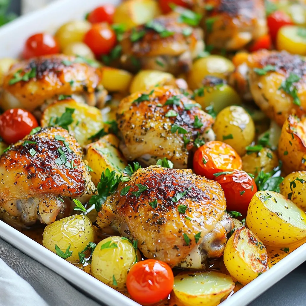 To make this tasty dish, gather these main ingredients: - 4 chicken thighs, bone-in and skin-on - 2 tablespoons olive oil - Juice of 2 lemons - Zest of 1 lemon - 4 cloves garlic, minced - 1 pound baby potatoes, halved - 1 cup cherry tomatoes, halved - 1 red bell pepper, sliced - Fresh parsley for garnish The herb mixture gives the chicken its special flavor. You will need: - 1 tablespoon fresh rosemary, chopped - 1 tablespoon fresh thyme, chopped - Salt and pepper to taste This mix of herbs makes the dish bright and fresh. The lemon juice adds zing, and the garlic gives it depth. You can swap some ingredients if you need to. Here are a few ideas: - Use chicken breasts instead of thighs for leaner meat. - Swap baby potatoes with sweet potatoes for a sweeter touch. - Cherry tomatoes can be replaced with diced zucchini for a different veggie. - If you lack fresh herbs, use dried herbs instead—just cut the amount in half. These changes help you adapt the recipe to what you have on hand or your taste. {{ingredient_image_1}} First, set your oven to 425°F (220°C). This high heat helps the chicken get crispy. Next, take a large sheet pan and line it with parchment paper. This makes cleanup easy and keeps food from sticking. In a small bowl, mix together 2 tablespoons of olive oil, the juice of 2 lemons, and the zest of 1 lemon. Add 4 minced garlic cloves, 1 tablespoon of chopped rosemary, and 1 tablespoon of chopped thyme. Season this mix with salt and pepper. Whisk it all together until combined. This mixture brings great flavor to the chicken and veggies. Place 4 bone-in, skin-on chicken thighs on one side of the sheet pan. Pour half of your lemon herb mixture over them. Spread it well to coat the chicken. In a bowl, take 1 pound of halved baby potatoes and mix them with the rest of the lemon herb mixture. Stir until the potatoes are well coated. Spread these seasoned potatoes on the other side of the sheet pan. Next, add 1 cup of halved cherry tomatoes and 1 sliced red bell pepper around the chicken and potatoes. This adds color and flavor to the dish. Slide the sheet pan into the preheated oven. Bake for about 35-40 minutes. Check if the chicken reaches 165°F (75°C) for safety. The skin should look crispy and golden. The veggies should be tender and slightly caramelized. When done, take the pan out of the oven. Let everything rest for a few minutes. Garnish with fresh parsley, and it's ready to serve! To get that crispy chicken skin, start with bone-in, skin-on thighs. This type of chicken holds moisture well. Pat the skin dry with a paper towel before cooking. The drier the skin, the crispier it gets. Bake at a high heat of 425°F (220°C). This temperature helps render the fat from the skin. Keep the chicken spread apart on the pan to allow air to circulate. Marinades add depth to your dish. For this recipe, mix olive oil, lemon juice, lemon zest, garlic, rosemary, and thyme. Let the chicken soak in this mix for at least 30 minutes. If you have time, marinate it overnight in the fridge for even better flavor. The acid in lemon juice breaks down proteins, making the chicken more tender. Using the right tools makes cooking easier. A large sheet pan helps fit all your ingredients. Parchment paper simplifies cleanup and prevents sticking. Invest in a good set of mixing bowls for marinating. A meat thermometer is also key for checking doneness. It ensures your chicken reaches 165°F (75°C). This way, you avoid undercooked chicken and keep your meal safe. Pro Tips Marinate for More Flavor: Allow the chicken to marinate in the lemon herb mixture for at least 30 minutes, or up to overnight in the refrigerator, to enhance the flavor. Crispier Skin: Pat the chicken thighs dry with paper towels before seasoning to achieve a crispier skin during baking. Mix Up Your Veggies: Feel free to add other vegetables like zucchini, asparagus, or carrots for a colorful and nutritious mix. Check for Doneness: Use a meat thermometer to ensure the chicken reaches an internal temperature of 165°F (75°C) for safe consumption. {{image_2}} You can swap chicken thighs for other proteins. Try using chicken breasts for a leaner meal. You can also use bone-in chicken legs for juicy bites. If you want a plant-based option, use firm tofu. Just make sure to press it to remove excess water. Change the veggies based on what’s fresh. In spring, use asparagus and snap peas for a bright touch. In summer, zucchini and corn provide great color and flavor. In fall, root vegetables like carrots and sweet potatoes add heartiness. In winter, use Brussels sprouts or butternut squash for warmth. Add more flavor with simple add-ins. A splash of white wine can enhance the taste. You can also sprinkle in some crushed red pepper for heat. For a smokier flavor, try adding smoked paprika. Fresh lemon slices on top will give a zesty aroma and taste. Once you finish your meal, let the chicken cool down. Place the leftover chicken and veggies in an airtight container. This helps keep them fresh. Store them in the fridge for up to three days. If you want to keep them longer, consider freezing. To reheat your leftovers, preheat the oven to 350°F (175°C). Place your chicken and veggies on a baking sheet. Cover them with foil to keep moisture in. Heat for about 15-20 minutes. Check the chicken to make sure it warms through. You can also use a microwave. Heat in short bursts to avoid overcooking. If you freeze your meal, wrap each piece tightly in plastic wrap. Place the wrapped items in a freezer bag or container. This helps prevent freezer burn. You can store them in the freezer for up to three months. When ready to eat, thaw overnight in the fridge. Reheat as explained above. Enjoy your tasty meal again! It takes about 35 to 40 minutes to bake lemon herb chicken. You want the chicken to reach an internal temperature of 165°F (75°C). The skin should be crispy, and the veggies should be tender. Always check the chicken's temperature to ensure it’s safe to eat. Yes, you can use boneless chicken thighs. They will cook faster than bone-in thighs. Adjust your baking time to about 25 to 30 minutes. Make sure they still reach the same safe internal temperature of 165°F (75°C). I love serving sheet pan lemon herb chicken with a fresh salad or crusty bread. You could also pair it with rice or quinoa for a hearty meal. The roasted veggies add great color and flavor to your plate. It is not necessary to marinate the chicken, but it can add more flavor. The lemon herb mixture you pour on the chicken while cooking works well. If you have time, marinating for an hour or more can enhance the taste even more. This blog post explored making sheet pan lemon herb chicken. We covered key ingredients, steps, tips, and variations. You learned how to prepare a simple meal that’s packed with flavor. Trying different proteins and veggies can keep it exciting. With proper storage tips, leftovers can last longer and taste great. Enjoy making this dish for family or friends. It's easy and delicious. Cook with confidence, and savor every bite.