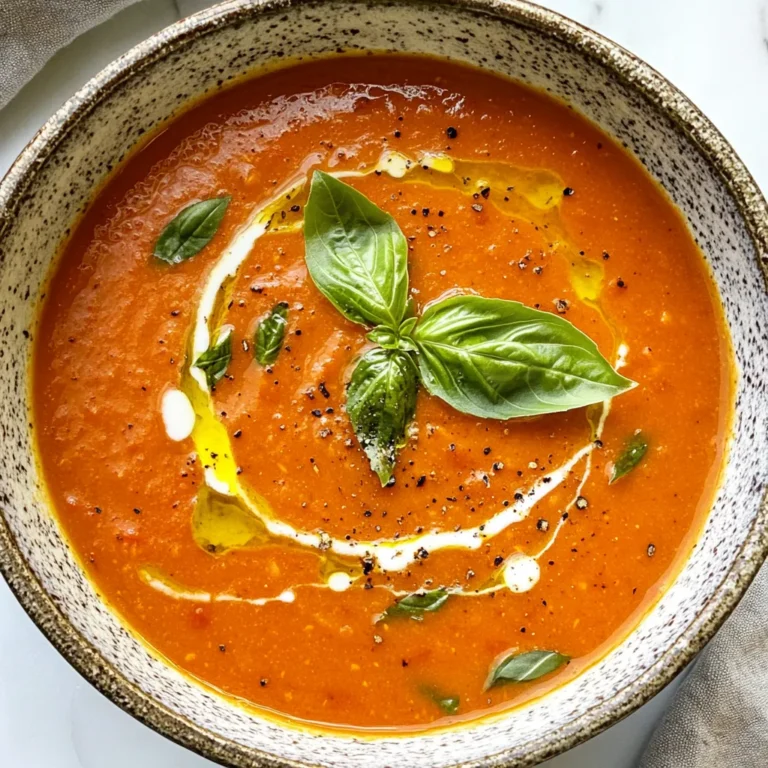 - 2 pounds ripe tomatoes, halved - 1 large onion, quartered - 4 cloves garlic, unpeeled - 2 tablespoons olive oil - 1 teaspoon salt - ½ teaspoon black pepper - 1 teaspoon dried basil - 2 cups vegetable broth - 1 teaspoon sugar (optional, to balance acidity) - Fresh basil leaves for garnish - A splash of heavy cream for serving You can swap fresh tomatoes for canned ones. Use one 28-ounce can of whole tomatoes. If you don’t have fresh basil, try dried basil instead. You can also use chicken broth if you aren't making it vegan. For a creamier soup, coconut milk works well as a non-dairy option. {{ingredient_image_1}} Start by gathering all your ingredients. You will need: - 2 pounds ripe tomatoes, halved - 1 large onion, quartered - 4 cloves garlic, unpeeled - 2 tablespoons olive oil - 1 teaspoon salt - ½ teaspoon black pepper - 1 teaspoon dried basil - 1 teaspoon sugar (optional) - 2 cups vegetable broth - Fresh basil leaves for garnish - Optional: a splash of heavy cream for serving Next, preheat your oven to 400°F (200°C). This step is key for roasting. Place the halved tomatoes, quartered onion, and unpeeled garlic on a large baking sheet. Arrange the tomatoes cut-side up. Drizzle the olive oil over the veggies. Sprinkle the salt, black pepper, dried basil, and sugar if you want. Toss gently to coat everything. Roast in the oven for about 30-35 minutes. Look for caramelized tomatoes and soft onions. This is when the magic happens! When done, take the sheet out and let it cool slightly. Squeeze the roasted garlic out of its skin into a blender. Add the roasted tomatoes and onions. Pour in any juices from the baking sheet too. Add the vegetable broth and blend until smooth. If it seems too thick, add more broth until you like the texture. Taste your soup and adjust the seasoning if you need to. For a richer flavor, mix in a splash of heavy cream. Heat the soup in a pot over medium heat until warm. Serve hot. Garnish each bowl with fresh basil leaves. Enjoy your tasty roasted tomato soup! To make your soup even tastier, try these tips: - Add fresh herbs: Fresh basil adds brightness. Chop some and stir in before serving. - Experiment with spices: A dash of chili powder gives a nice kick. Try a pinch of smoked paprika for a smoky taste. - Use good quality broth: A rich vegetable broth can boost the flavor. Homemade broth is the best choice. Sometimes, things don't go as planned. Here’s how to fix common problems: - Soup too thick: If your soup is thick, add more broth. Blend again until smooth. - Too acidic: If your soup tastes too sharp, stir in a bit of sugar. This balances the flavors well. - Unbalanced flavor: Taste your soup before serving. If it needs more salt or pepper, add a little at a time. Make your soup look as good as it tastes with these ideas: - Use rustic bowls: Serve in large, colorful bowls for a homey feel. - Drizzle with olive oil: A light drizzle on top adds shine and flavor. - Garnish with fresh basil: Place a few fresh basil leaves on top. This adds color and freshness. These tips will help you create a beautiful and delicious roasted tomato soup. Enjoy the process! Pro Tips Use Ripe Tomatoes: The quality of your tomatoes will greatly affect the flavor of your soup. Choose ripe, in-season tomatoes for the best taste. Roast for Maximum Flavor: Roasting the vegetables enhances their sweetness and depth of flavor. Don’t skip this step! Adjust Consistency: If you prefer a thinner soup, gradually add more vegetable broth until you reach your desired consistency. Garnish for Presentation: A drizzle of olive oil or a splash of heavy cream adds a beautiful finish and extra richness to your dish. {{image_2}} To make a creamy roasted tomato soup, simply add a splash of heavy cream. This small step makes the soup rich and smooth. After blending the roasted veggies, pour in the cream and mix well. You can also adjust the cream amount based on your taste. If you want extra creaminess, use more cream. It blends well with the roasted flavors. If you like some heat, try the spicy roasted tomato soup. Add red pepper flakes or a chopped jalapeño before roasting. This gives your soup a nice kick. You can also add hot sauce when blending. Taste it first and add more if needed. This spicy twist pairs well with the sweet tomatoes. Tomato basil soup is a classic. To make this version, add fresh basil leaves while blending. The fresh basil adds a bright flavor. Serve the soup with a grilled cheese sandwich for a cozy meal. The gooey cheese and warm soup create a perfect match. You can use any bread and cheese you like for the sandwich. Enjoy your meal with this simple yet delightful pairing. You can store leftover soup in the fridge. Place it in an airtight container. It stays fresh for up to five days. Make sure to cool the soup first before sealing it. This step helps keep the soup tasty and safe. Want to save some for later? You can freeze the soup. Pour it into freezer-safe bags or containers. Leave some space at the top since the soup expands when frozen. It can last up to three months in the freezer. When ready to eat, thaw it in the fridge overnight. To enjoy your soup again, reheat it on the stove. Pour the soup into a pot and warm it over medium heat. Stir it often to avoid sticking. If it's too thick, add more broth to reach your preferred consistency. You can also use the microwave. Heat it in short bursts, stirring in between. Always check the temperature before serving. Yes, you can use canned tomatoes. Select high-quality canned whole or diced tomatoes. Drain them if you want a thicker soup. Canned tomatoes save time and still give great taste. Add them with the same seasonings as fresh tomatoes. To make this soup vegan, use vegetable broth. The other ingredients are already vegan-friendly. Skip the heavy cream if you want. You can add cashew cream or coconut milk for creaminess. This way, you keep the flavor and texture. Roasted tomato soup pairs well with many sides. Here are a few tasty options: - Grilled cheese sandwiches - Crusty bread or baguette - A fresh garden salad - Garlic bread These sides add texture and flavor to your meal. Try different pairings to find your favorite! This blog post covered key steps to make delicious roasted tomato soup. We explored main ingredients and optional ones to boost flavor. I've shared easy preparation steps, roasting techniques, and blending tips. You learned about flavor-enhancing tricks and common issues to avoid. Variations like creamy or spicy options add fun. Finally, I shared storage tips for freshness. Keep experimenting with flavors and enjoy your soup!