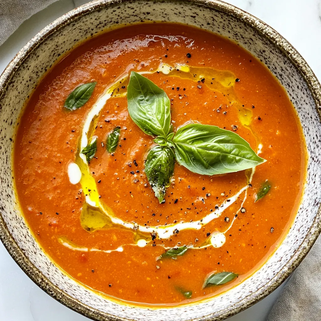 - 2 pounds ripe tomatoes, halved - 1 large onion, quartered - 4 cloves garlic, unpeeled - 2 tablespoons olive oil - 1 teaspoon salt - ½ teaspoon black pepper - 1 teaspoon dried basil - 2 cups vegetable broth - 1 teaspoon sugar (optional, to balance acidity) - Fresh basil leaves for garnish - A splash of heavy cream for serving You can swap fresh tomatoes for canned ones. Use one 28-ounce can of whole tomatoes. If you don’t have fresh basil, try dried basil instead. You can also use chicken broth if you aren't making it vegan. For a creamier soup, coconut milk works well as a non-dairy option. {{ingredient_image_1}} Start by gathering all your ingredients. You will need: - 2 pounds ripe tomatoes, halved - 1 large onion, quartered - 4 cloves garlic, unpeeled - 2 tablespoons olive oil - 1 teaspoon salt - ½ teaspoon black pepper - 1 teaspoon dried basil - 1 teaspoon sugar (optional) - 2 cups vegetable broth - Fresh basil leaves for garnish - Optional: a splash of heavy cream for serving Next, preheat your oven to 400°F (200°C). This step is key for roasting. Place the halved tomatoes, quartered onion, and unpeeled garlic on a large baking sheet. Arrange the tomatoes cut-side up. Drizzle the olive oil over the veggies. Sprinkle the salt, black pepper, dried basil, and sugar if you want. Toss gently to coat everything. Roast in the oven for about 30-35 minutes. Look for caramelized tomatoes and soft onions. This is when the magic happens! When done, take the sheet out and let it cool slightly. Squeeze the roasted garlic out of its skin into a blender. Add the roasted tomatoes and onions. Pour in any juices from the baking sheet too. Add the vegetable broth and blend until smooth. If it seems too thick, add more broth until you like the texture. Taste your soup and adjust the seasoning if you need to. For a richer flavor, mix in a splash of heavy cream. Heat the soup in a pot over medium heat until warm. Serve hot. Garnish each bowl with fresh basil leaves. Enjoy your tasty roasted tomato soup! To make your soup even tastier, try these tips: - Add fresh herbs: Fresh basil adds brightness. Chop some and stir in before serving. - Experiment with spices: A dash of chili powder gives a nice kick. Try a pinch of smoked paprika for a smoky taste. - Use good quality broth: A rich vegetable broth can boost the flavor. Homemade broth is the best choice. Sometimes, things don't go as planned. Here’s how to fix common problems: - Soup too thick: If your soup is thick, add more broth. Blend again until smooth. - Too acidic: If your soup tastes too sharp, stir in a bit of sugar. This balances the flavors well. - Unbalanced flavor: Taste your soup before serving. If it needs more salt or pepper, add a little at a time. Make your soup look as good as it tastes with these ideas: - Use rustic bowls: Serve in large, colorful bowls for a homey feel. - Drizzle with olive oil: A light drizzle on top adds shine and flavor. - Garnish with fresh basil: Place a few fresh basil leaves on top. This adds color and freshness. These tips will help you create a beautiful and delicious roasted tomato soup. Enjoy the process! Pro Tips Use Ripe Tomatoes: The quality of your tomatoes will greatly affect the flavor of your soup. Choose ripe, in-season tomatoes for the best taste. Roast for Maximum Flavor: Roasting the vegetables enhances their sweetness and depth of flavor. Don’t skip this step! Adjust Consistency: If you prefer a thinner soup, gradually add more vegetable broth until you reach your desired consistency. Garnish for Presentation: A drizzle of olive oil or a splash of heavy cream adds a beautiful finish and extra richness to your dish. {{image_2}} To make a creamy roasted tomato soup, simply add a splash of heavy cream. This small step makes the soup rich and smooth. After blending the roasted veggies, pour in the cream and mix well. You can also adjust the cream amount based on your taste. If you want extra creaminess, use more cream. It blends well with the roasted flavors. If you like some heat, try the spicy roasted tomato soup. Add red pepper flakes or a chopped jalapeño before roasting. This gives your soup a nice kick. You can also add hot sauce when blending. Taste it first and add more if needed. This spicy twist pairs well with the sweet tomatoes. Tomato basil soup is a classic. To make this version, add fresh basil leaves while blending. The fresh basil adds a bright flavor. Serve the soup with a grilled cheese sandwich for a cozy meal. The gooey cheese and warm soup create a perfect match. You can use any bread and cheese you like for the sandwich. Enjoy your meal with this simple yet delightful pairing. You can store leftover soup in the fridge. Place it in an airtight container. It stays fresh for up to five days. Make sure to cool the soup first before sealing it. This step helps keep the soup tasty and safe. Want to save some for later? You can freeze the soup. Pour it into freezer-safe bags or containers. Leave some space at the top since the soup expands when frozen. It can last up to three months in the freezer. When ready to eat, thaw it in the fridge overnight. To enjoy your soup again, reheat it on the stove. Pour the soup into a pot and warm it over medium heat. Stir it often to avoid sticking. If it's too thick, add more broth to reach your preferred consistency. You can also use the microwave. Heat it in short bursts, stirring in between. Always check the temperature before serving. Yes, you can use canned tomatoes. Select high-quality canned whole or diced tomatoes. Drain them if you want a thicker soup. Canned tomatoes save time and still give great taste. Add them with the same seasonings as fresh tomatoes. To make this soup vegan, use vegetable broth. The other ingredients are already vegan-friendly. Skip the heavy cream if you want. You can add cashew cream or coconut milk for creaminess. This way, you keep the flavor and texture. Roasted tomato soup pairs well with many sides. Here are a few tasty options: - Grilled cheese sandwiches - Crusty bread or baguette - A fresh garden salad - Garlic bread These sides add texture and flavor to your meal. Try different pairings to find your favorite! This blog post covered key steps to make delicious roasted tomato soup. We explored main ingredients and optional ones to boost flavor. I've shared easy preparation steps, roasting techniques, and blending tips. You learned about flavor-enhancing tricks and common issues to avoid. Variations like creamy or spicy options add fun. Finally, I shared storage tips for freshness. Keep experimenting with flavors and enjoy your soup!