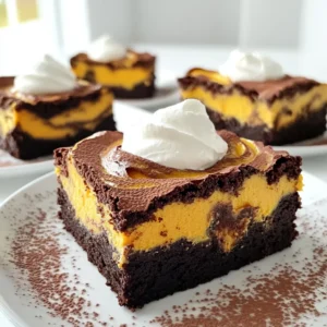 - 1 cup unsalted butter - 2 cups granulated sugar - 4 large eggs - 1 teaspoon vanilla extract - 1 cup all-purpose flour - 1 cup unsweetened cocoa powder - 1/2 teaspoon baking powder - 1/4 teaspoon salt - 1 cup canned pumpkin puree - 1 teaspoon pumpkin spice blend - 8 ounces cream cheese - 1/2 cup powdered sugar You can swap unsalted butter for coconut oil or margarine. If you want a lower-sugar option, try using a sugar substitute like Stevia or monk fruit. For the pumpkin puree, you can also use homemade puree made from roasted pumpkin. Just blend it until smooth. Use high-quality cocoa powder for the best flavor. Look for Dutch-processed cocoa for a richer taste. When choosing cream cheese, select a full-fat variety for a creamy texture. Avoid low-fat cream cheese, as it can make the cheesecake less rich and flavorful. - Preheat your oven to 350°F (175°C). - Grease a 9x13 inch baking pan. Line it with parchment paper. Leave some overhang to lift the brownies out later. - In a large bowl, whisk the melted butter and sugar until smooth. - Add the eggs, one by one. Mix well after each. Stir in the vanilla extract. - In a separate bowl, sift the flour, cocoa powder, baking powder, and salt. - Gradually add the dry mix to the wet mix. Stir until just combined. - In another bowl, mix the pumpkin puree and pumpkin spice. - Add the softened cream cheese and mix until smooth. - Gradually stir in the powdered sugar. The mix should be creamy and well combined. - Pour half of the brownie batter into the prepared pan. Spread it evenly. - Drop spoonfuls of the pumpkin cheesecake mix over the brownie base. - Add the remaining brownie batter on top. Use a knife to swirl the two mixes. Create a marble effect. - Bake for 30-35 minutes. - Use a toothpick to test doneness. It should come out with a few moist crumbs. - Remove from the oven and cool for about 10 minutes. - Lift the brownies out using the parchment paper. Cool completely on a wire rack before slicing. To get a great swirl in your brownies, use a knife or toothpick. Gently drag it through the brownie and pumpkin mixes. Do this in a figure-eight motion for the best results. This creates a lovely marbled look. Avoid overmixing, or you will lose that nice swirl. Just a few gentle strokes will do. You can take these brownies up a notch by adding nuts or chocolate chips. Chopped walnuts or pecans work well here. They add a nice crunch to each bite. You can also sprinkle chocolate chips on top before baking for extra sweetness. Serving these brownies with a dollop of whipped cream really elevates them. It adds a light, creamy touch that balances the rich flavor. One big mistake is overbaking the brownies. Keep an eye on them in the oven. They should be soft in the center when done. Use a toothpick to check. It should come out with a few moist crumbs but not wet batter. Another mistake is mismeasuring your ingredients. Always use the correct measuring cups for dry and wet ingredients. This step ensures your brownies turn out just right every time. {{image_2}} You can change the taste of these brownies by adding different spices. Try using nutmeg or ginger for a warm flavor. You can also swap in chocolate or white chocolate for a fun twist. Mix in chocolate chips for extra richness or use white chocolate to brighten the dessert. If you want gluten-free brownies, use almond flour instead of all-purpose flour. This will keep the texture rich and tasty. For a vegan option, replace the eggs with flaxseed meal mixed with water. Use a plant-based cream cheese to keep the cheesecake filling creamy and rich. These brownies taste great with a scoop of vanilla ice cream. The cold creaminess pairs well with the warm brownies. You can also garnish them with a sprinkle of cocoa powder or powdered sugar. Add a dollop of whipped cream for an extra treat. Enjoy these brownies on special occasions or just because! To keep your pumpkin cheesecake swirl brownies fresh, choose the right storage method. I recommend placing them in an airtight container. This method keeps them moist and delicious. If you store them at room temperature, they last about 3 to 4 days. If you want them to last longer, put them in the fridge. They can stay fresh for up to a week in the refrigerator. Just remember to let them come to room temperature before serving for the best taste. Freezing brownies is a great way to save some for later. To freeze them, first cool the brownies completely. Then, cut them into squares. Wrap each square tightly in plastic wrap. For extra protection, place the wrapped brownies in a freezer bag or container. This method prevents freezer burn. They can last for up to three months in the freezer. When you are ready to enjoy, remove them from the freezer. Let them thaw in the fridge overnight or at room temperature for a few hours. Enjoy your delicious treat any time! To cut brownies cleanly, follow these tips: - Use a sharp knife. - Heat the knife in hot water, then dry it. - Make one smooth cut for each piece. - Wipe the knife after each cut to keep it clean. This method helps avoid messy edges and makes your brownies look great. Yes, you can make these brownies ahead of time. Here are some best practices: - Bake the brownies and let them cool fully. - Store them in an airtight container at room temperature. - They will stay fresh for about 3 days. - You can also freeze them for longer storage. Just wrap each brownie in plastic wrap, then place in a freezer bag. To check if your brownies are done, look for these signs: - The edges will pull away from the pan slightly. - The top will look set and might have a shiny finish. - Insert a toothpick in the center; it should come out with a few moist crumbs. If it comes out clean, they may be overbaked. Yes, you can use fresh pumpkin! Here’s how to prepare it: - Cut a small pumpkin in half and scoop out the seeds. - Roast the halves cut-side down in the oven at 350°F for about 45 minutes. - Once soft, scoop out the flesh and blend it until smooth. Make sure to measure it out to match the canned amount. For toppings, consider these tasty options: - Whipped cream adds a light touch. - A sprinkle of cinnamon gives warmth. - Chopped nuts like walnuts or pecans add crunch. - Drizzle with caramel sauce for extra sweetness. These toppings enhance the flavors and make the treat even more special. In this article, we explored how to make pumpkin cheesecake swirl brownies. We discussed the ingredients needed, steps for preparation, and tips for success. I shared ways to swap ingredients, enhance flavors, and avoid common mistakes. Plus, we covered storage tips to keep your brownies fresh. These brownies make a delicious treat for any season. Enjoy baking and sharing these tasty desserts! Your friends and family will love them.
