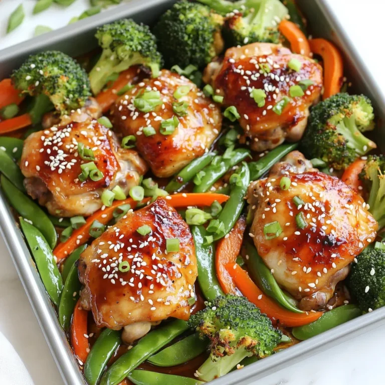 For this tasty dish, you'll need: - 1.5 lbs boneless, skinless chicken thighs - 2 cups broccoli florets - 1 red bell pepper, sliced - 1 carrot, thinly sliced - 1 cup snap peas These ingredients bring great flavors and textures to your meal. The chicken thighs stay juicy and tender, while the veggies add crunch and color. The right seasonings make a big difference. Here are the must-haves: - 1 cup teriyaki sauce - 3 tablespoons olive oil - 2 cloves garlic, minced - 1 teaspoon ginger, minced - Salt and pepper, to taste The teriyaki sauce gives a sweet and salty taste. Olive oil helps the veggies roast nicely. Garlic and ginger add depth and warmth to the dish. Garnishes can make your dish look even better. Use these: - 2 tablespoons sesame seeds - Chopped green onions Sprinkling sesame seeds and green onions on top makes the meal pop. It adds a nice crunch and fresh flavor right before you serve it! {{ingredient_image_1}} Start by mixing the teriyaki sauce, minced garlic, minced ginger, and a bit of salt and pepper in a bowl. This blend gives your chicken a rich flavor. Place the chicken thighs in a large bag or dish. Pour half of the marinade over the chicken. Seal the bag or cover the dish. Let it marinate in the fridge for at least 30 minutes. If you have time, let it sit for up to 2 hours. This longer marinating time really boosts the flavor. While your chicken is soaking up the flavors, prepare the veggies. Use a large bowl to mix the broccoli florets, sliced red bell pepper, thinly sliced carrot, and snap peas. Drizzle with olive oil, and sprinkle with salt and pepper. Toss them well until they are coated. This step ensures that each bite has a nice taste and texture. Preheat your oven to 400°F (200°C). Line a large sheet pan with parchment paper or foil for easy cleanup. Arrange the marinated chicken on one side of the pan and the veggies on the other. Drizzle the remaining teriyaki sauce over the chicken. Roast in the oven for 25-30 minutes. The chicken should reach 165°F (75°C) and the veggies should be tender. Once done, you can drizzle more teriyaki sauce if you like. Garnish with sesame seeds and chopped green onions before serving. Let it rest for a few minutes to cool down before you dig in. To get juicy chicken, always use thighs. They have more fat than breasts. Marinate the chicken for at least 30 minutes. This helps the meat soak up the flavor. If you can, marinate for two hours. The longer, the better! When baking, check the chicken's temperature with a thermometer. It should reach 165°F (75°C). This ensures it’s safe to eat and perfectly cooked. For crispy veggies, cut them evenly. This helps them cook at the same rate. Toss the vegetables with olive oil, salt, and pepper. This adds flavor and aids in crispiness. Arrange the veggies in a single layer on the pan. Crowding them can lead to steaming instead of roasting. Roast them alongside the chicken for 25-30 minutes. This timing will make them tender yet crunchy. You can easily change the teriyaki flavor! Start with a good base. Use store-bought sauce or make your own. To enhance the taste, add more garlic or ginger. A splash of lime juice can give it a fresh kick. If you like heat, add some red pepper flakes. This will spice things up. Adjust the sweetness by adding honey or brown sugar. Tailor it to your taste! Pro Tips Marination Time: The longer you marinate the chicken, the more flavorful it will be. Aim for at least 2 hours if you have time to spare! Veggie Variations: Feel free to mix and match your favorite vegetables. Asparagus, zucchini, or bell peppers can work beautifully in this dish. Sheet Pan Lining: Lining your sheet pan with parchment paper or foil not only makes cleanup a breeze but also helps prevent sticking. Serving Suggestions: Serve this dish over rice or quinoa for a complete meal. Garnish with additional sesame seeds and green onions for extra flavor. {{image_2}} You can switch out chicken thighs for other meats. Try boneless chicken breasts for a leaner option. Pork tenderloin works well too. If you like beef, use thinly sliced flank steak. For a plant-based meal, try tofu or tempeh. These options soak up the teriyaki sauce nicely, giving you great flavor. You can change the veggies based on what’s in season. In spring, use asparagus and snap peas. In summer, add zucchini and bell peppers. Fall brings great options like squash and Brussels sprouts. Winter veggies like carrots and kale also add color and taste. Mix and match according to what you enjoy and what’s fresh. Making your own teriyaki sauce is simple and fun. Here’s a quick recipe: - 1/2 cup soy sauce - 1/4 cup honey or brown sugar - 1/4 cup rice vinegar - 2 cloves garlic, minced - 1 teaspoon minced ginger - 1 tablespoon cornstarch mixed with 2 tablespoons water (for thickening) Combine all the ingredients in a pot. Cook over medium heat until it simmers. Add the cornstarch mix to thicken. Let it cool before using. This sauce is easy to tweak for your taste! After your meal, let the dish cool down. Place leftover chicken and veggies in an airtight container. Store it in the fridge for up to three days. Keeping it sealed helps to lock in the flavors. If you used homemade teriyaki sauce, the taste will stay fresh longer. To reheat, use an oven or a stovetop. Preheat your oven to 350°F (175°C). Place the chicken and veggies on a baking sheet. Cover them with foil to keep them moist. Heat for about 15-20 minutes. Check that the chicken reaches 165°F (75°C) again. If using a stovetop, warm them in a pan over medium heat. Stir occasionally to heat evenly. You can freeze leftovers to enjoy later. Place the chicken and veggies in a freezer-safe bag. Squeeze out as much air as possible before sealing. They can last up to three months in the freezer. When ready to eat, thaw in the fridge overnight. Reheat using the oven or stovetop for the best flavor. Yes, you can use chicken breast. Chicken thighs add more flavor and stay juicier. If you choose breasts, reduce cooking time. Check the internal temperature to reach 165°F. You can use many vegetables. Zucchini, asparagus, or bell peppers work well. Use what you have on hand. Just keep the cooking time in mind for each vegetable. To make this dish gluten-free, use a gluten-free teriyaki sauce. Many brands offer gluten-free options. Always check the label to ensure it is safe for you. Yes, you can prepare the chicken and veggies ahead. Marinate the chicken for up to 2 hours. Chop the veggies and store them in the fridge. Just bake them when ready to eat. You learned how to make sheet pan teriyaki chicken from start to finish. We covered key ingredients, preparation, and cooking methods. I shared tips for juicy chicken and crisp veggies. You can customize the dish with different proteins and sauces, too. Proper storage keeps leftovers tasty. Remember, cooking is fun. Enjoy your meal and share it with friends. You’ll impress them with your skills!