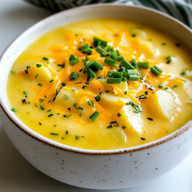 To make this Cheddar Garlic Herb Potato Soup, you will need: - 4 medium russet potatoes, peeled and diced - 4 cups vegetable broth - 1 cup sharp cheddar cheese, grated - 1 medium onion, diced - 4 cloves garlic, minced - 1 cup heavy cream - 2 tablespoons olive oil - 1 teaspoon dried thyme - 1 teaspoon dried rosemary - Salt and pepper to taste - Chopped fresh chives for garnish - Potatoes: Russet potatoes give a great texture. You can use Yukon Gold for a creamier taste. - Cheddar cheese: Sharp cheddar adds flavor. Feel free to use mild cheddar or even pepper jack for a kick. - Vegetable broth: Use chicken broth for more depth. Homemade broth is always a tasty option. - Heavy cream: Swap it for half-and-half or coconut cream for a lighter soup. - Herbs: Fresh herbs can be used instead of dried. Try fresh thyme or rosemary for more flavor. When picking produce, check for these tips: - Potatoes: Choose firm potatoes with no sprouts. Avoid soft spots. - Onions: Look for onions that are dry and firm. They should feel heavy for their size. - Garlic: Select heads that are firm with no soft cloves. Fresh garlic has a strong scent. - Chives: Go for bright green chives. They should be crisp and not wilted. Using fresh ingredients makes a big difference in taste. Enjoy the process of selecting your ingredients! {{ingredient_image_1}} To make this tasty soup, start by heating olive oil in a large pot over medium heat. Add the diced onions and cook until they are soft, about 5 minutes. Then, stir in the minced garlic and let it cook for one more minute. This makes the kitchen smell great! Next, add the diced potatoes and the vegetable broth. Bring this mix to a boil, then lower the heat and let it simmer for about 15 to 20 minutes. The potatoes should be tender when you poke them with a fork. Once the potatoes are ready, grab your immersion blender. Blend the soup until it is smooth. If you want some chunks, blend only half of it. After blending, stir in the heavy cream and grated cheddar cheese. Toss in the dried thyme and rosemary, then add salt and pepper to taste. Let the soup simmer on low heat for about 5 minutes. This allows the flavors to blend nicely. Finally, serve the soup hot and sprinkle chopped chives on top for a fresh touch. Using an immersion blender is super easy. You can blend the soup right in the pot. This saves you time and cuts down on dishes. Just be careful not to splash! A traditional blender works too, but you need to let the soup cool a bit before blending. Hot soup can be dangerous in a blender. If you choose a traditional blender, do it in batches to avoid overflow. If you like a thick soup, blend it well until smooth. For a chunkier texture, blend only part of the soup. You can also add more broth if it’s too thick for your taste. Always taste the soup before serving. Adjust the thickness to what you like best. Making it just right makes the soup even better! To make your Cheddar Garlic Herb Potato Soup even more savory, use sharp cheddar cheese. It adds depth. Fresh herbs, like thyme and rosemary, boost the taste too. Always sauté onions and garlic in olive oil first. This step brings out their sweet flavors. If you want a touch of spice, add a pinch of red pepper flakes. Store leftover soup in a sealed container. It keeps well in the fridge for up to three days. When you're ready to enjoy it again, reheat on the stove over low heat. Stir it often to ensure even warming. If the soup thickens, add a splash of broth or cream to loosen it. Avoid overcooking the potatoes. They should be tender, but not mushy. If you prefer a chunkier soup, blend just half of it. Be careful with the seasoning. Taste as you go, and add salt and pepper gradually. Lastly, don’t skip the fresh chives on top. They add a fresh burst of flavor that makes the soup shine. Pro Tips Use Fresh Herbs: Fresh herbs like thyme and rosemary can elevate the flavor of your soup significantly compared to dried ones. Adjust Consistency: If you prefer a creamier texture, add more heavy cream or blend the soup longer for a smoother finish. Cheese Choices: Experiment with different types of cheese, such as Gruyère or Gouda, for a unique flavor profile. Garnish Wisely: Adding crispy bacon or croutons along with chives can add texture and enhance the overall taste of the soup. {{image_2}} You can boost this soup's nutrition easily. Consider adding some of these options: - Carrots: Dice and add them with the potatoes. - Spinach: Stir in fresh spinach at the end for a pop of color. - Chickpeas: Add canned chickpeas for protein and fiber. - Broccoli: Steam and chop, then mix in for extra vitamins. These add-ins not only enhance nutrition but also add exciting flavors. Making this soup vegan is simple. Here’s how: - Replace cheese: Use a dairy-free cheese or nutritional yeast for a cheesy flavor. - Cream swap: Use coconut milk or cashew cream instead of heavy cream. - Broth choice: Ensure your vegetable broth is vegan-friendly. These swaps help you enjoy the soup without dairy. Herbs and spices can change the soup's flavor profile. Try these ideas: - Basil or parsley: Fresh herbs add brightness. - Cumin: A dash of cumin gives warmth. - Cayenne pepper: For a kick, sprinkle some in. - Smoked paprika: This adds depth and a hint of smokiness. Experimenting with herbs makes each bowl unique and delightful. After enjoying your Cheddar Garlic Herb Potato Soup, cool it down. Transfer the soup into an airtight container. Make sure to leave some space at the top for expansion. Seal it tight to keep out air. Store it in your fridge for up to three days. This helps keep the flavors fresh and tasty. If you want to save some soup for later, freezing is a great option. First, let the soup cool completely. Then, pour it into freezer-safe bags or containers. Remember to leave space for expansion. Label the bags with the date. You can freeze the soup for up to three months. When you’re ready to eat, just thaw it in the fridge overnight. When stored properly, your soup stays good in the fridge for three days. If you freeze it, it lasts for three months. Always check for off smells or changes in texture before eating. If anything seems off, it’s best to toss it out. Enjoy your creamy, cheesy soup while it's fresh for the best taste! Yes, you can make this soup ahead of time. It actually tastes better the next day. Cook the soup, let it cool, and store it in the fridge. Just reheat it on the stove when you’re ready to eat. If it’s too thick, add a splash of broth or cream to thin it out. This soup pairs well with many sides. You can serve it with crusty bread or grilled cheese. A fresh salad also complements the soup nicely. If you want a bit of crunch, add some crispy bacon bits or croutons on top. Yes, you can use different types of cheese. If you want a milder flavor, use mild cheddar. For a stronger taste, try smoked gouda or pepper jack. Feel free to mix cheeses for a unique flavor. Just remember to adjust the amount based on how strong you want the cheese flavor to be. This blog post covered everything you need for Cheddar Garlic Herb Potato Soup. We explored the key ingredients, cooking steps, and helpful tips. You now know how to pick fresh produce and avoid common mistakes. You also learned about different ways to adapt the soup and store it properly. Cooking is fun, and this soup is easy to make. Enjoy experimenting with flavors and share your creations!